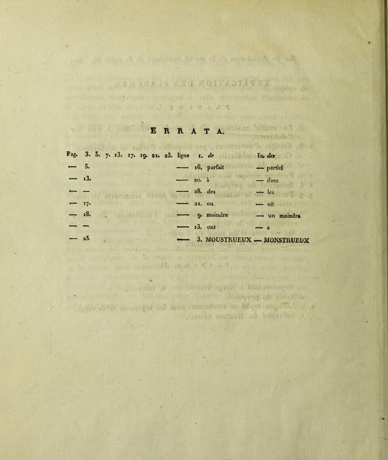 errata. 3. 5. 7. i3. 17. ig. au a3. ligne 1. de 5. i3. *7* ï8. ï6. parfait 20. à 28. des 21. ou 9. moindre i3. ont lis. des -— partiel — dans — les ' ' £ * ofi — un moindre — a *5 — 3. MOUSTRUEUX — MONSTRUEUX