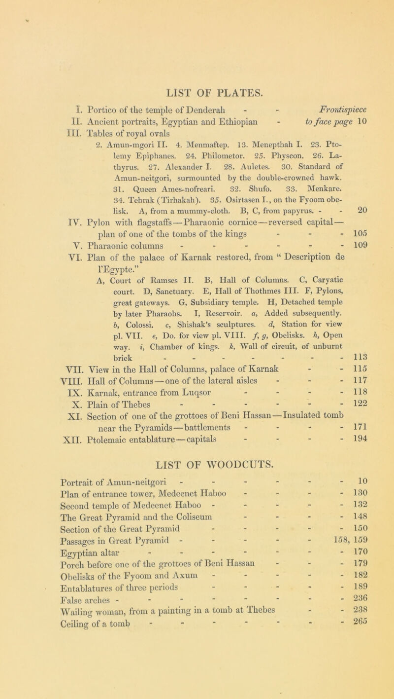 LIST OF PLATES. I. Portico of the temple of Denderah - - Frontispiece II. Ancient portraits, Egyptian and Ethiopian - to face page 10 III. Tables of royal ovals 2. Amun-mgori II. 4. Menmaftep. 13. Menepthah I. 23. Pto- lemy Epiphanes. 24. Philometor. 25. Physcon. 26. La- thyrus. 27. Alexander I. 28. Aulctes. 30. Standard of Amun-neitgori, surmounted by the double-crowned hawk. 31. Queen Ames-nofreari. 32. Shufo. 33. Menkare. 34. Tehrak (Tirhakah). 35. Osirtasen I., on the Fyoom obe- lisk. A, from a mummy-cloth. B, C, from papyrus. - - 20 IV. Pylon with flagstaffs — Pharaonic cornice—reversed capital — plan of one of the tombs of the kings - - - 105 V. Pharaonic columns ------ 109 VI. Plan of the palace of Karnak restored, from “ Description de 1’Egypte.” A, Court of Ramses II. B, Hall of Columns. C, Caryatic court. D, Sanctuary. E, Hall of Thothmes III. F, Pylons, great gateways. G, Subsidiary temple. H, Detached temple by later Pharaohs. I, Reservoir, a, Added subsequently. b, Colossi. c, Shishak’s sculptures. d, Station for view pi. VII. e. Do. for view pi. VIII. f, g, Obelisks, li, Open way. i, Chamber of kings, k, Wall of circuit, of unburnt brick - - - - - - -113 VII. View in the Hall of Columns, palace of Karnak - - 115 VIII. Hall of Columns — one of the lateral aisles - - - 117 IX. Karnak, entrance from Luqsor - - - - 118 X. Plain of Thebes 122 XI. Section of one of the grottoes of Beni Ilassan—Insulated tomb near the Pyramids—battlements - - - - 171 XII. Ptolemaic entablature—capitals - - - - 194 LIST OF WOODCUTS. Portrait of Amun-neitgori Plan of entrance tower, Medeenet Haboo - - - - 130 Second temple of Medeenet Haboo - - - - - 132 The Great Pyramid and the Coliseum - - - - 148 Section of the Great Pyramid ----- 150 Passages in Great Pyramid - - - - - 158, 159 Egyptian altar - - - ■ ~ ■ -170 Porch before one of the grottoes of Beni Ilassan - - - 179 Obelisks of the Fyoom and Axum - - - - - 182 Entablatures of three periods - - - - - 189 False arches -------- 236 Wailing woman, from a painting in a tomb at Thebes - - 238 Ceiling of a tomb - - -  ' - - 265