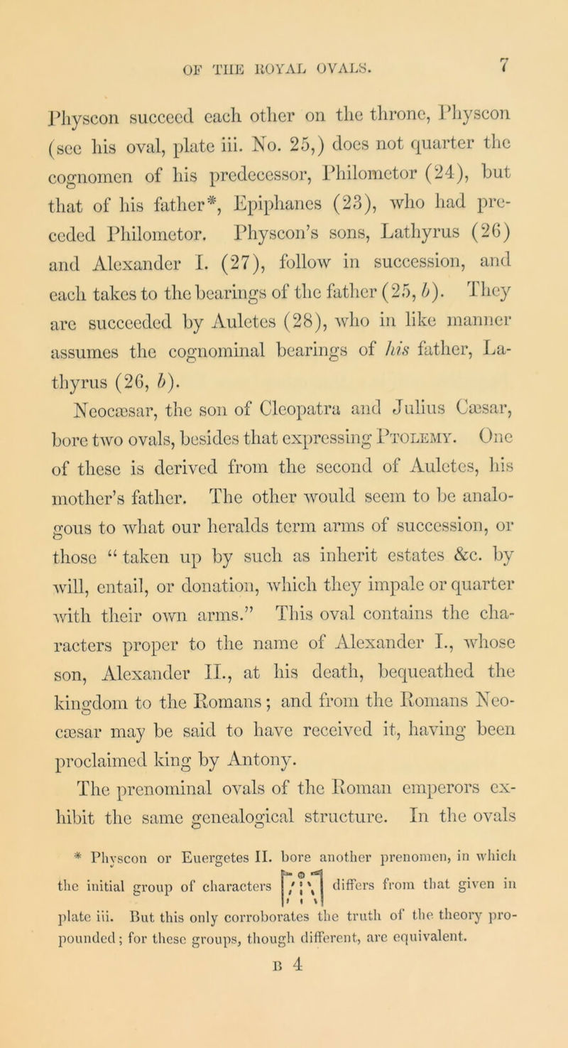 Pliyscon succeed each other on the throne, Pliyscon (sec his oval, plate iii. No. 25,) does not quarter the cognomen of his predecessor, Philometor (24), but that of his father*, Epiphanes (23), who had pre- ceded Philometor. Physcon’s sons, Lathyrus (2G) and Alexander I. (27), follow in succession, and each takes to the bearings of the father (25, b). They arc succeeded by Auletes (28), who in like manner assumes the cognominal bearings of his father, La- thyrus (26, h). Ncocscsar, the son of Cleopatra and Julius Ctesar, bore two ovals, besides that expressing Ptolemy. One of these is derived from the second of Auletes, his mother’s father. The other would seem to be analo- gous to what our heralds term arms of succession, or O those “ taken up by such as inherit estates &c. by will, entail, or donation, which they impale or quarter with their own arms.” This oval contains the cha- racters proper to the name of Alexander I., whose son, Alexander II., at his death, bequeathed the kingdom to the Romans; and from the Romans Neo- ca3sar may be said to have received it, having been proclaimed king by Antony. The pronominal ovals of the Roman emperors ex- hibit the same genealogical structure. In the ovals * Pliyscon or Euergetes II. bore another prenomen, in which the initial group of characters m differs from that given in plate iii. Rut this only corroborates the truth of the theory pro- pounded; for these groups, though different, are equivalent. B 4