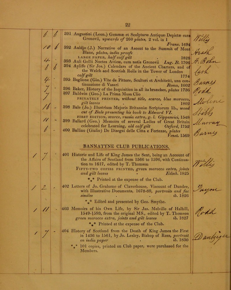 / y / • / / • / T / // - // / - / / - / z / % // / 1 * / 391 392 393 394 395 396 397 398 399 400 Augustini (Leon.) Gemm® et Sculptur® Antiqu® Depict® cur* Gronovii, upwards of 260 plates, 2 vol. in 1 Franc. 169-; Auldjo (J.) Narrative of an Ascent to the Summit of Mon Blanc, plates, India proofs large paper, half calf gilt . 1826 Auli Gellii Noctes Attic®, cum notis Gronovii Lug. B. 170£ Ayliffe (Sir Jos.) Calendars of the Ancient Charters, and the Welch and Scottish Rolls in the Tower of London calf gilt . . 1774 Baglione (Gio.) Vite de Pittore, Scultori et Architetti, una con tinuazione di Vasari . Roma, 1602 Baker, History of the Inquisition in all its branches, plates 1736 Baldwin (Geo.) La Prima Musa Clio privately printed, without title, scarce, Hue morocco, gilt leaves . . 1802 Bale (Jo.) Illustrium Majoris Britanni® Scriptorum lib., wood cut of Bale presenting his book to Edward VI. first edition, scarce, russia extra, g. 1. Gippeswici, 1548 Ballard (Geo.) Memoirs of several Ladies of Great Britain celebrated for Learning, old calf gilt Oxford, 1752 Ballino (Giulio) De Disegni delle Citta e Fortezze, plates Venet. 1569 BANNATYNE CLUB PUBLICATIONS. 401 Historic and Life of King James the Sext, being an Account of the Affairs of Scotland from 1566 to 1596, with Continua- tion to 1617, edited by T. Thomson Fifty-two copies printed, green morocco extra, joints and gilt leaves - Edinb. 1825 Printed at the expense of the Club. * * * with Illustrative Documents, 1678-89, portraits and fac similes . . ib. 1826 *Edited and presented by Geo. Smythe. 1549-1593, from the original MS., edited by T. Thomson green morocco extra, joints and gilt leaves ib. 1827 * * Printed at the expense of the Club. * * * in 1436 to 1561, by Jo. Lesley, Bishop of Ross, portrait on india paper . ib. 1830 101 copies, printed on Club paper, were purchased for the Members. j?