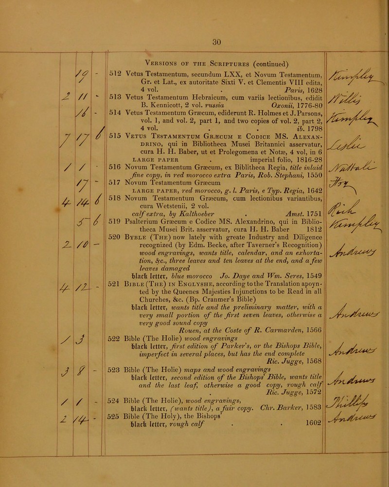 «— 7 - 512 2 // %. 513 // - 514 7 // / 515 / / - 516 '7 - 517 72 / 518 / 519 520 2- /z 521 y j 522 j / - 523 / / - 524 i 525 Versions of the Scriptures (continued) Vetus Testamentum, secundum LXX, et Novum Testamentum, Gr. et Lat., ex autoritate Sixti V. et dementis VIII edita, 4 vol. . Paris, 1628 Vetus Testamentum Hebraicum, cum variis lectionibus, edidit B. Kennicott, 2 vol. russia Oxonii, 1776-80 Vetus Testamentum Graecum, ediderunt R. Holmes et J. Parsons, vol. 1, and vol. 2, part 1, and two copies of vol. 2, part 2, 4 vol. . . ib. 1798 Vetus Testamentum Grjecum e Codice MS. Alexan- drino, qui in Bibliotheca Musei Britannici asservatur, cura H. H. Baber, ut et Prolegomena et Notae, 4 vol, in 6 LARGE PAPER . imperial folio, 1816-28 Novum Testamentum Graecum, ex Biblitheca Regia, title inlaid Jine copy, in red morocco extra Paris, Rob. Stephani, 1550 Novum Testamentum Graecum large paper, red morocco, g. 1. Paris, e Typ. Regia, 1642 Novum Testamentum Graecum, cum lectionibus variantibus, cura Wetstenii, 2 vol. calf extra, by Kalthoeber . Amst. 1751 Psalterium Graecum e Codice MS. Alexandrino, qui in Biblio- theca Musei Brit, asservatur, cura H. H. Baber 1812 Byble (The) now lately with greate Industry and Diligence recognized (by Edm. Becke, after Taverner’s Recognition) wood engravings, wants title, calendar, and an exhorta tion, <Src., three leaves and ten leaves at the end, and a few leaves damaged black letter, blue morocco Jo. Daye and Wm. Seres, 1549 Bible (The) in Englyshe, according to the Translation apoyn- ted by the Queenes Majesties Injunctions to be Read in all Churches, &c. (Bp. Cranmer’s Bible) black letter, wants title and the preliminary matter, with a very small portion of the first seven leaves, otherwise a very good sound copy Rouen, at the Coste of R. Carmarden, 1566 Bible (The Holie) wood engravings black letter, first edition of Parker s, or the Bishops Bible, imperfect in several places, but has the end complete Ric. Jugge, 1568 Bible (The Holie) maps and wood engravings black letter, second edition of the Bishops' Bible, wants title and the last leaf, otherwise a good copy, rough calf . Ric. Jugge, 1572 Bible (The Holie), wood engravings, black letter, (wants title), a fair copy. Chr. Barker, 1583 Bible (The Holy), the Bishops’ black letter, rough calf • • 1602 /