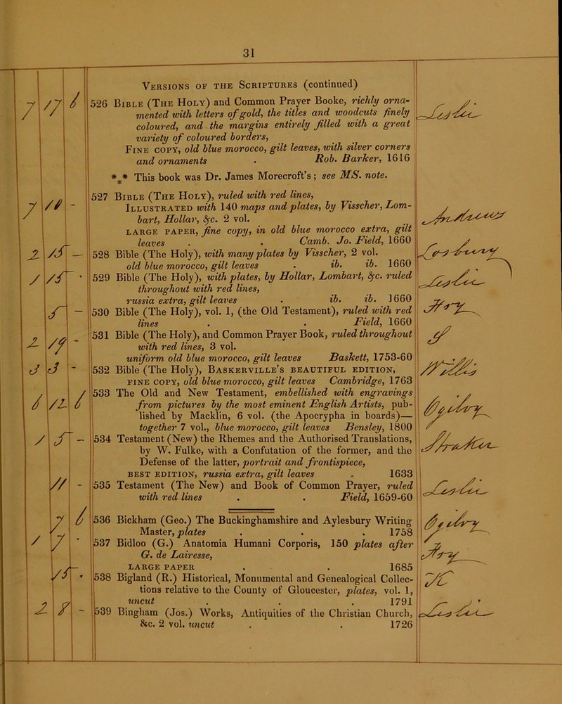 7\'7 / / // z /k /~ ^ // j \j /U. / / /■- '/ / / -21/ 31 Versions of the Scriptures (continued) 526 Bible (The Holy) and Common Prayer Booke, richly orna- mented with letters of gold, the titles and woodcuts finely coloured, and the margins entirely filled with a great variety of coloured borders, Fine copy, old blue morocco, gilt leaves, with silver corners and ornaments • Rob. Barlcer, 1616 * * This book was Dr. James Morecroft’s; see MS. note. 527 Bible (The Holy), ruled with red lines, Illustrated with 140 maps and plates, by Visscher, Lom- bart, Hollar, fyc. 2 vol. large paper, fine copy, in old blue morocco extra, gilt leaves . • Camb. Jo. Field, 1660 528 Bible (The Holy), with many plates by Visscher, 2 vol. old blue morocco, gilt leaves . ib. ib. 1660 529 Bible (The Holy), with plates, by Hollar, Lombart, Sfc. ruled throughout with red lines, russia extra, gilt leaves . ib. ib. 1660 530 Bible (The Holy), vol. 1, (the Old Testament), ruled with red lines . . Field, 1660 531 Bible (The Holy), and Common Prayer Book, ruled throughout with red lines, 3 vol. uniform old blue morocco, gilt leaves BasTcett, 1753-60 Bible (The Holy), Baskerville’s beautiful edition, fine copy, old blue morocco, gilt leaves Cambridge, 1763 The Old and New Testament, embellished with engravings from pictures by the most eminent English Artists, pub- lished by Macklin, 6 vol. (the Apocrypha in boards)— together 7 vol., blue morocco, gilt leaves Bensley, 1800 34 Testament (New) the Rhemes and the Authorised Translations, by W. Fulke, with a Confutation of the former, and the Defense of the latter, portrait and frontispiece, best edition, russia extra, gilt leaves . 1633 535 Testament (The New) and Book of Common Prayer, ruled with red lines . . Field, 1659-60 532 533 y 536 Bickham (Geo.) The Buckinghamshire and Aylesbury Writing Master, plates . . . 1758 537 Bidloo (G.) Anatomia Humani Corporis, 150 plates after G. de Lairesse, large paper . . 1685 538 Bigland (R.) Historical, Monumental and Genealogical Collec- tions relative to the County of Gloucester, plates, vol. 1, uncut . . . 1791 539 Bingham (Jos.) Works, Antiquities of the Christian Church,