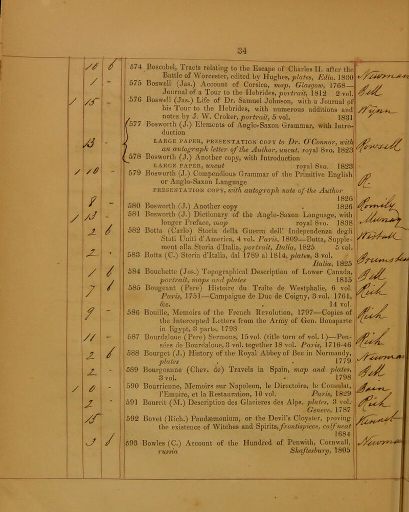 / / y sf / /S' Uf /# / yJ 2 J- / 7 / J / / / // y / y / 2 /r j / 574 Boscobel, Tracts relating to the Escape of Charles II. after tho Battle of Worcester, edited by Hughes, plates, Edin. 1830 575 Boswell (Jas.) Account of Corsica, map, Glasgoiv, 1768— Journal of a Tour to the Hebrides, portrait, 1812 2 vol. 576 Boswrell (Jas.) Life of Dr. Samuel Johnson, with a Journal of his Tour to the Hebrides, with numerous additions and notes by J. W. Croker, portrait, 5 vol. 1831 577 Bosworth (J.) Elements of Anglo-Saxon Grammar, with Intro- duction LARGE PAPER, PRESENTATION COPY to Dr. O'Connor, with an autograph letter of the Author, uncut, royal 8vo. 1823 578 Bosworth (J.) Another copy, with Introduction large paper, uncut royal 8vo. 1823 579 Bosworth (J.) Compendious Grammar of the Primitive English or Anglo-Saxon Language presentation copy, with autograph note of the Author 1826 580 Bosworth (J.) Another copy . 1826 581 Bosworth (J.) Dictionary of the Anglo-Saxon Language, with longer Preface, map royal 8vo. 1838 582 Botta (Carlo) Storia della Guerra dell’ Independenza degli Stati Uniti d’America, 4 vol. Paris, 1809—Botta, Supple- ment alia Storia d'ltalia, portrait, Italia, 1825 5 vol. 583 Botta (C.) Storia d’ltalia, dal 1789 al 1814, plates, 3 vol. Italia, 1825 584 Bouchette (Jos.) Topographical Description of Lower Canada, portrait, maps and plates 1815 585 Bougeant (Pere) Histoire du Traite de Westphalie, 6 vol. Paris, 1751—Campaigne de Due de Coigny, 3 vol. 1761, &c. . 14 vol. Bouille, Memoirs of the French Revolution, 1797—Copies of the Intercepted Letters from the Army of Gen. Bonaparte in Egypt, 3 parts, 1798 Bourdaloue (Pere) Sermons, 15 vol. (title torn of vol. 1)—Pen- sees de Bourdaloue, 3 vol. together 18 vol. Paris, 1716-46 Bourget (J.) History of the Royal Abbey of Bee in Normandy, plates . • 1779 Bourgoanne (Chev. de) Travels in Spain, map and plates, 3 vol. - 1798 590 Bourrienne, Memoirs sur Napoleon, le Directoire, le Consulat, l’Empire, et la Restauration, 10 vol. Paris, 1829 591 Bourrit (M.) Description des Glacieres des Alps, plates, 3 vol. Geneve, 1787 592 Bovet (Rich.) Pandsemonium, or the Devil’s Cloyster, proving the existence of Witches and Spirits, frontispiece, calf neat 1684 693 Bowles (C.) Account of the Hundred of Penwith, Cornwall, russia Shaftesbury, 1805 /f* 586 587 588 589