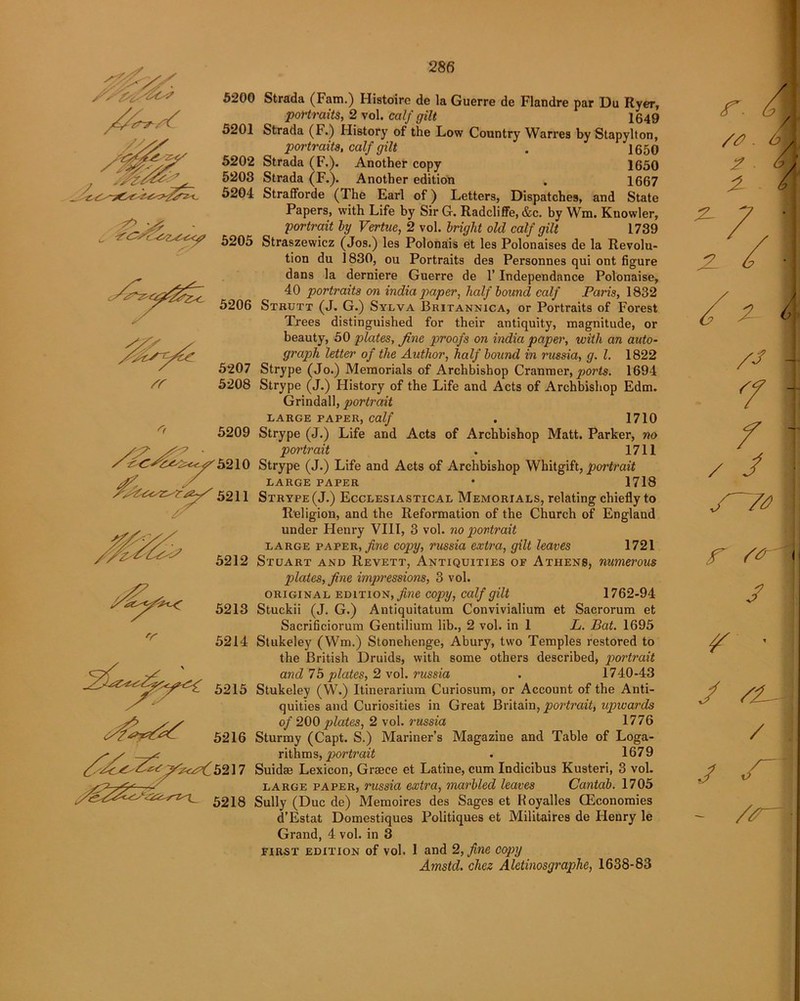 JfU- 6 5205 5206 X. 5207 /T 5209 5200 Strada (Fam.) Histoiro de la Guerre de Flandre par Du Ryer, //^V portraits, 2 vol. calf gilt 1649 5201 Strada (F.) History of the Low Country Warres by Stapylton, portraits, calf gilt . 1650 5202 Strada (F.). Another copy 1650 5203 Strada (F.). Another edition . 1667 5204 Strafforde (The Earl of) Letters, Dispatches, and State Papers, with Life by Sir G. Radcliffe, &c. by Wm. Kuowler, portrait by Vertue, 2 vol. bright old calf gilt 1739 Straszewicz (Jos.) les Polonais et les Polonaises de la Revolu- tion du 1830, ou Portraits des Personnes qui ont figure dans la derniere Guerre de 1’ Independance Polonaise, 40 portraits on india paper, half bound calf Paris, 1832 Strutt (J. G.) Sylva Britannica, or Portraits of Forest Trees distinguished for their antiquity, magnitude, or beauty, 50 plates, fine proofs on india paper, with an auto- graph letter of the Author, half bound in russia, g. 1. 1822 Strype (Jo.) Memorials of Archbishop Cranmer, ports. 1694 5208 Strype (J.) History of the Life and Acts of Archbishop Edm. Grindall, portrait LARGE PAPER, Calf . 1710 Strype (J.) Life and Acts of Archbishop Matt. Parker, no portrait . 1711 Strype (J.) Life and Acts of Archbishop Whitgift, portrait LARGE PAPER * 1718 Strype (J.) Ecclesiastical Memorials, relating chiefly to Religion, and the Reformation of the Church of England under Plenry VIII, 3 vol. no portrait large paper, fine copy, russia extra, gilt leaves 1721 Stuart and Revett, Antiquities of Athens, numerous plates, fine impressions, 3 vol. original edition, fine copy, calf gilt 1762-94 Stuckii (J. G.) Antiquitatum Convivialium et Sacrorum et Sacrificiorum Gentilium lib., 2 vol. in 1 L. Bat. 1695 5214 Stukeley (Wm.) Stonehenge, Abury, two Temples restored to the British Druids, with some others described, portrait and 75 plates, 2 vol. russia . 1740-43 5215 Stukeley (W.) Itinerarium Curiosum, or Account of the Anti- quities and Curiosities in Great Britain, portrait, upwards of 200 plates, 2 vol. russia 1776 5216 Sturmy (Capt. S.) Mariner’s Magazine and Table of Loga- ^ rithms, portrait . 1679 (fy?cz7Ch<l\l Suidae Lexicon, Grsece et Latine, cum Indicibus Kusteri, 3 vol. large paper, russia extra, marbled leaves Cantab. 1705 5218 Sully (Due de) Memoires des Sages et Iloyalles (Economies d’Estat Domestiques Politiques et Militaires de Henry le Grand, 4 vol. in 3 first edition of vol. 1 and 2, fine copy Amstd. chez Aletinosgraphe, 1638-83 5210 y 5211 5212 5213 'r r. 2 2 k r /^T]| s A ■ / /AA / J /<r\