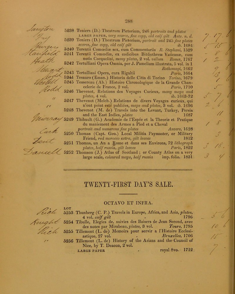 sW , 5238 5239 s.240 5241 5242 /7 / 5243 5244 5245 fr ff 5246 5247 5248 '5249 c ^ 5250 '■ 5251 ^ 5252 Teniers (D.) Tlieatrum Pictorium, 246 portraits and plates large paper, very scarce, fine copy, old caIf ijilt Antv. n. d. Teniers (D.) Tlieatrum Pictorium, portrait and 245 fine plates scarce, fine copy, old calf gilt ib. 1684 Terentii Comoediae sex, cum Commentariis R. Stephani, 1529 Terentii Comoediae, ex codicibus Bibliotheca! Vaticanae, cum notis Cocquelini, many plates, 2 vol. vellum Romcc, 1767 Tertulliani Opera Omnia, per J. Pamelium illustrata, 5 vol. in 1 Rothomagi, 1662 Tertulliani Opera, cura Rigaltii Paris, 1664 Tesauro (Eman.) Historia delle Citta di Torino Torino, 1679 Tessereau (Ab.) Histoire Chronologique de la Grande Chan- celerie de France, 2 vol. Paris, 1710 Thevenot, Relations des Voyages Curieux, many maps and plates, 4 vol. . ib. 1663-72 Thevenot (Melch.) Relations de divers Voyages curieux, qui n’ont point este publiees, maps and plates, 3 vol. ib. 1696 Thevenot (M. de) Travels into the Levant, Turkey, Persia and the East Indies, plates 1687 Thibault (G.) Academie de l’Espee et la Theorie et Pratique du maniement des Armes a Pied et a Cheval portrait and numerous fine plates Anvers, 1628 Thomas (Capt. Geo.) Local Militia Paymaster, or Military Friend, red morocco extra, gilt leaves 1812 Thomas, un An a Rome et dans ses Environs, 72 lithograph plates, half russia, gilt leaves Paris, 1822 Thomson (J.) Atlas of Scotland ; or County Atlas on a very large scale, coloured maps, half russia imp. folio. 1831 // / r J /'r. • y ? \ TWENTY-FIRST DAY’S SALE. OCTAVO ET INFRA. LOT 5253 Thunberg (C. P.) Travels in Europe, Africa, and Asia, plates, 4 vol. calf gilt . 1796 5254 Tibulle, Elegies de, suivies des Baisers de Jean Second, avec des notes par Mirabeaiij^Zates, 3 vol. Tours, 1795 5255 Tillemont (L. de) Memoirs pour servir a l’Histoire Ecclesi- astique, 27 vol. . Bruxelles, 1706 5256 Tillemont (L. de) History of the Arians and the Council of Nice, by T. Deacon, 2 vol. large paper • royal 8vo. 1712
