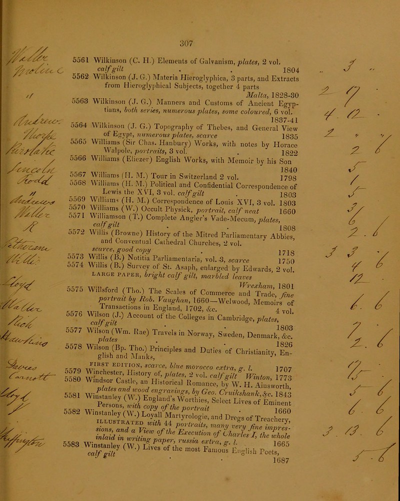 /fx/Y^'^ 7 5561 C // I du* & (Y~, z&*ccrc*£ /XXCYS ■£ s? s'Zx/t Si *' ■'' tf.‘ ?‘f YX vf A 5562 5563 5564 5565 5566 5567 5568 5569 5570 5571 5572 5573 5574 5o75 5576 5577 5578 5579 5580 5581 5582 5583 Wilkinson (C. H.) Elements of Galvanism, plates, 2 vol. calf gilt . . 1804 Wilkinson (J. G.) Materia Hieroglyphica, 3 parts, and Extracts from Hieroglyphical Subjects, together 4 parts Malta, 1828-30 Wilkinson (J. G.) Manners and Customs of Ancient Egyp- tians, both series, numerous plates, some coloured, 6 vol. 1837-41 Wilkinson (J. G.) Topography of Thebes, and General View of Egypt, numerous plates, scarce 1835 Williams (Sir Chas. Hanbury) Works, with notes by Horace Walpole, portraits, 3 vol. . 1822 Williams (Eliczer) English Works, with Memoir by his Son Williams (II. M.) Tour in Switzerland 2 vol. 1798 Williams (II. M.) Political and Confidential Correspondence of Lewis the XVI, 3 vol. calf gilt . 1803 Williams (H. M.) Correspondence of Louis XVI, 3 vol. 1803 Williams (W.) Occult Physick, portrait, calf neat 1660 Williamson (T.) Complete Angler’s Vade-Mecum, plates, calf gilt . . |g0g Willis (Browne) History of the Mitred Parliamentary Abbies and Conventual Cathedral Churches, 2 vol. scarce, good copy . j-jg (JO Notitia Parliamenlaria, vol. 3, scarce 1750 Wilhs (B.) Survey of St. Asaph, enlarged by Edwards, 2 vol. LARGE PAPER, bright calf gilt, marbled leaves Willsford (The.) The Scale, of Commerce portrait by Rob. Vaughan, I860—Wei wood, Memoirs of Transactmns ,n England, 1702, &c. 4 vol ^cafgi/t'^ AcC°Unt 0t’the Colleges in Cambridge, plates, M) T,'a''el3in Norwa-v- S''cd™> Denmark! WiSh^ M^rincil,'ea and Dul!es of Christian!ty'1E6 T ®ditti°n» scarce, blue morocco extra, g. 1. 1707 Winchester, History of, plates, 2 vol. calf gilt Winton 1773 Wmdsor Castle, an Historical Romance,' by W. H. Ainsworth Winsfn7ey CWMEnTT^ blGe°- Cruiks^Ac. 1843 vvinstanley (W .) England s Worthies, Select Lives of Eminent Persons with copy of the portrait tSSS Martyrologie, and Dregs of Treachery! • j E° Wllh 44 portraits, many very fine imures sions, and a View of the Execution of CharLlthTwhoTe inlaid m writing paper, russia extra, g l ’ ioc - c'Tem ( ° Li,CS °f tl,e ,0Sl Eamoi« English root! 1687 s / / J. 2 J J V /£- / X.