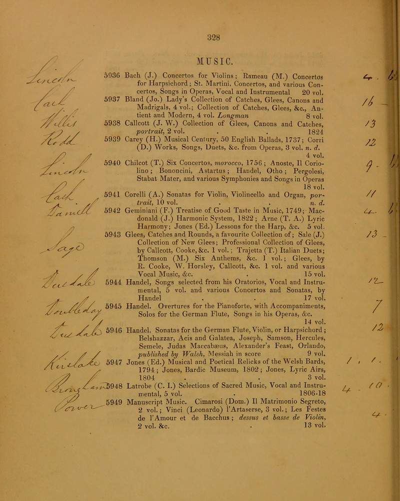 MUSIC. 5936 5937 5938 5939 5940 5941 5942 5943 7. £* yy 6946 Bach (J.) Concertos for Violins; Rameau (M.) Concertos for Harpsichord; St. Martini, Concertos, and various Con- certos, Songs in Operas, Vocal and Instrumental 20 vol. Bland (Jo.) Lady’s Collection of Catches, Glees, Canons and Madrigals, 4 vol.; Collection of Catches, Glees, &c., An- tient and Modern, 4 vol. Longman 8 vol. Callcott (J. W.) Collection of Glees, Canons and Catches, portrait, 2 vol. . , 1824 Carey (H.) Musical Century, 50 English Ballads, 1737; Corri (D.) Works, Songs, Uuets, &c. from Operas, 3 vol. n. d. 4 vol. Chilcot (T.) Six Concertos, morocco, 1756; Anoste, II Corio- lino; Bononcini, Astartus; Handel, Otho; Pergolesi, Stabat Mater, and various Symphonies and Songs in Operas 18 vol. Corelli (A.) Sonatas for Violin, Violincello and Organ, por- trait, 10 vol. . . n. d. Geminiani (F.) Treatise of Good Taste in Music, 1749; Mac- donald (J.) Harmonic System, 1822; Arne (T. A.) Lyric Harmony; Jones (Ed.) Lessons for the Harp, &c. 5 vol. Glees, Catches and Rounds, a favourite Collection of; Sale (J.) Collection of New Glees; Professional Collection of Glees, by Callcott, Cooke,&c. 1 vol.; Trajetta (T.) Italian Duets; Thomson (M.) Six Anthems, &c. 1 vol.; Glees, by R. Cooke, W. Horsley, Callcott, &c. 1 vol. and various Vocal Music, &c. . 15 vol. Handel, Songs selected from his Oratorios, Vocal and Instru- mental, 5 vol. and various Concertos and Sonatas, by Handel . . 17 vol. Handel. Overtures for the Pianoforte, with Accompaniments, Solos for the German Flute, Songs in his Operas, &c. 14 vol. Handel. Sonatas for the German Flute, Violin, or Harpsichord ; Belshazzar, Acis and Galatea, Joseph, Samson, Hercules, Semele, Judas Maccabaeus, Alexander’s Feast, Orlando, published by Walsh, Messiah in score 9 vol. Jones (Ed.) Musical and Poetical Relicks of the Welsh Bards, 1794; Jones, Bardic Museum, 1802; Jones, Lyric Airs, 1804 . . 3 vol. Latrobe (C. I.) Selections of Sacred Music, Vocal and Instru- mental, 5 vol. • 1806-18 Manuscript Music. Cimarosi (Dorn.) II Matrimonio Segreto, 2 vol.; Vinci (Leonardo) l’Artaserse, 3 vol.; Les Festes de 1’ Amour et de Bacchus ; dessus et basse de Violiti, 2 vol. &c. • 13 vol. / / -- ] J '3 72 J // 4 73 - /£- / 72 / , /. to G* -