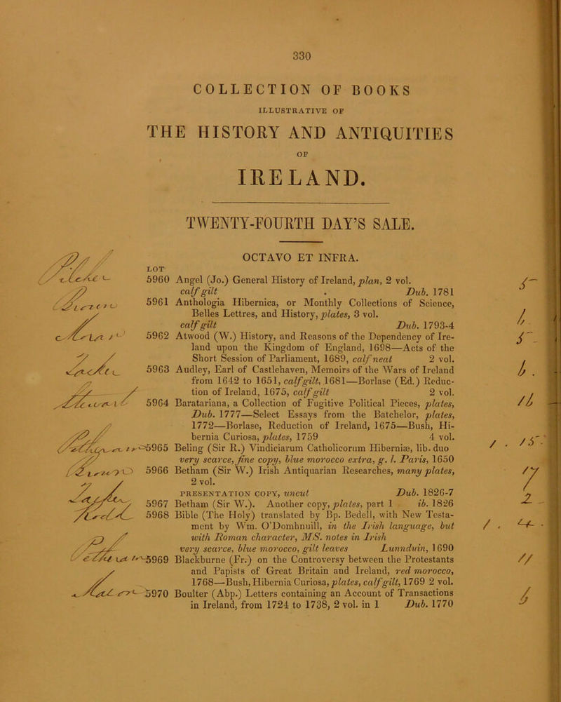 COLLECTION OF BOOKS ILLUSTRATIVE OF THE HISTORY AND ANTIQUITIES OF 9 IRELAND. TWENTY-FOURTH DAY’S SALE. LOT 5960 5961 5962 5963 5964 OCTAVO ET INFRA. Angel (Jo.) General History of Ireland, plan, 2 vol. calf gilt . Dub. 1781 Anthologia Hibernica, or Monthly Collections of Science, Belles Lettres, and History, plates, 3 vol. calf gilt Dub. 1793-4 Atwood (W.) History, and Reasons of the Dependency of Ire- land upon the Kingdom of England, 1698—Acts of the Short Session of Parliament, 1689, calf neat 2 vol. Audley, Earl of Castlehaven, Memoirs of the Wars of Ireland from 1642 to 1651, calf gilt, 1681—Borlase (Ed.) Reduc- tion of Ireland, 1675, calf gilt 2 vol. Baratariana, a Collection of Fugitive Political Pieces, plates, Dub. 1777—Select Essays from the Batchelor, plates, 1772—Borlase, Reduction of Ireland, 1675—Bush, Hi- bernia Curiosa, plates, 1759 4 vol. Beling (Sir R.) Vindieiarum Catholicorum Hibernia3, lib. duo very scarce, fine copy, blue morocco extra, g. 1. Paris, 1650 Betham (Sir W.) Irish Antiquarian Researches, many plates, 2 vol. presentation copy, uncut Dub. 1826-7 Betham (Sir W.). Another copy, plates, part 1 ib. 1826 Bible (The Holy) translated by Bp. Bedell, with New Testa- ment by Wm. O’Domhnuill, in the Irish language, but with Roman character, MS. notes in Irish very scarce, blue morocco, gilt leaves Lunnduin, 1690 Blackburne (Fr.) on the Controversy between the Protestants and Papists of Great Britain and Ireland, red morocco, 1768—■ Bush, Hibernia Curiosa, plates, calf gilt, 1769 2 vol. Boulter (Abp.) Letters containing an Account of Transactions in Ireland, from 1724 to 1738, 2 vol. in 1 Dub. 1770 // / . /S'- / . // /
