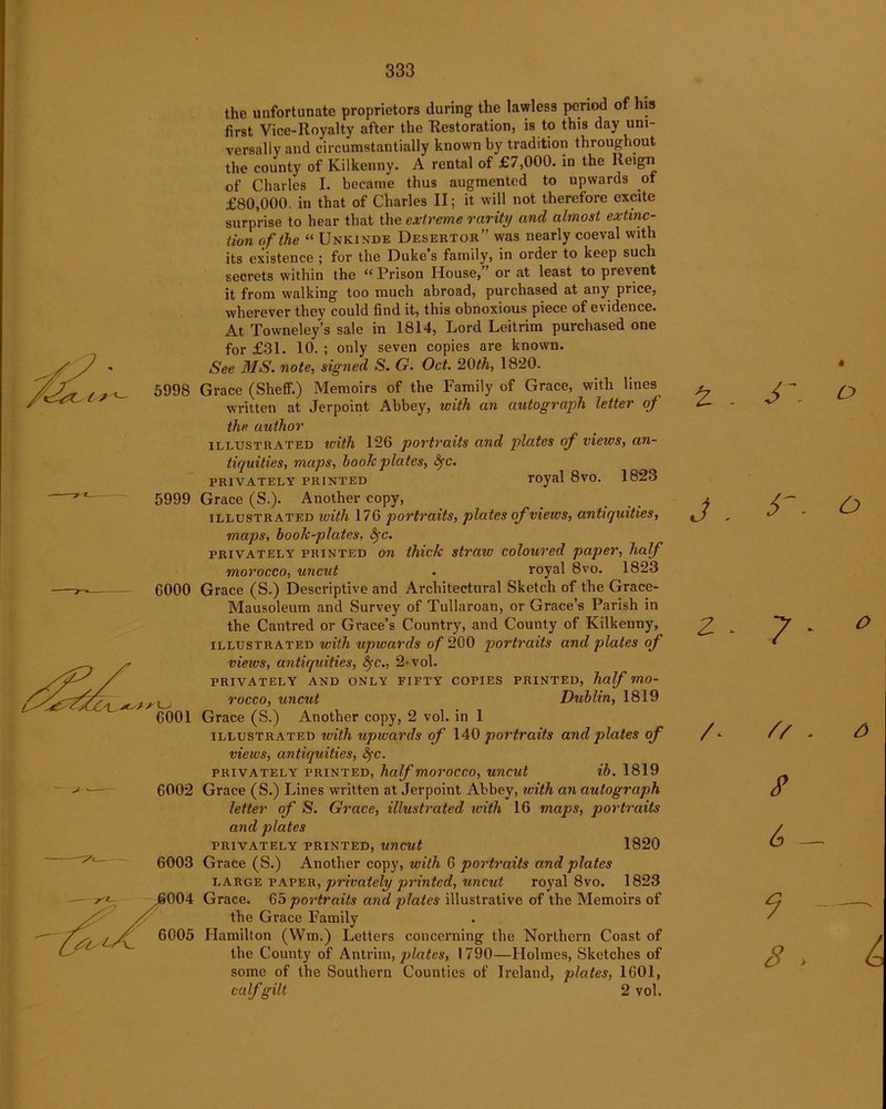 the unfortunate proprietors during the lawless period of his first Vice-Royalty after the Restoration, is to this day uni- versally and circumstantially known by tradition throughout the county of Kilkenny. A rental of £7,000. in the Reign of Charles I. became thus augmented to upwards .of £80,000. in that of Charles II; it will not therefore excite surprise to hear that the extreme rarity and almost extinc- tion of the “ Unkinde Desertor” was nearly coeval with its existence ; for the Duke’s family, in order to keep such secrets within the “ Prison House,” or at least to prevent it from walking too much abroad, purchased at any price, wherever they could find it, this obnoxious piece of evidence. At Towneley’s sale in 1814, Lord Leitrim purchased one for £31. 10. ; only seven copies are known. See MS. note, signed S. G. Oct. 20th, 1820. 5998 Grace (Sheff.) Memoirs of the Family of Grace, with lines written at Jerpoint Abbey, with an autograph letter of the author illustrated tvith 126 portraits and plates of views, an- tiquities, maps, book plates, fyc. privately printed royal 8vo. 1823 5999 Grace (S.). Another copy, illustrated with 176 portraits, plates of views, antiquities, maps, book-plates, fyc. privately printed o7i thick straiv coloured paper, half morocco, uncut . royal 8vo. 1823 6000 Grace (S.) Descriptive and Architectural Sketch of the Grace- Mausoleum and Survey of Tullaroan, or Grace’s Parish in the Cantred or Grace’s Country, and County of Kilkenny, illustrated with upwards of 200 portraits and plates of views, antiquities, fyc., 2-vol. privately and only fifty copies printed, half mo- rocco, uncut Dublin, 1819 6001 Grace (S.) Another copy, 2 vol. in 1 illustrated with upwards of 140 portraits and plates of views, antiquities, fyc. privately printed, half morocco, wicut ib. 1819 6002 Grace (S.) Lines written at Jerpoint Abbey, with an autograph letter of S. Grace, illustrated with 16 maps, portraits and plates PRIVATELY PRINTED, Uncut 1820 6003 Grace (S.) Another copy, with 6 portraits and plates large paper, privately printed, uncut royal 8vo. 1823 004 Grace. 65 poi'traits and plates illustrative of the Memoirs of the Grace Family 6005 Hamilton (Wm.) Letters concerning the Northern Coast of the County of Antrim, plates, 1790—Holmes, Sketches of some of the Southern Counties of Ireland, plates, 1601, calf gilt 2 vol. £ - J - Z - /. O . O 7- * // . 6 s b — 7 — 8 > ^3