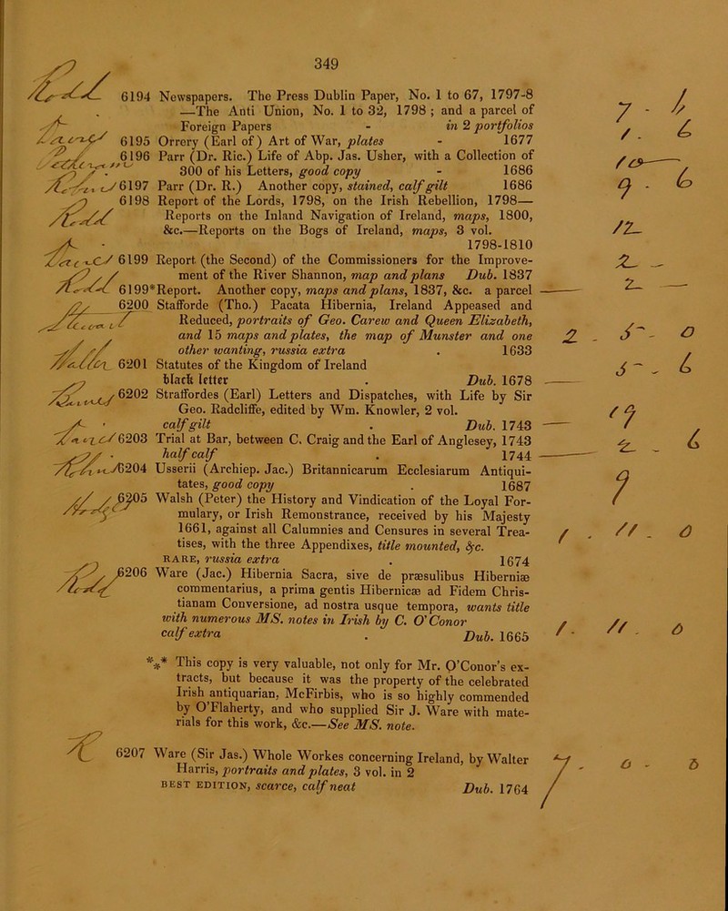 6194 Newspapers. The Press Dublin Paper, No. 1 to 67, 1797-8 —The Anti Union, No. 1 to 32, 1798 ; and a parcel of Foreign Papers - in 2 portfolios 6195 Orrery (Earl of) Art of War, plates - 1677 - , 6196 Parr (Dr. Ric.) Life of Abp. Jas. Usher, with a Collection of 300 of his Letters, good copy - 1686 ty6197 Parr (Dr. R.) Another copy, stained, calf gilt 1686 sf 6198 Report of the Lords, 1798, on the Irish Rebellion, 1798— /j'Reports on the Inland Navigation of Ireland, maps, 1800, &c.—Reports on the Bogs of Ireland, maps, 3 vol. vf. - 1798-1810 /c 6199 Report (the Second) of the Commissioners for the Improve- / / ment of the River Shannon, map and plans Dub. 1837 6199* Report. Another copy, maps and plans, 1837, &c. a parcel . . 6200 Stafforde (Tho.) Pacata Hibernia, Ireland Appeased and c „ L Reduced, portraits of Geo. Carew and Queen Elizabeth, and 15 maps and plates, the map of Munster and one other wanting, 7'ussia extra . 1633 '&L 6201 Statutes of the Kingdom of Ireland black letter . Dub. 1678 fjx . / 6202 Straffordes (Earl) Letters and Dispatches, with Life by Sir Geo. Radcliffe, edited by Wm. Knowler, 2 vol. calf gilt . Dub. 17 43 fcicJ6203 Trial at Bar, between C. Craig and the Earl of Anglesey, 1743 • half calf . 1744 204 Usserii (Archiep. Jac.) Britannicarum Ecclesiarum Antiqui- tates, good copy . 1687 Walsh (Peter) the History and Vindication of the Loyal For- mulary, or Irish Remonstrance, received by his Majesty 1661, against all Calumnies and Censures in several Trea- tises, with the three Appendixes, title mounted, §c. rare, russia extra . 1674 j/ s /j206 Ware (Jac.) Hibernia Sacra, sive de praesulibus Hiberniae ( commentarius, a prima gentis Hibernicae ad Fidem Chris- tianam Conversione, ad nostra usque tempora, wants title ivith numerous MS. notes in Irish by C. O'Conor calf extra . 1665 2 - f 7 /. A 9 * /2_ A S-- - 7 f // . & 6 o L d a /. // *** This copy is very valuable, not only for Mr. O’Conor’s ex- tracts, but because it was the property of the celebrated Iiish antiquarian, McFirbis, who is so highly commended by O Flaherty, and who supplied Sir J. Ware with mate- rials for this work, &c.—See MS. note. 6207 Ware (Sir Jas.) Whole Workes concerning Ireland, by Walter Harris, portraits and plates, 3 vol. in 2 best edition, scarce, calf neat O - 5 Dub. 1764