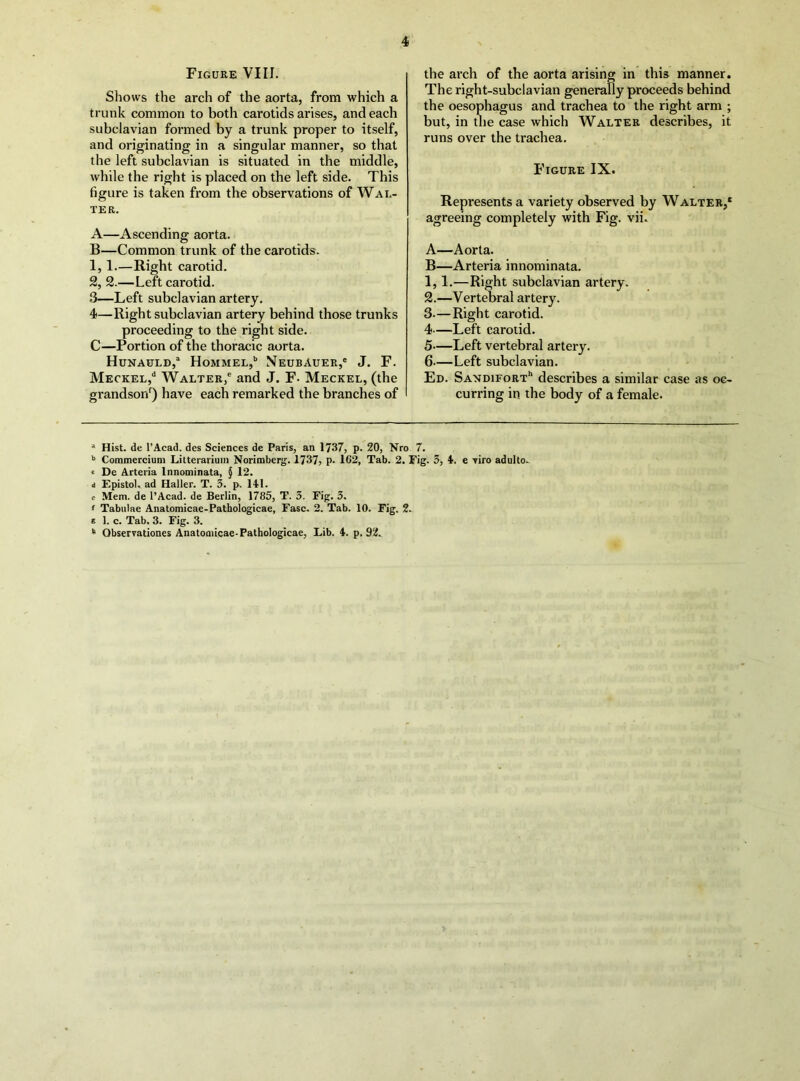 Figure VIII. Shows the arch of the aorta, from which a trunk common to both carotids arises, and each subclavian formed by a trunk proper to itself, and originating in a singular manner, so that the left subclavian is situated in the middle, while the right is placed on the left side. This hgure is taken from the observations of Wal- ter. A—Ascending aorta. B—Common trunk of the carotids. 1,1.—Right carotid. 2, 2.—Left carotid. .3—Left subclavian artery. 4—Right subclavian artery behind those trunks proceeding to the right side. C—Portion of the thoracic aorta. Hunauld,“ Hommel,'’ Neubauer,® J. F. Meckel,'* Walter,® and J. F- Meckel, (the grandson^) have each remarked the branches of the arch of the aorta arising in this manner. The right-subclavian generally proceeds behind the oesophagus and trachea to the right arm ; but, in the case which Walter describes, it runs over the trachea. Figure IX. Represents a variety observed by Walter,' agreeing completely with Fig. vii. A—Aorta. B—Arteria innominata. 1,1.—Right subclavian artery. 2. —Vertebral artery. 3. —Right carotid. 4— Left carotid. 5— Left vertebral artery. 6— Left subclavian. Ed. Sandifort*' describes a similar case as oc- curring in the body of a female. * Hist, de I’Acad, des Sciences de Paris, an 1737, p. 20, Nro 7. Commercium Litterarimn Norimberg. 1737, P- 162, Tab. 2. Fig. 3, 4. e viro aduUo. ‘ De Arteria Innominata, J 12. d Epistol. ad Haller. T. 3. p. 141. e Mem. de I’Acad. de Berlin, 1785, T. 3. Fig. 3. f Tabulae Anatomieae-Pathoiogicae, Fase. 2. Tab. 10. Fig. 2. 8 1. c. Tab. 3. Fig. 3. Observationes Anatomieae-Pathoiogicae, Lib. 4. p. 92.