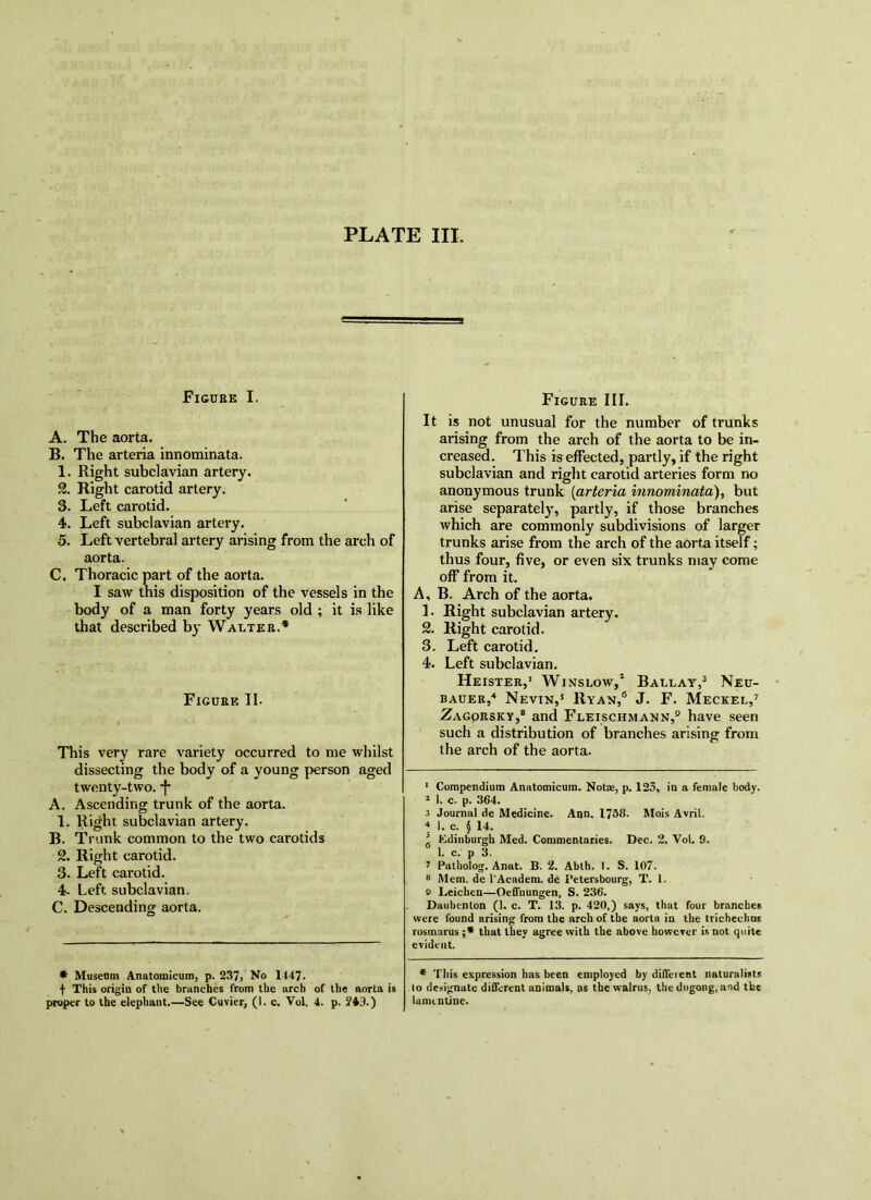 Figure I. A. The aorta. B. The arteria innominata. 1. Right subclavian artery. Right carotid artery. 3. Left carotid. 4. Left subclavian artery. 5. Left vertebral artery arising from the arch of aorta. C. Thoracic part of the aorta. I saw this disposition of the vessels in the body of a man forty years old ; it is like that described by Walter.’ Figure II. This very rare variety occurred to me whilst dissecting the body of a young person aged twenty-two. ■}* * A. Ascending trunk of the aorta. 1. Right subclavian artery. B. Trunk common to the two carotids 2. Right carotid. 3. Left carotid. 4. Left subclavian. C. Descending aorta. • Museom Anatomlcum, p. 237, No 1447. •t This origin of t)ie branches from the arch of the aorta is proper to the elephant.—See Cuvier, (I. c. Vol. 4. p. ?*3.) Figure III. It is not unusual for the number of trunks arising from the arch of the aorta to be in- creased. This is effected, partly, if the right subclavian and riglit carotid arteries form no anonymous trunk {arteria innominata'), but arise separately, partly, if those branches which are commonly subdivisions of larger trunks arise from the arch of the aorta itself; thus four, five, or even six trunks may come off from it. A, B. Arch of the aorta. 1. Right subclavian artery. 2. Right carotid. 3. Left carotid. 4. Left subclavian. Heister,' Winslow,* Ballay,^ Neu- bauer,'^ Nevin,s Ryan,® J. F. Meckel,^ Zagqrsky,® and Fleischmann,® have seen such a distribution of branches arising from the arch of the aorta. * Compendium Anatomicum. Notae, p. 123, in a female body. * I. c. p. 364. 3 Journal de Medicine. Ann. 1758. Mois Avril. * I. c. § 14. g Edinburgh Med. Commentaries. Dec. 2. Vol. 9. 1. c. p 3. 1 Patholog. Anat. B. 2. Abth. I. S. 107. 8 Mem. de I’Academ. de i’etersbourg, T. 1. 0 Leichen—Oeffnungen, S. 236. Daubenlon (1. c. T. 13. p. 420.) says, that four branches were found arising from the arch of the aorta in the trichechns rosmarus;* that they agree with the above however is not quite evident. * This expression has been employed by diOeieat naturalists 10 designate difierent animals, as the walrus, the diigong,and the lamcnline.