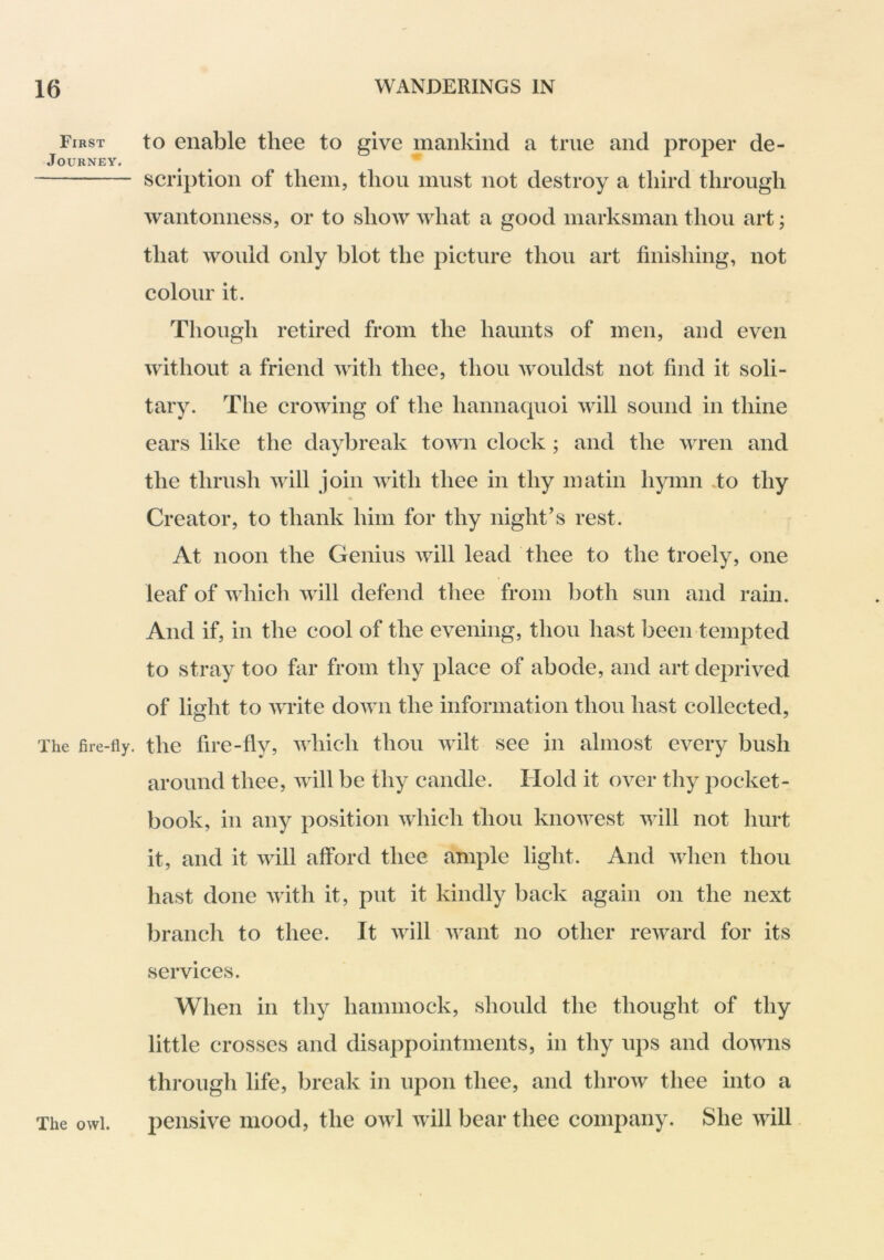First to enable thee to give mankind a true and proper de- JOURNEY. scription of them, thou must not destroy a tliird through wantonness, or to show what a good marksman thou art; that would only blot the picture thou art finishing, not colour it. Though retired from the haunts of men, and even without a friend with thee, thou wouldst not find it soli- tary. The crowing of the hannaquoi will sound in thine ears like the daybreak town clock ; and the wren and the thrush will join with thee in thy matin hymn do thy Creator, to thank him for thy night’s rest. At noon the Genius will lead thee to the troely, one leaf of whicli will defend thee from both sun and rain. And if, in the cool of the evening, thou hast been tempted to stray too far from thy place of abode, and art deprived of light to write down the information thou hast collected, The fire-fly. the fire-fly, which thou wilt see in almost every bush around thee, will be thy candle. Hold it over thy pocket- book, in any position which thou knowest will not hurt it, and it will afford thee ample light. And when thou hast done with it, put it kindly back again on the next branch to thee. It will want no other reward for its services. When in thy hammock, should the thought of thy little crosses and disappointments, in thy ups and downs through life, break in upon thee, and throw thee into a pensive mood, the owl will bear thee company. She will The owl.