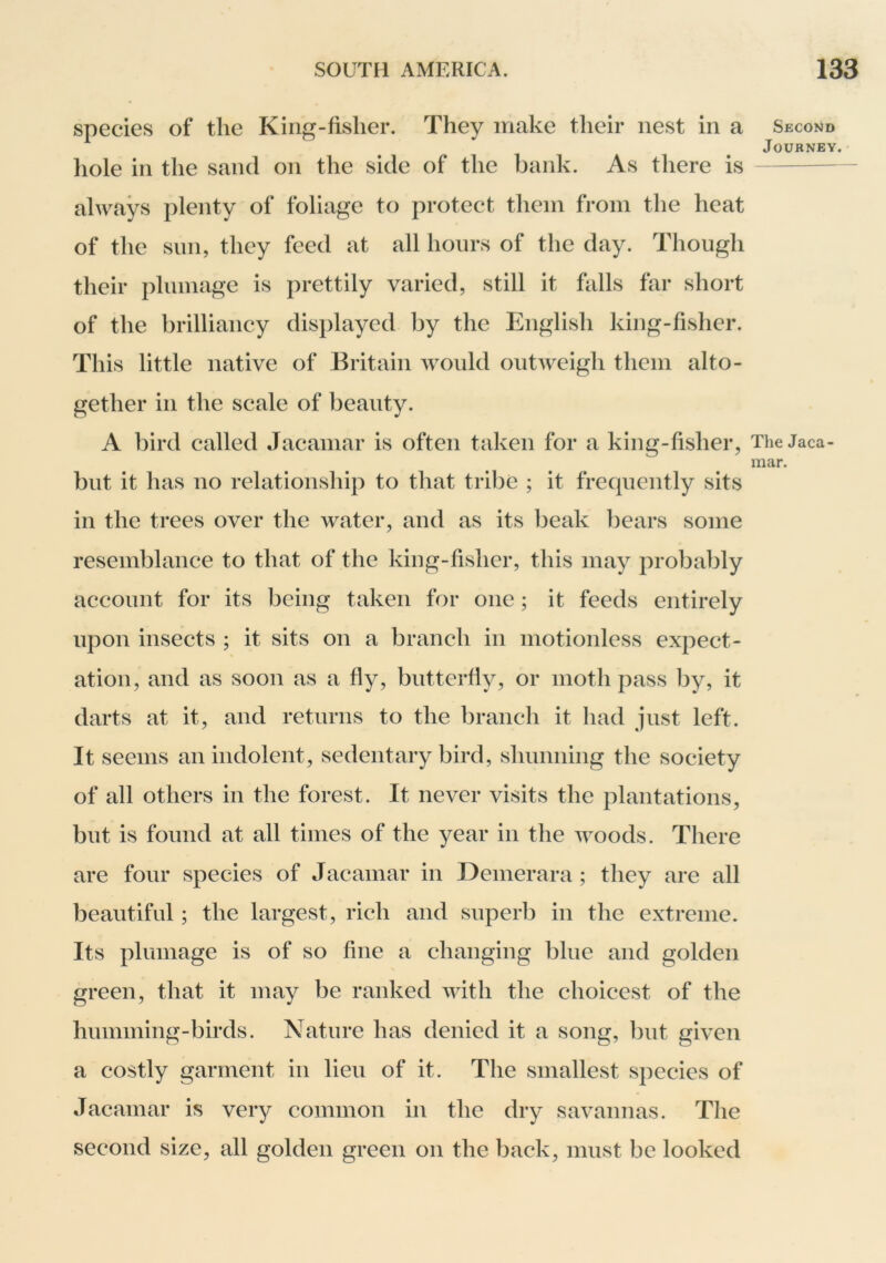 species of the King-fislier. They make their nest in a liole in the sand on the side of the bank. As there is always plenty of foliage to protect them from the heat of the Sim, they feed at all hours of the day. Though their plumage is prettily varied, still it falls far short of the brilliancy displayed by the English king-fisher. This little native of Britain would outweigli them alto- gether in the scale of beauty. A bird called Jacaniar is often taken for a king-fisher, but it has no relationship to that tribe ; it frequently sits in the trees over the water, and as its beak bears some resemblance to that of the king-fisher, this may probably account for its being taken for one; it feeds entirely upon insects ; it sits on a branch in motionless expect- ation, and as soon as a fly, butterfly, or moth pass by, it darts at it, and returns to the branch it had just left. It seems an indolent, sedentary bird, shunning the society of all others in the forest. It never visits the plantations, but is found at all times of the year in the woods. There are four species of Jacamar in Demerara ; they are all beautiful; the largest, rich and superb in the extreme. Its plumage is of so fine a changing blue and golden green, that it may be ranked with the choicest of the humming-birds. Nature has denied it a song, but given a costly garment in lieu of it. The smallest species of Jacamar is very common in the dry savannas. The second size, all golden green on the back, must be looked Second Journey. The Jaca- mar.