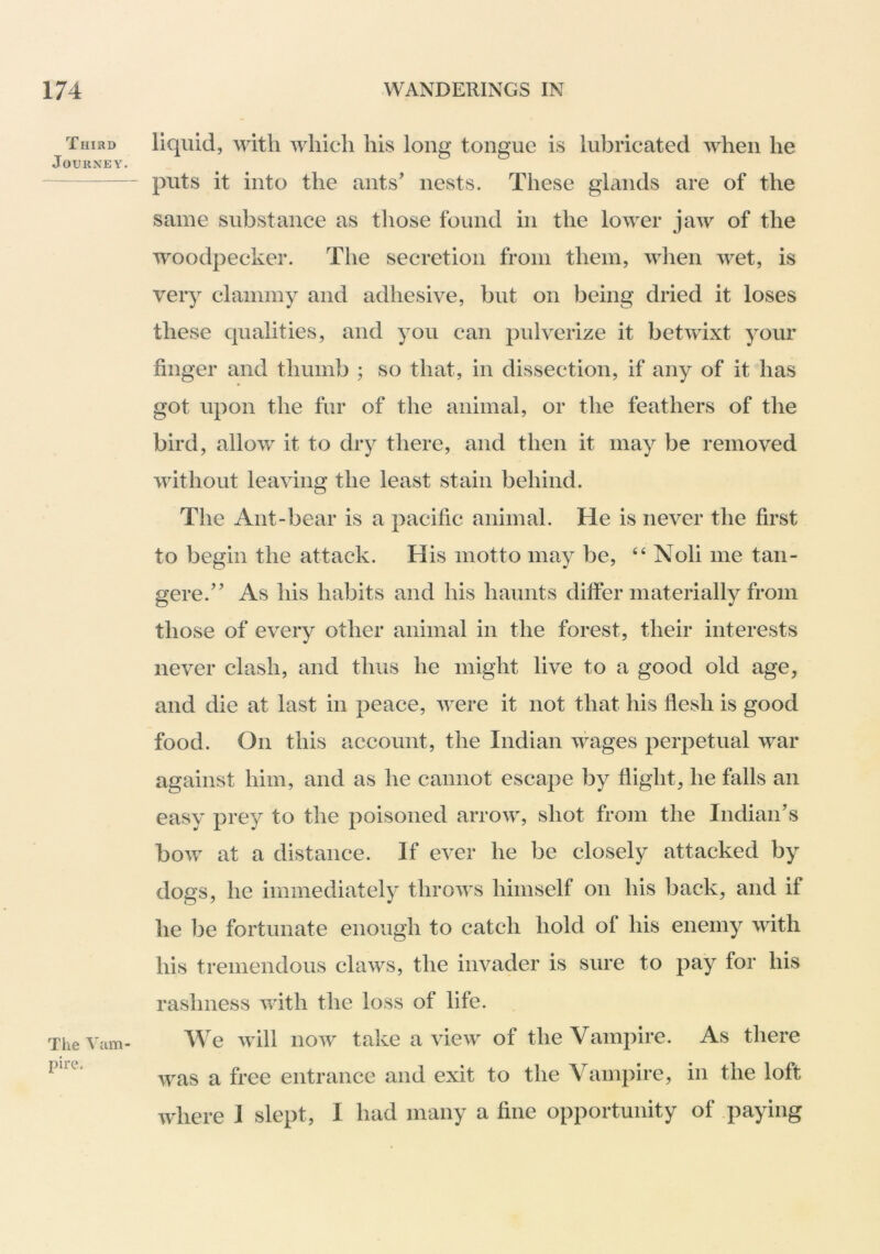 Third Journey. The Vam- pire. liquid, with which his long tongue is lubricated when he puts it into the ants’ nests. These glands are of the same substance as those found in the lower jaw of the woodpecker. The secretion from them, when wet, is very clammy and adhesive, but on being dried it loses these qualities, and yon can pulverize it betwixt your finger and thumb ; so that, in dissection, if any of it has got upon the fur of the animal, or the feathers of the bird, allovv^ it to dry there, and then it may be removed without leaving the least stain behind. The Ant-bear is a pacific animal. He is never the first to begin the attack. His motto may be, “ Noli me tan- gere.” As his habits and his haunts differ materially from those of every other animal in the forest, their interests never clash, and thus he might live to a good old age, and die at last in peace, Avere it not that his flesh is good food. On this account, the Indian wages perpetual war against him, and as he cannot escape by flight, he falls an easy prey to the poisoned arroAV, shot from the Indian’s bow at a distance. If eA^er he be closely attacked by dogs, he immediately throAVS himself on his back, and if he ])e fortunate enough to catch hold of his enemy Avith his tremendous claws, the invader is sure to pay for his rashness Avith the loss of life. We Avill noAv take a vicAv of the Vampire. As there AA^as a free entrance and exit to the Vampire, in the loft Avdiere 1 slept, I had many a fine opportunity of paying