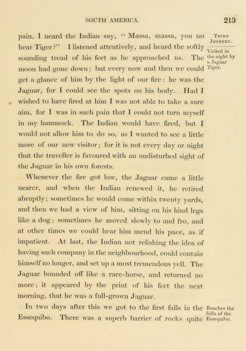 pain, 1 iieard the Indian say, “ Massa, massa, yon no Third Journey. hear Tiger1 listened attentively, and heard the softly — -— sounding tread of his feet as he ai^proaehed ns. The the night by ^ a Jaguar moon had gone down; but every now and then we eould get a glanee of him by the light of oiir lire : he was the Jaguar, for I could see the spots on his body. Had I wished to have fired at him I was not able to take a sure aim, for I was in such pain that I conkl not turn myself in my hammock. The Indian would have fired, but I would not allow him to do so, as I wanted to see a little more of our new visitor; for it is not every day or night that the traveller is favoured with an undisturbed sight of the Jaguar in his own forests. Whenever the fire got low, the Jaguar came a little nearer, and when the Indian renewed it, he retired abruptly; sometimes he would come within twenty yards, and then we had a view of him, sitting on his hind legs like a dog; sometimes he moved slowly to and fro, and at other times we could hear him mend his pace, as if impatient. At last, the Indian not relishing the idea of having such company in the neighbourhood, could contain himself no longer, and set up a most tremendous yell. The Jaguar bounded off like a race-horse, and returned no more; it appeared by the print of his feet the next morning, that he was a full-grown Jaguar. In two days after this we got to the first falls in the Reaches the iiissequioo. Ihere was a superb barrier of rocks quite Essequibo.