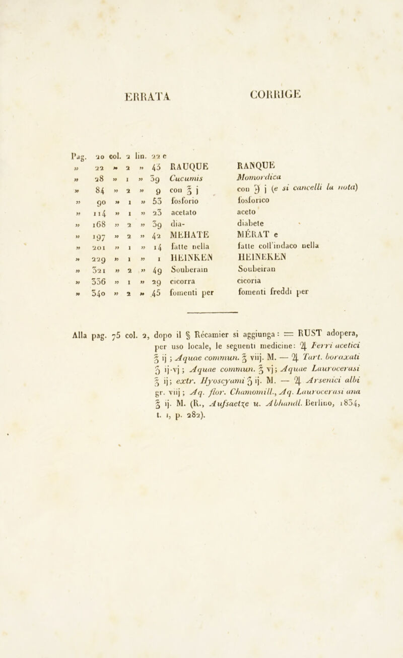 ERRATA CORRIGE Iblg. 20 col. 2 lin. 22 c >; 22 ** 2 >* 4 3 RAUQUE RANQUE >9 28 99 1 » 59 Cucumis Momordica 99 84 99 2 ” 9 con J j con V) j (e si cancelli la nota) 99 9® 99 1 » 53 fosforio fosforico 99 114 99 1 » 23 acetato aceto 99 168 99 1 » 39 dia- diabete 99 *97 99 2 » 42 MEHATE MÉRAT e >9 201 99 1 « 14 fatte nella fatte coll’indaco uella 9f 229 » 1 » 1 HElNKEìN HEHNEKEN 99 32 I 99 2 ” 4g Souberain Soubeiran 99 356 99 1 « 29 cicorra cicoria 99 54o 99 2 *» 45 fomenti per fomenti freddi per Alla Pag- 75 col. 2, dop per 0 il § Récamier si aggiunga: = RUST adopera, uso locale, le seguenti medicine: 4 Let t i acetici § ij ; Aquae commuti. § vii). M. — 4 Tari, boraxali 5 ij-vj ; Aquae commuti. § yj; Aquae Laurocerasi 3 ij; extr. Hyoscyami 3 ij. M. — *4 Arsenici albi gr. viij ; Aq. fior. Chamomill., Aq. Laurocerasi una § ij. M. (R., Aufsaette u. Abbuiati. Berlino, i854> t. i, p. 282).