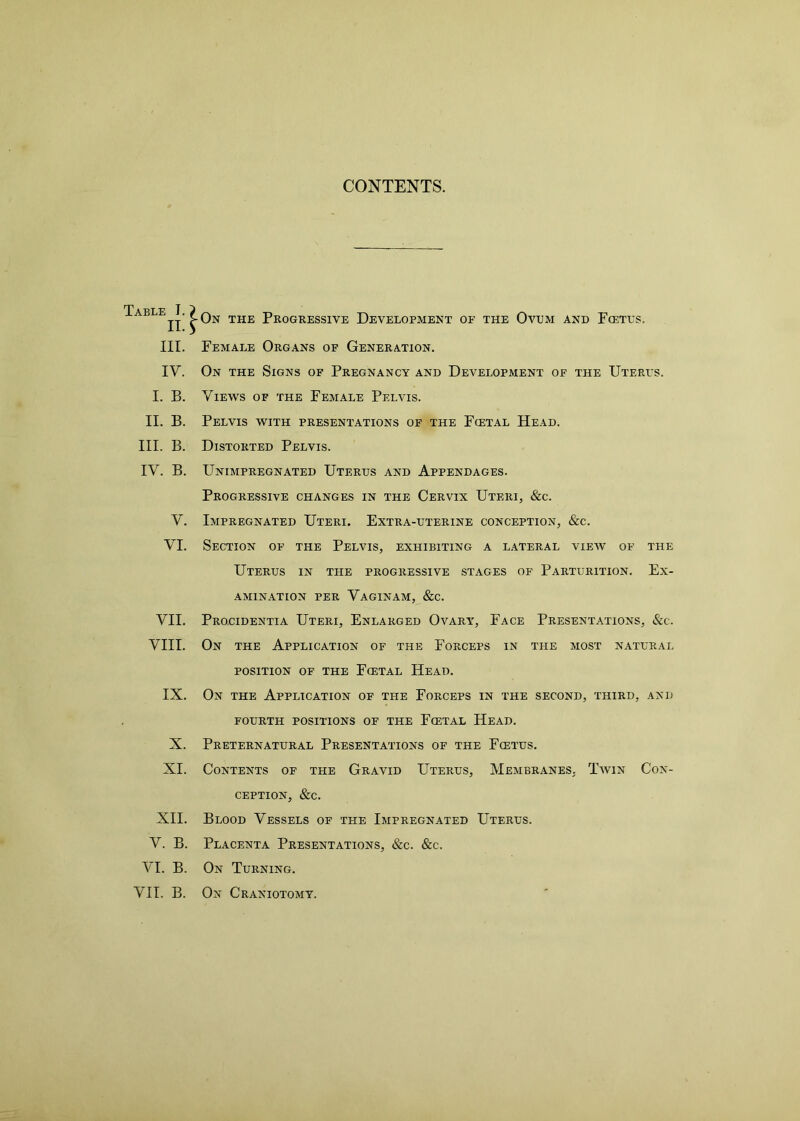 CONTENTS. Table I. IT. III. IV. I. B. II. B. III. B. IV. B. V. VI. VII. VIII. IX. X. XI. XII. V. B. VI. B. VII. B. On the Progressive Development of the Ovum and Fcetl's. Female Organs of Generation. On the Signs of Pregnancy and Development of the Uteres. Views of the Female Pelvis. Pelvis with presentations of the Fcetal Head. Distorted Pelvis. Unimpregnated Uterus and Appendages. Progressive changes in the Cervix Uteri, &c. Impregnated Uteri. Extra-uterine conception, &c. Section of the Pelvis, exhibiting a lateral view of the Uterus in the progressive stages of Parturition. Ex- amination per Vaginam, &c. Procidentia Uteri, Enlarged Ovary, Face Presentations, &c. On the Application of the Forceps in the most natural position of the Fcetal Head. On the Application of the Forceps in the second, third, and fourth positions of the Fcetal Head. Preternatural Presentations of the Fcetus. Contents of the Gravid Uterus, Membranes. Twin Con- ception, &c. Blood Vessels of the Impregnated Uterus. Placenta Presentations, &c. &c. On Turning. On Craniotomy.