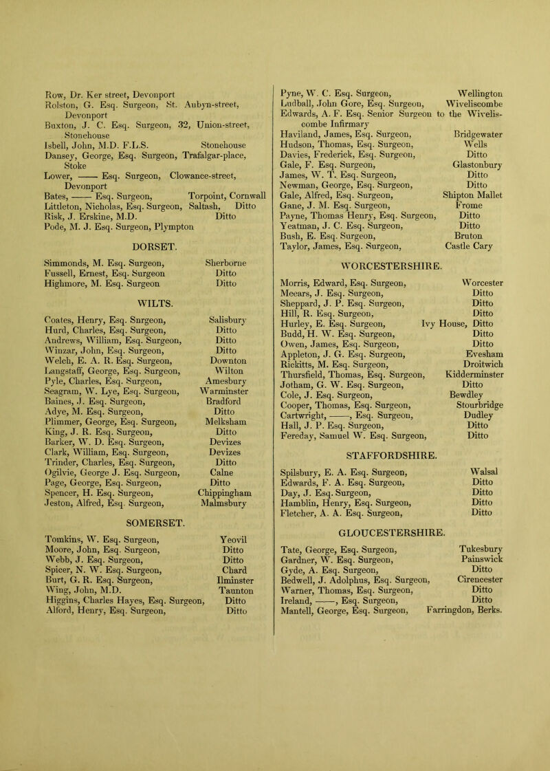 Row, Dr. Ker street, Devonport Rolston, G. Esq. Surgeon, St. Aubyn-street, Devonport Buxton, J. C. Esq. Surgeon, 32, Union-street, Storehouse Isbell, John, M.D. F.L.S. Stonehouse Dansey, George, Esq. Surgeon, Trafalgar-place, Stoke Lower, Esq. Surgeon, Clowanee-street, Devonport Bates, Esq. Surgeon, Torpoint, Cornwall Littleton, Nicholas, Esq. Surgeon, Saltash, Ditto Risk, J. Erskine, M.D. Ditto Pode, M. J. Esq. Surgeon, Plympton DORSET. Pyne, W. C. Esq. Surgeon, Wellington Ludball, John Gore, Esq. Surgeon, Wiveliscombe Edwards, A. F. Esq. Senior Surgeon to the Wivelis- combe Infirmary Haviland, James, Esq. Surgeon, Bridgewater Hudson, Thomas, Esq. Surgeon, Wells Davies, Frederick, Esq. Surgeon, Ditto Gale, F. Esq. Surgeon, Glastonbury James, W. T. Esq. Surgeon, Ditto Newman, George, Esq. Surgeon, Ditto Gale, Alfred, Esq. Surgeon, Shipton Mallet Gane, J. M. Esq. Surgeon, Frome Payne, Thomas Henry, Esq. Surgeon, Ditto Yeatman, J. C. Esq. Surgeon, Ditto Bush, E. Esq. Surgeon, Bruton Taylor, James, Esq. Surgeon, Castle Cary Simmonds, M. Esq. Surgeon, Fussell, Ernest, Esq. Surgeon Highmore, M. Esq. Surgeon Sherborne Ditto Ditto WILTS. Coates, Henry, Esq. Snrgeon, Hurd, Charles, Esq. Surgeon, Andrews, William, Esq. Surgeon, Wiuzar, John, Esq. Surgeon, Welch, E. A. R. Esq. Surgeon, Langstaff, George, Esq. Surgeon, Pyle, Charles, Esq. Surgeon, Seagram, W. Lye, Esq. Surgeon, Baines, J. Esq. Surgeon, Adye, M. Esq. Surgeon, Plimmer, George, Esq. Surgeon, King, J. R. Esq. Surgeon, Barker, W. D. Esq. Surgeon, Clark, William, Esq. Surgeon, Trinder, Charles, Esq. Surgeon, Ogilvie, George J. Esq. Surgeon, Page, George, Esq. Surgeon, Spencer, H. Esq. Surgeon, Jeston, Alfred, Esq. Surgeon, Salisbury Ditto Ditto Ditto Downton Wilton Amesbury W arminster Bradford Ditto Melksham Ditto Devizes Devizes Ditto Caine Ditto Chippingham Malmsbury SOMERSET. Tomkins, W. Esq. Surgeon, Yeovil Moore, John, Esq. Surgeon, Ditto Webb, J. Esq. Surgeon, Ditto Spicer, N. W. Esq. Surgeon, Chard Burt, G. R. Esq. Surgeon, Ilminster Wing, John, M.D. Taunton Higgins, Charles Hayes, Esq. Surgeon, Ditto Alford, Henry, Esq. Surgeon, Ditto WORCESTERSHIRE. Morris, Edward, Esq. Surgeon, Worcester Meears, J. Esq. Surgeon, Ditto Sheppard, J. P. Esq. Surgeon, Ditto Hill, R. Esq. Surgeon, Ditto Hurley, E. Esq. Surgeon, Ivy House, Ditto Budd, H. W. Esq. Surgeon, Ditto Owen, James, Esq. Surgeon, Ditto Appleton, J. G. Esq. Surgeon, Evesham Rickitts, M. Esq. Surgeon, Droitwich Thursfield, Thomas, Esq. Surgeon, Kidderminster Jotham, G. W. Esq. Surgeon, Ditto Cole, J. Esq. Surgeon, Bewdley Cooper, Thomas, Esq. Surgeon, Stourbridge Cartwright, , Esq. Surgeon, Dudley Hall, J. P. Esq. Surgeon, Ditto Fereday, Samuel W. Esq. Surgeon, Ditto STAFFORDSHIRE. Spilsbury, E. A. Esq. Surgeon, Walsal Edwards, F. A. Esq. Surgeon, Ditto Day, J. Esq. Surgeon, Ditto Hamblin, Henry, Esq. Surgeon, Ditto Fletcher, A. A. Esq. Surgeon, Ditto GLOUCESTERSHIRE. Tate, George, Esq. Surgeon, Tukesbury Gardner, W. Esq. Surgeon, Painswick Gyde, A. Esq. Surgeon, Ditto Bedwell, J. Adolphus, Esq. Surgeon, Cirencester Warner, Thomas, Esq. Surgeon, Ditto Ireland, ——, Esq. Surgeon, Ditto Mantell, George, Esq. Surgeon, Farringdon, Berks.