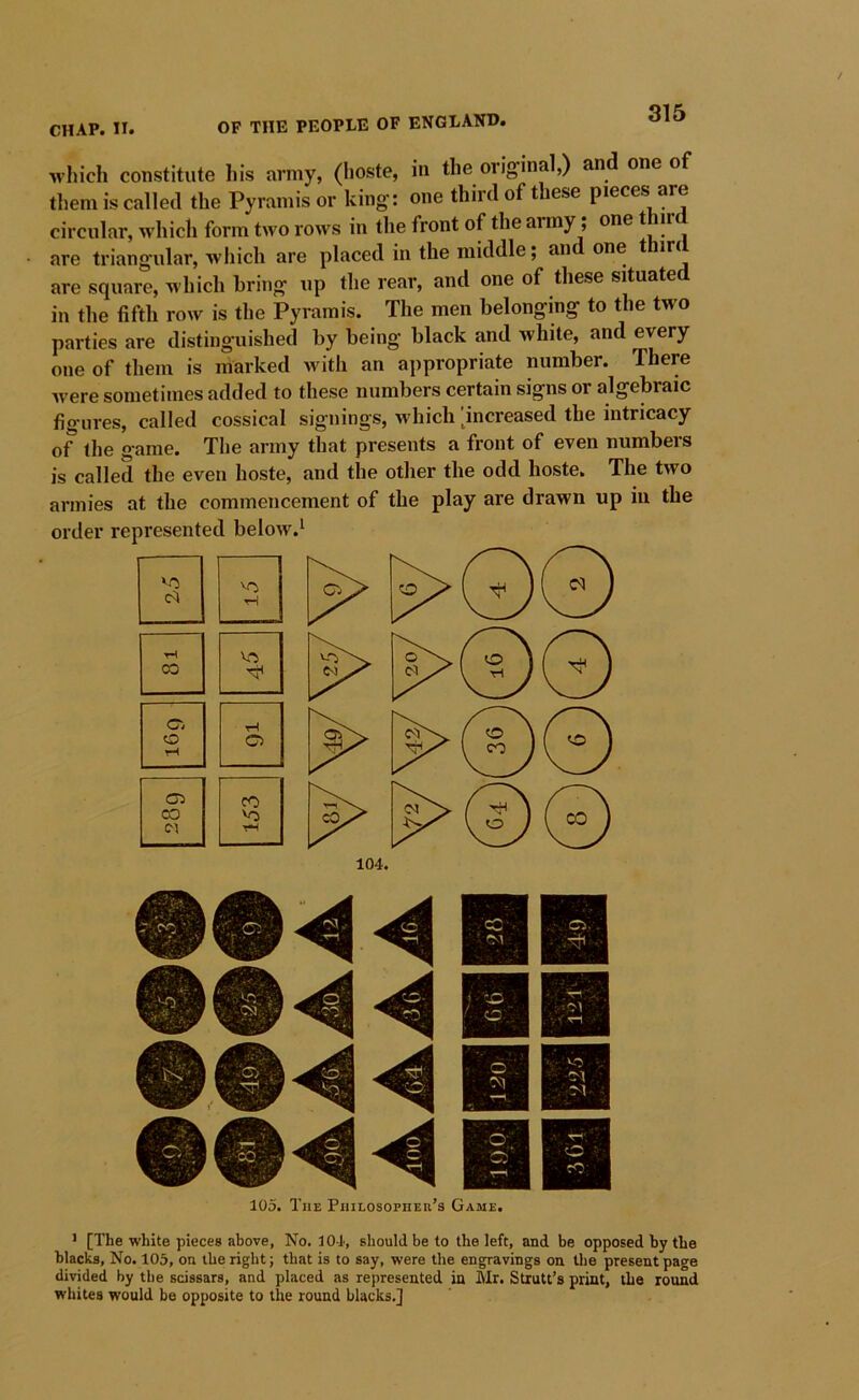 wliich constitute his army, (hoste, in the original,) and one of them is called the Pyramis or king: one third of these pieces are circular, which form two rows in the front of the army; one t ir are triangular, which are placed in the middle; and one thml are square, which bring up the rear, and one of these situated in the fifth row is the Pyramis. The men belonging to the two parties are distinguished by being black and white, and every one of them is marked >vith an appropriate number. There Avere sometimes added to these numbers certain signs or algebraic figures, called cossical signings, which [^increased the intricacy of the game. The army that presents a front of even numbers is called the even hoste, and the other the odd hoste. The two armies at the commencement of the play are drawn up in the order represented beloAV.^ AO C<1 r-{ CO CV 02 CO Cl tH VO o CO VO > [The white pieces above, No. 101, should be to the left, and be opposed by the blacks. No. 105, on the right; that is to say, were the engravings on the present page divided by the scissars, and placed as represented in Mr. Strutt’s print, the round whites would be opposite to the round blacks.]