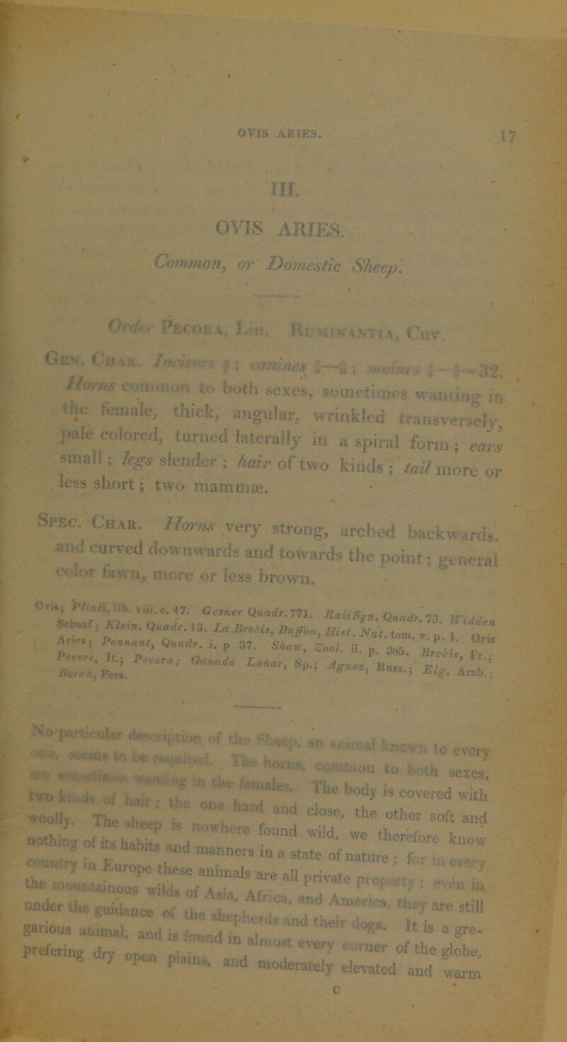 17 m. OVIS ARIE.S. Com.mo7ij or Domestic Sheep. • ) OnUr Pkcora. L'm, Ri xsin^mia, C'uv Gev. C u iju lutisors f ; azm/jes coni.non to both sexes, sometimes warning iri the female, thick, angular, wrinkled transversely' j>ale colored, turned iatcrally iu a spiral form ; ears small; legs slenderhair of two kinds ; tail more or less short; two marhiiue. , > Spec. Char. /Wc very strong, arched backwards, and curved downwards and totvards the point; general color fawn,, u»ore or less brown. 0»Uj Gesner Quadr.771. RaiiSun. Quadr'Ti W No.,rntieal«- ^ >«eu\4 iti i>e ft. ^ 1 • evt,ry , - itfin ' ’ honijii comtijon to. both sexes two kii ds of iudr • tht. u j ' covered with -oWy. Thes^; fn a r garioas JSZit a r'” “** « » gf- prefering dry open nlaii™ corner of the globe. S. dry open plan... and n.odemtely elevated' and Lnr