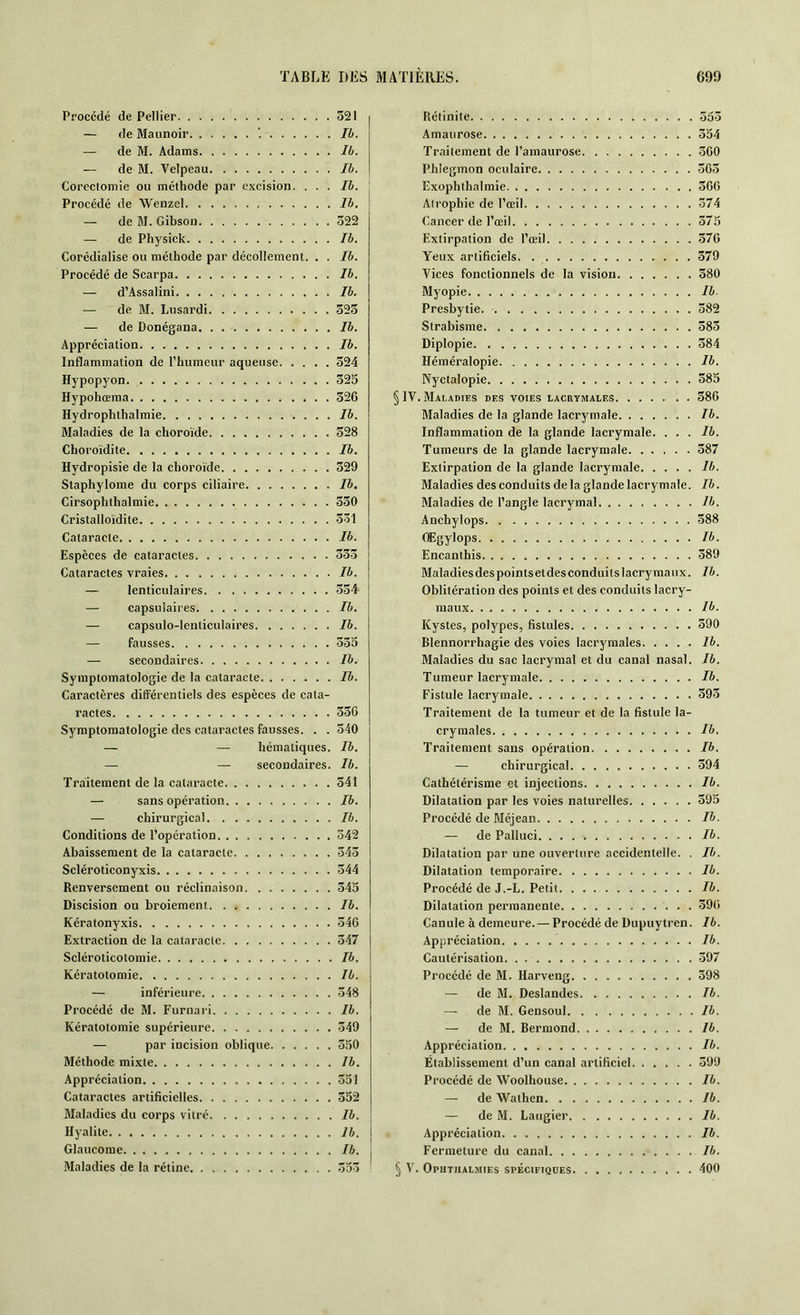 Procédé de Pellier 521 — de Maunoir Ib. — de M. Adams Ib. — de M. Velpeau Ib. Corectomie ou méthode par excision. ... /A. Procédé de Wenzel Ib. — de M. Gibson 522 — de Physick Ib. Corédialise ou méthode par décollement. . . Ib. Procédé de Scarpa Ib. — d’Assalini Ib. — de M. Lusardi 525 — de Donégana Ib. Appréciation Ib. Inflammation de l’humeur aqueuse 524 Hypopyon 525 Hypohœma 526 Hydrophthalmie Ib. Maladies de la choroïde 528 Choroïdite Ib. Hydropisie de la choroïde 529 Slaphylome du corps ciliaire Ib. Cirsophthalmie 550 Cristalloïdite 551 Cataracte Ib. Espèces de cataractes 555 Cataractes vraies Ib. — lenticulaires 554 — capsulaires Ib. — capsulo-leuliculaires Ib. — fausses 555 — secondaires Ib. Symptomatologie de la cataracte Ib. Caractères différentiels des espèces de cata- ractes 556 Symptomatologie des cataractes fausses. . . 540 — — hématiques. Ib. — — secondaires. Ib. Traitement de la cataracte 541 — sans opération Ib. — chirurgical Ib. Conditions de l’opération 542 Abaissement de la cataracte 545 Scléroticonyxis 544 Renversement ou réclinaison 545 Discision ou broiement Ib. Kératonyxis 546 Extraction de la cataracte 547 Scléroticotomie Ib. Rétinite 555 Amaurose 554 Traitement de l’amaurose 560 Phlegmon oculaire 565 Exophthalmie 566 Atrophie de l’œil 574 Cancer de l’œil 575 Extirpation de l’œil 576 Yeux artificiels. 579 Vices fonctionnels de la vision 580 Myopie Ib. Presbytie. 582 Strabisme 585 Diplopie 584 Héméralopie Ib. Nyctalopie 585 § IV. Maladies des voies lacrymales 586 Maladies de la glande lacrymale Ib. Inflammation de la glande lacrymale. . . . Ib. Tumeurs de la glande lacrymale 587 Extirpation de la glande lacrymale Ib. Maladies des conduits de la glande lacrymale. Ib. Maladies de l’angle lacrymal Ib. Anchylops 588 Œgylops Ib. Encanthis 389 Maladies des pointsetdesconduits lacrymaux. Ib. Oblitération des points et des conduits lacry- maux Ib. Kystes, polypes, fistules 590 Blennorrhagie des voies lacrymales Ib. Maladies du sac lacrymal et du canal nasal. Ib. Tumeur lacrymale Ib. Fistule lacrymale 393 Traitement de la tumeur et de la fistule la- crymales Ib. Traitement sans opération Ib. — chirurgical 394 Cathétérisme et injections Ib. Dilatation par les voies naturelles 595 Procédé de Méjean Ib. — de Palluci. . . . Ib. Dilatation par une ouverture accidentelle. . Ib. Dilatation temporaire Ib. Procédé de J.-L. Petit Ib. Dilatation permanente 596 Canule à demeure. — Procédé de Dupuytren. Ib. Appréciation Ib. Cautérisation. . 597 598 Ib. Ib. Ib. Ib. 599 Ib. Ib. Ib. Ib. Ib. 400 Kératotomie Ib. — inférieure 548 Procédé de M. Furnari Ib. Kératotomie supérieure 549 — par incision oblique 550 Méthode mixte Ib. Appréciation 551 Cataractes artificielles 352 Maladies du corps vitré Ib. Hyalite Ib. Glaucome Ib. Maladies de la rétine 553 Procédé de M. Harveng — de M. Deslandes — de M. Gensoul — de M. Bermond Appréciation Établissement d’un canal artificiel Procédé de Woolhouse — de Wathen — de M. Laugier Appréciation Fermeture du canal § V. Oputiialmies spécifiques