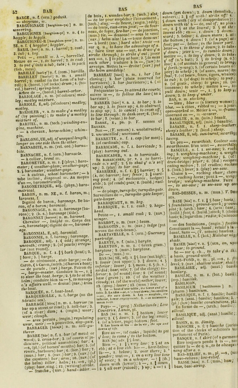 n. m. ( to 52 B.\R BARGE, n. f. (orn.) godwit. ■— aboyeuse, =. BARGUIGNAGE [barghinn-yaj ] uiavcring. BARGUIGNER Ibarghiiin-yé] V. haggle; to higgle. BARGUIGNEU-R [barghfnn-yeur] n. ni. SE, n. f. ( haggler; higglcr. BARIL [barî] n. ni. 1. barre!; 2. cas/., 3. iub ; 4. keg. . . .. , Petit - , small = . K-, barre lied. Mettre en — , 1. to barrel; 2. to cash . 3. to put y/ iiito a tub, tubs , 4. lo pacu (1'bAR1LLE [bari-y’l n. f. (com.) banlla. BARILLET [bnriyè] n. tn. barre! ; 2. casket (in the furm ofa I ar- rel); 3. (horol.) (of looks) drum ; 4. (ho- ro\.) barre! ; spring-box. Arbre de —, (horol.) barrel-arbo . BARIOLAGE , n. ni. (ol colours) med leu : motley mixture. BARIOLÉ, E, adj. (ofcolours) mcdley, 'barioler , V. a. to malte a medley of (by painling) ; lo rnake y/ a motley mixture of. , . ,. BARITEL, n m. (tech.) wtnding-en- qine, machine. — à chevaux, horse-whim ; whim- 9”baRLOXG,UE,adj. of unequal length; lonqer on one side than th other. BARNAB1TE, n. m. (rel. ord.) barna- ^'baRNACHE, n. f. (orn.) barnacle. — à collier, brent =. BAROMÈTRE, n. m. l. U (phys.) baio- meter; ( weather-glass; weatlier-gage; 2. k barometer; weather-gage. à cadran, wheel barometer, a tube incliné, diagonal —Au moyen d’un—, barometrically. BAROMÉTRIQUE, adj. (phys.) baro- metrical. , , __ BARON, n. m. NE,n. f. baron, m.; laronejs, f. _ . Dignité de baron, baronage. De ba- ron, ofa baron; baronial. BARONNAGE, n. m. 1. baronage (ba- rons); 2. (b. s.) baronage (iule). BARONNET [baroné] n. m. baronet. Chevalier —, knight =. Corps des —s, baronetage; dignité de —, baronet- °9BARONNIAL, E, adj. baronial. BARONNIE, n. f. barony ; baronage. BAROQUE, adj. 1. ( odd; strange; uncouth ; cramp; 2. (ofpearls) \rregu- lar (not round). BARQUE, n. f. I. ]] S bark (beat); 2. Il boat; 3. || barge. de cérémonie, siale barge, — de Caron, ( à Caron, (myth.) Charon s boat, — de parade, (nav.) barge. Patron de barqe-master. Conduire la , 1. || lo’steer the boat. barge; 2. S to be at the Itelm ' conduire bien sa— S, tomanage o.'s affaire ioeil. - droite! (nav.) trim the boat. BARQUÉE, n. f. boat-load. BARQUEROLLE, n. f. barge (on the Adriatic sea). , BARR AGE [ bàraj ] n. «n 1 bar upa streetor road); 2. toll-bar, i. (of a river) dam; 4. (engin.) wear, Weïl avee*pertuis , (engin.) régulât,ng wear weir; — à poutrelles, stop-gale. BARRAGER [bâraj*) n. m. loll-ga- *BARRE [bàr] n. M. b«r (of meul or woud); 2. cross-bar ; 3. lof courts , o, ) dicature, political assembliez) > ■ —s, (pl.l (of horses’ mouths) bar, 5. (or rivers, harbours) bar; 6. (lier.) b , • (mus.) bar; 8. (nav.) bar; 9 (nav (o the eapstern) bar ; arm ; 10. (nav. (ol the lielm) tiller; helm ; u. —s , (pi-) (play) base,sing.; 12. (wriling).* — franche, (nav.^ hand-ttller. BAS BAS de bois, I. wooden bar;2. (tech.) îlot; de fer pour empêcher l’ecrasement, (tech.) stag;— de fleuve, (engin.) eddy; — de fonte, casl-tron joist; —de four- neau, de foyer, fire-bar ; — de jonction, (mus.) lie. — dessous! — sous le vent. (nav.) helm alee! La — toute dessous. à bord! (nav.) hard alee! Avoir—s sur q. u., (o hâve the advantage of a. o.; faire tirer une — sur, to draiv \f a strolee throvgh; to strike t/ ouf ; jouer aux —s, l. || (o play at base; 2. § to miss each other; traduire à la—, (law) to arraign. Mette'/, la — droite! (nav.) put the helm amidship ! BARREAU [bàrô] n. m. 1. bar (for closing); 2. bar (place reserved fur barristers) ; 3. bar (hamsters) ; 4. (ol chairs) splat. Fréquenter le—, to attend the courtsj suivre le—, to follow the laxo f as a barrister). BARRER [bàrt] v. a. x. to bar; 2. to bar up; 3. to fence up; 4. to obstruct; to stop up ; 5. to cancel ; to cross off, to line through ; to dash over; 6. (her.) fo bar ; 7. (veter.) to bar. Barré, e, pa. p. V. sensés of Barrer. . , . , Non —, (V. senses) 1. unobstructecl; 2. uncancelled; uncrossed. BARRETTE, n. f. 1. cap (for men) ; 2. (of cardinals) cap. BARRICADE, n. f. I. barricade; 2. (play) barring out. BARRICADER, v. a. to barricade. Se barricader, pr. v. i fo barri- cade o.s self ; 2. S to shut t/ o. s self up; 3. (play) to bar out BARRIÈRE, n. f. i. i § barner; 2 $ (À, to) barrier; bar; fence; 3. Il sfarf- tna post ; 4. (of enclosures , hedges) stile ; 5. (of roads) gâte; 6. (build.) rail- ^ — de péage, turnpike; tumpike-gate. Surveillant de —, tumpike-gate keeper; gate-keeper. BARR1QUAUT, n. m. keg BARRIQUE, n. f. 1. cask; 2. hogs- head. , , . pelile — ) i. small cask; 2. (nav.) winger. BARROT, n. m. (nav.) beam. BAR ROTIN , n. m. (nav.) ledge (put across the deck-beam). BARTAVELLE, n. f. (orn.) Guernsey partridge. BARYTE, n. f. (min.) baryta BARYTON, n. m. I. ( Greek gram.) barytone; 2. (mus.) barytone. BAS [bà] SE, adj. 1.1 S loto (nothigli); 2. lower (not upper); 3. || doym ; 4 y inferior ; lower; 5. S mean ; 6. S (b- s.) sordid : base; vile; 7. (of tlie elergy) m- ferior' 8 (of Sound) loto; 9 (of sound) base (grave); io ( of the weather ) cloudy; 11. (of the world) nelher; loiver, 12 (ceoa.) lotoer; 13. (mus.) low. ». Lo — bout d'une table , lhe lower tnd of a table 3. La této —se, o.’s /irarfdown ; les oreille* -re., the tare down. 4. Lo» — emploi», the inferior, L.wer emptoyments. 5. — “ nansauco, meun birth. _ payS t (geog.) Nctherlands ; Low Countries, Lands, pl. BAS f bà j n. m. I. U bottom ; lower part; 2. ( S doton; 3. (of the legj smaf,; 4. (ofa louer, page) bottom. foot. 2 Le» haut» et le» — de la vie , the upl and down» o) hfe. Être au — , (of casks , liquids) to get J low; lo corne \J to the bottom. BAS [bà] adv. || S lou>. Bien - .J II S very low: 2 $ nf on ebb ’ at a low ebb. Ici—, liere-below,^ 1^-— i. below ; 2. oeer there ; 3. yonder ; tout — , 1. •» avery low tone of voice; 2, in a wlusper. —! J (th.) down with (lower); it —, I | doton . I 2. S dll ot er (ruiued) ; ) up ; à — ! t || doton (get down); 2. down fdemolish, subvert) ; 3 || off with! strike off. 4 Ç down with ( cry of disapprobation). down with it'A à — de, oui of ; au plu* ■ — lis at the lowest; 2. S thc lowest ebb ; en —. 1. down : 2 down- inard; 3. below ; 4. down staxrs ; 5. at the bottom : 6. down ! 7 (of a page) at foot; par —. below; in the lower part. jeter— i. to throw \/ down;2. to tak• ■ J down; jeter à—, to lumble down ; mettre—, 1. to lay v/ down ; 2. lotakt. J off (o.’s bat); 3. S to brtng (a. o.) loto * 4. (of animais in general) lo brtng , J forth (yuung); 5. (ofeertain beasts o. prey) to ichelp ; 6. (of asses, mares) to foal ' 7. (of béais, foxes, tigers, whales,- to c’ub ; 8. (of dogs) to ichelp ; to pup ; 9. (of goats, sheep) to yean; 10. (ol lionesses) to whelp ; mettre a — , le pull down; tenir —, 1. S kceP Vv down; 2. to Iceep \/ under. BAS, n. m. stockmg. bleu , blue = (a hterary womati) b lue. —à côtes, ribbed— ; — kjour open-worlced =. Métier à —, —-framc tisserand en —, — -weaver. BASALTE , n. m. (min.) basait BASALTIQUE, adj. (mm.) basaltic. BASANE, n. f. 1. sheep-lcatherr sheep's leather ; 2. (biud.) sheep. BASANE, E, adj. sun-burnt;swarthy tawny. . „ , Un peu — , swarthish. Couleur —ec sicarthiness. D’un teint , swarthili BASCULE, n. f. 1. see-saw; 2. roch: ing ; 3. weighing-machine ; 4. weigr,i bridge; weighing-machine ; 5. (off dravv-bridge) plyer; 6. (did ) reciprr. cating motion; 7. (of cradles) rocket t 8. (lock.) lever; 9. (play) see-saw. Chaise à—, rocking chair; chevi à —, rocking horse; pont à —, weig bridge; weighing-machine. Faire —, lo see-saw; to see-saw up at. down. , , _ BAS-DESSUS, n. m. (mus.). I. De- SLBASE [bon] n. f. 1. 1 s base,i basi,l ç foundalion ; ground-work ; groun plot ; 3. (areh.) base ; 4. (arts) base; (build.) footj 6. (build.)stock; 7. (choc . basis; 8.(logarithm. ) radia:; 9.(scienct-i base. , . , , — des fondations, (engin.; footir-. Constituant la —, basal ; relatif à la basal. Sans—, (V. senses) baseless. BASELLE, n. f. (bot.) Malabar mg shade. BASER [bâi6] v. a. $(5™, on, upi fo base ; to ground. Se — sur q. ch., to take y/ a. ta a basis, ground-work. BAS-FOND, n. m., pl. —S, I- / level; 2. (nav.)s/iaf/oto water; sliall BASILAIRE . basilary. BASU.IC, n. (erp.) basilisk. BASILICON, BAS1LICUM adj. m. 1 (anat.) basil (bot.) basil [ barUiWomm ) n. (pharm j basilicum. BASILIQUE, n. f. 1. basilic; basil pile; 2. (anat.) basilic; basilica; 3. (pl.) (law) basilic constitutions, pl- En forme de —, (arch.; basilic; silical. BASILIQUE, adj. (anat.) basilic , silical. BASIN, n. m. dimity. . BASOCHE , n. f: t basoche (junf- lion of the clerks of solicitors te parliament of Paris). BASQUE, n. f. skirt (of agarmen Être toujours pendu A la —, ne quitter la — de q. u., to be altcays, ning after a. o. , BAS-RELIEF, n. m .pl. —s, (sc basso-relievo : low-relief. BASSE [bà»»] n. f. (mus.) bass; bas», basc-string.