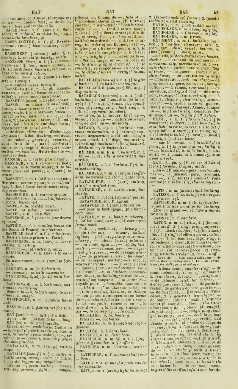 BAT — continue, contir.ued, thorough = ; contre , double bass ; — de viole , (mus.) base viol; violoncello. BASSE [bàss] n. f. (nav.) I. fini ; shoal; 2. ridge of sand-banks, sing. ; rocks with breakers, pl. BASSE-CONTRE, n. f., pl. BassES- contiie , (mus.) base-counter; lower ténor. BASSEMENT [ bàsman j adv. S 1. mean/y: 2. sordidly; basely ; vilely BASSESSE [bàcess] n. f. § 1. lowness ; meanness; 2. low , mean action; S. (b. s.) sordidness; baseness; vileness; 4. base, vile, snrdid action. BASSET (b«cr] n. ni. (main.) 1. bas- set; 2. turnspit. — à jambes torses, turnspit. BASSE-TAILLE, n. f., pl. BASSES- TAILLES, l. (sculp.) basso-relievo; low- relief; 2. (vocal mus.) bass; base BASSETTE [bàcett] n. f. (play) basset. BASSIN, n. ni. l. ba»in(kind ufdish); binon; 2. basin (réservoir); 3. (of a ba- lance) scale; 4.(of a liarbour) liaven; 5. (anat.) pebus; basin; 6. (geug., geol.) basin; 7. (Jevvisli ant.) laver; 8. (found., glass., hat.) basin; 9. (mining) basin; repository ; 10. (nav.) dock. — de depùt, slime-jiit;— d’échouage, dry dock ; — à Ilot, lloating, wet dock; — de radoub , graving , repainng dock. Droit de —, (nav.) dock-due ; vanne de—, (engin.) dock-gate. Con- verti en —, basined. Mettre dans le —, nav.) to dock. BASSINE, n. f. (ans) pan (large). BASSINER, v. a. 1. to warm (a bed); 2. to wet (with warm waler); 3. to fo- ment (diseased parts); 4. (hort.) to water. BASSINET, n.m. 1. (of fire-arms) pan; fire-pan; primmg-pan ; 2. ;anal.) ca- lyx; 3. (bot.) lesser spear-wort; creep- mg crow-foot. BASSINOIRE, n. f. warming-pan. BASSON [bacon] n.m. I. (th.)bassoon; 2. (pers.) bassoonisl. BASTE, n. m. (cards) basto. BASTE, int pshaw! nonsense ! BASTEII, v. n. f tosuffice. BASTERNE, n. f.fbastern (car dravvn by oxen). BASTIDE , n. f. 1. country-house (in the South of France); 2.ifortress. BASTILLE [basti-y’] n. f. i. f fortress; 2. bastille (state prison in Paris). BASTINGAGE, n. m. (nav.) l. barri- coding ; 2. nettmg. Filets de—, (pl.) netting, sing. BASTINGUER , v. a. (nav.) to bar- ricade. Se bastingcer, pr. v. (nav.) to bar- ricade. BASTION, n. m. (mil.) bastion. — casematé, = with casemates. BASTIONNÉ, E, adj. (mil.) with bas- tions. BASTONNADE , n. f. bastinade; bas- tmado; cudgelling. Donner la — à, to bastinade; to bas- tmado; to cudgel. BASTPdNGUE, n. m. ( public housc bail. BASTUDE , n. f. fishing-net (for salt- water;. BAT [ban] n.m. t tail (of a fish). Avoir ... de—, (of fish) to be .... long. BAT [bà] n. m. pack-saddle. Cheval de , paclc-horse. Mettre un — à, to put ij a pack-saddle on: ôter un * ô, to take \/ a pack-saddle from ; sa- voir où le — blesse S, to know fj where the shoe pmches. BATACLAN, n.m. ) (sing.) rallle- traps, pl. BATAILLE [batà-y'] n. f. 1. battle: 2. battle-array; array. order of battle : 3. (cards) b eggar ni y neighbour. Grande —, great battie ; — navale, sea engagement, figlit; — rangée’ BAT pitched =. Champ de — , fie.ld of = ;  war-field; cheval de —, (P. Cheval) charger; * war-stced ; ' ’ battle-steed ; corps de —, l. (mil.) main body ; 2. (nav.) (of a lleel) centre; ordre de —, = array. De —, t. of — ; 2. em- battled; en ordre de—, (mil.) in =: ar- ray; in order of =. Donner, livrer—, to girey/ = ; livrer'— pour q. u. §, to take y/ up the cudgels for a. o.: livrer une —, to fight y/ a =■ présenter la —, to offer =; ranger en —, en ordre de —, to draw y/ up in order of = ; * to embatlle; se ranger en —•, en ordre de —, to draw y/ up m = array; * to era- batlle. BATAILLER [batà-yC] v. n. I. f || to give yt battle; 2. 5 to battle; to slruggle. BATAILLEU-R [batà-yetir] SE, adj. ( disputatious. BATAILLON [bata-yon] n. m.l. (mil.) batlalwn; 2. (mil.) squadron (of infan- try); 3. || * —s, (pl.) railles, pl. ; squad- rons, pl.; army. sing.; host, sing.; 4. § (h. s.) régiment (number). — carre, (mil.) square. Chef de —, major; école de —, battalion drill; rang de chef de—, majority BÂTARD, E, adj. 1. || bastard : spu- rious; misbegotten; 2. S bastard; spu- rious; degenerale ; 3. (of animais) of a mixed breed: 4. (of dogs) mongrel; 5. (ofwriting) inclined; 6. (bot.)bastard. Déclarer—, to bastardize. BÂTARD, n.m. E, n. f. bastard. m. f. En —, t. as, like a bastard; 2. ba- stardly. BÂTARDE, n. f. l. bastard, f.; 2. in- clined ivriting. BATARDEAU, n. m. I. (engin.) coffer- dam: batterdeau;2. (fort.) batardeau. BATARD1ÉRE, n. f. (agr.) cutting, slip of a grafted tree. BÂTARDISE, n. f. bastardism ; ba- stardy. BATATE, n. f. (bot.) Spanish potalo. BATAVIQUE, adj. P. Larme. BATAYOLE, n. f. (nav.) stanchion. —s pour le bastingage, (pl.) barri- cade. sing. BATEAU, n. m. 1. bout; 2. icherry ; 3. (of balloons) car; 4. (of carriagcs) frame-work. Petit — , cock boat ; — brise-glace, (engin.) ice-—; — lesleur, ballast lighter;— pêcheur, jishing-=,smack; wherry ; — pilote, (nav.) pilot-= ; — non ponté, open — ; — rapide, fast, swift =; traîneau, ice-—. — d’agre- ment,pleasure-—; —de passage,wher- ry;— de provisions, (nav.) bumboat; — de transport, wafter ; •—à vapeur, steamer ; steam-— ; — à vapeur armé en guerre, (nav.) armed steamer. Con- structeur de—x, — -builder; construc- tion de—x, —-building; convoi de—x, train of =; hangar à—. =-liouse. Na- vigable pour —, boatable. Comme un — , like a — ; * = -like ; = -tvise ; en —,l.iii a=;2.as, like a =; =-like;en — non ponté, in an open =; en (orme de —, —-shaped. Porter—. (of rivers), to be navigable; remonter en —, to ascend in a =; to boat up; transporter par —, to convey by =; to boat. BATELAGE, n. m. boating. Frais de —, boat-hire. BATELAGE, n. m. \\ juggling; leger- demain. BATE1.ÉE, n. f. boat-load. BATELF.T, n. m. liltle boat. RATELEU-R, n. m.SE, il. f. i.||juj- gler ; 2. |] tumbler; 3. S buffoon. RATELIER, n. m. boatman; water- man. BA TELIERE, n. f. woman thaï rows a boat. BÂTER, v. a. to put \J a pack saddlc on ; to saddle. BÂTI, n. m. 1. (arcli.) lighl building; BAT 53 2. ( caDinet-making) frame ; 3. (nced.) tacking ; 4. (tail.) basting. BATIER, n. m. pack-saddle maker. BATIFOLAGE, n. m. fromping;plau. BATIFOLER, v. n. ( to rom»; ton tau BATIFOLEUR, n. m. $ romp. BÂTIMENT, n. m. l. building (édi- fice); 2. ’ édifice; structure: pile; 3. (com. nav.) sliip ; vessel; bollom; 4! (nav.)(comp.) ... mon; man ’ —s ci vils, (of dock-yards) store-houses, sheds ; — marchand, du commerce, 1 ’. merchant-ship; merchant-man; l.pri- vate sliip; — parlementaire,(nav.) flag oftruce; — de guerre, (uav.) mon, ship ofwar; — de mer, sea-going ship; — d’observation, look out ship; — do propriété étrangère, (com. nu\.)foreign bollom ; — à rames, row-boat ; — de servitude, dock-yard boat; — de trans- port, transport ; transport-sliip ; ■— à vapeur, steamer ; steam-ship ; steam- vesscl ; —à vapeur aimé en guerre, (nav.) armed steamer. Armer, équiper un —, to fit out a ship; congédier l’é- quipage d’un —, to pay y/ off a ship. BÂTIR , v. a. 1. || to build y/; 2. |] to construct ; to erect; 3. § to bitiId \J; to eslablish : to raise; to rest: 4. S to gel y/ up ( a fable, a story ) ; ( to trump up ; 5. (of birds) to build 1/(a. nesl); 6. (need.) to tack; 7. (tail.) to bas te. — sur le devant, 1 § to build y/ in front; 2. ( $ to grow y/ stout, buiky. À —, 1. to build y/; 2. to be built; 3. un- built. — à chaux et à ciment S, to = upon a rock. Bâti , e , pa. p. ( V■ senses of Bâtir) (pers.) formed ; shaped; made. Bien —,( V. senses)(pcrs.)well-made; mal — , (F. senses) (pers.) ill-made. Non —, (F. senses) unbuilt. Voilà comme je suis bâti ( §, thaï is my tem- per. BÂTIS , n. m. (arcli.) light building. BÂTISSE, n. f. building (with regard to the masonry). BÂTISSEUR, n. m. ( (b. s.) builder ; person thaï has a mania for building. Être un grand —, to hâve a mania for building. BATISTE, n. f. cambric. BÂTON, n. m. 1. || stick ; 2. || (for sup- port) staff: 3. 5 staff: prop ; support: 4 || (for attack) cudgel; 5. || (for attack) club; 6. || staff (oioffice); wand ; bâton; batoon; 7. (of banners. flags) staff: 8. (of bishops) crosier : 9. (of chairs) s/dat ; 10. (of a field-marshal) truncheon; bâ- ton: li. (of parrots) perch ; 12. (wri- ting) straight slroke : 13. (nav.) staff. t Coup de —, blow with a stick ; un — d« cire, a «tick of sealing-wax. 3. Le — de la vieil- lesse , the staff, prop of old âge. — à deux bouts , quarter-staff ; — de commandement, 1. = of rommand; 2. truncheon ; 3. (nav.) = ; ensign-— ; — de défense , stick for defense ; — d’enseigne, (nav.) flag- = \ de garde fo- restier, de gardien de parc, quarter-—; — de maréchal, 1. || marshal’s trun- cheon; 2. § générais truncheon; — de Napier , (sing ) (math.) Napier s bon es, pl. Coup de—, blow witha stick; blow ; coups de —, blows , pl.; cudgel- ling . sing.: jeu du —, cudgel-play ; cud- gel-playing ; loi du *—, club-law ; tour de — , occult profit; by-profit; odd drubbing ends, pi.; volee de coups de —, cudgelling. \ l’épreuve du —, cud- gel-proof; à -s rompus, l. desullory; 2. desultorily : by fils and starts ; by starls; ( and on off; en —, 1. in a stick; 2. like a stick. Chasser q. u. à coups de i to cudgel a o. away; donner un coup de — à, (0 strike y/ ivith a stick : to give (a. o.) a blow; jeter, mettre des — s dans la roue , to put F a spoke in the ivheel; jouer du —, to haudle the =z ; lâcher le — de commandement, to give y! the staff oui ofo.'s own hands,