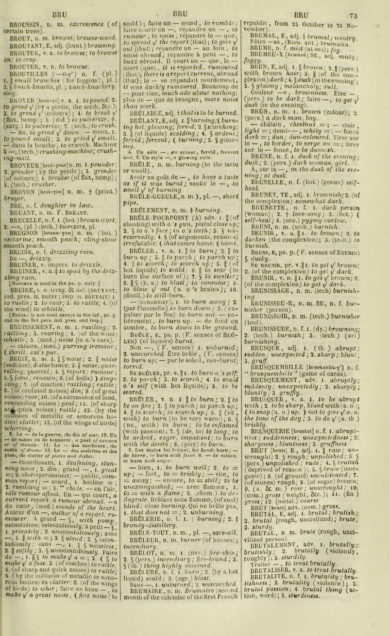 BRU BR0USS1N, n. m. cxcrescence ( of certain trees). BROUT, n. m browse; broiose-wood. BROUTANT, F,, adj. (luini ) browsing. BROUTER, v. a. to browse; lo broivse on: to crop. BROUTER, v. n. to browse. BROUTILLES [—ti-7’] n. f. (pi ) 1. l imai/ branches ( for faggots), pi- ; 2. S knick-knacks, pi. ; knicït-knackery, sing. BROYER [broi-yé] v. a l. to pound; 2. to grind (by a pestle, lhe tcclli, 8cc.): 3. to grind (colours) ; 4. to break / (flax, liemp 5. (did.) to pulvérisé ; 6. (surg.) to pulvérisé; 7. (tech.) to crush. — lin, lo grind y/ down ; — menu. 1. to pound small; 2. to grind / small. — dans la bouche, to cranch. Machine à —, (tecli.) crusliing-machine; crush- ing-mill. BROYEUR [broi-yrur] il. ni. 1. pounder; 2. grinder ( by llie pestle); 3. grinder (uf colours); 4. breaker (of flax, hemp); 5. (teeh.) crusher. BROYON [broi-yon] n. m. f (print.) broyer. BRU, n. f. daughler in law. BRUANT, il. m. V. BrÉant. BRUCELLE, n. f. 1. (bot. ) broivn wort; 2. —s, (pl.) (tecli.) tweesers, pl. BRUGNON [brunn-yon] n. m. (bot. ) nectarine ; smooth peach; cling-stone smooth peach. BRUINE, n. f. drizsling rain. De —, drizzty. BRUINER, v. impers, to drizzle. BRUINER, v. a.^ to spoil by the driz- sling rain. | [Brüixer is used in tbe pa. p. only. ] BRUIRE, \. n. irreg. 8c de!, (bruyant; ind. près, il bruit ; imp. il bruyait) i to rustle ; 2. to roar; 3. to rallie; 4. (of the windj to whist le. (Bnumt-: is not used except iu tlie inf., pr. p. and in the 3rd pers. ind. près, and imp.j BRUISSEMENT, n. ra. 1. ruslling ; 2. rattling ; 3. roarmg ; 4. (of thewinfl; whistle; 5. (med.) noise (in o.’s cars). — cataire, (med.) purrmg tremour ; ( thrill : cal’s pur. BRUIT, n. ni 1. [| § noise; 2. || noise (sédition);disturbance; 3. || noise: quar- relling: quarrel ; 4. § report : rumour ; 5. J fume ; renown; 6.(of bells) ) ding- dong ; 7. (of coaclies) rattling ; rallie ; 8. (of confused noises) din; 9. (of great noises' roar; 10. (of a succession ofloud, resounding noises ) peal ; n. (ofsbarp aiiquiet noises) rutile; 12. (by the collision of metallic or sonorous bo- dies) clatter; 13. (of the wings of birds) whirring. 8. Le — de la guerre, the din 0/ war. 10. Un — de canon ou de tonnerre , a peal of camion or of thunder. 11. Le — des tambours , lhe rattle of drurrn. 12. Lo — des assiette* et de* plats, the clatter of plates and dishes. — étourdissant, 1. deafening, stun- ning noise; 2. din: grand —, i. great =1 2. obstreperousness; — public, com- mon report ; — sourd , 1 hollow =: 2. rumbling = ; 3. •* chicie. — en l’air’ idle rumour aflout. Un — qui court, a currev.t report; a rumour abroad. —3 du cœur, (med.)sounds of the heurt. Auteur d un —, author of a reitorl' ru- mourer. A grand — 5, With porno ostentation; oslentatiously; à petit— $ ’ 1 pnvately ; 2. unoslentat'iously : avec - . 1. Jj with = ; 2. |1 aloud ; 3. $ osten- tations^ ; sans -, 1. || $„oiseless; 2 J softly ; 3. i unostentatiouslu Faire du — , « il S ‘0 malce yf a = ; f ( 5 l0 make / afuss: 3. (of coaches) to rattle 4. (ofsbarp and quick noises) to rattle- 5 ( by the collision of metallic or sono- rcus boniesj to clatter: 6. (of the wings Of birds) to whir; faire 1111 beau — to I3KU scold ) ; faire un — sourd , to rumble ; faire courir un—, répandre un — , to rumour ; to noise ; répandre le — que, to sprend / the report (thaï) ; to gire \J out (tbat) ; répandre un — au loin , to noise abroad; répandre h petit —, to buzz abroad. Il court un — que, le — court (que), il tsreported. rumoured ( thaï); there is a report carrent, abroad (lliai); le — se répandait sourdement, it was darlcly rumoured. Beaucoup do — pour 1 ion, much ado about nolhing; plus de — que de besogne, more noise than work. BRÛI.ABI.E, adj.it/iatisto be burned. BRÛLANT, E, adj 1.1| burning;( buru- ing hot;glowmg; fervid; 2. ||scorchmg; 3. || (of liquida) scalding ; 4. S ardent; fervid; fervent; ( burning ; 5. S glow- ing. 4. Un zèle —. an ardent, fervid, fervent zeal. 5. Un style —, a glowing style. BRÛI.E , n. ni. burning (to the tasto or smell). Avoir un goût de — , to hâve a taste as if it was burnt ; sentir le — , to smell y/ of burning. BRÛLE-GUEULE, n. m.), pl. —, short pipe. BRÛLEMENT, n. m. } burning. BRÛLE -POURPOINT (À) adv. 1. J (of sliooting) soit h o s yun, pistol close up; 2. § to o.’s face ; in o.’s teeth ; 3. S un ~ reservedly: 4. $ (of arguments, rcasons) irréfutable; ( thaï cornes home; (home. BRÛLER, v. a. 1. ] lo burn; 2. P to burn up ; 3. ]| to parch ; lo parch up ; 4. || to scorch; to scorch up ; 5. [ (of hot liquids) lo scald; 6. || to sear ( to burn the surface of); 7. S <0 sivelter; 8. | § (b. s.) to hlast ; to consume; 9. to blow \J nul (a. o.’s brains); 10. (distil.) to still-burn. — (cunsumer), t. to burn away ; 2. (par l’incendie) to burn down ; 3. ( ex- pulser par le feu) to burn out. ■— en- tièrement, to burn up. — do fond en comble, to burn down lo the. ground. Brûlé, e, pa. p. (V. senses of Brû- ler) (of liquors) burnt. Non —, ( V. senses) t. unburned; 2. unscorclied. Être brûlé , (V. senses) to burn up;— parle soleil, sun-burnt; tornd. Se brûler, pr. v. J1. to burn o.'s self; 2. to parch; 3. lo scorch; 4 to scald 0. ’s self (with hot liquids); 5. lo be seared. BRÛI.ER, v. n. 1. J tn burn; 2. || lo be on fire ; 3. || lo parch; to parch up ; 4. || to scorch; lo scorch up ; 5. || (de , with) to burn (to be very warm); 6. S (de, wilh) to burn; lo be in/lamed (with passion); 7. § (de, to) to long; lo be ardent, eager, impatient ; lo burn with the desire ; 8. (play) to burn. 5. Les mains lui brûlent, his hnnds burn ; — do fièvre , to burn with fever. 6. — de colère, lo burn with mixer. — bien, t. to burn well; 2. to = up ; — fort, to = briskly ; — vite, lo = away ; — encore, to = still; to be unextinguished; — avec flamme, t. ta = with a Ilame ; 2. ^chem.) to i/e- llagrate. Brûlant sans flamme, (ofeoal) blind: close burning. Qui ne brûle pas, 1. thaï does not — ; 2. unburning. BRÛLERIE, n. f. 1. t burning ; 2. | brandy -distil lery. BRÛLE-TOUT, n. m., pl. —, sare-all. BRÛLEUR, n. ni. burner (of houses) ; incendiary. BRÛLOT, n. ni. i. (nav.) fire-ship ; 2. § (pers.) incendiary ; fire-brand ; 3. S (th.) thing highly seasoned. BRÛLURE, n. f. I. burn; 2 (by a bot liquid) scald; 3. (agr.) blast. Sans—, i. unburned ; 2. unsc.orched. BRUMAIRE, n. m. Brumaire (second BRU 73 republie, from 25 Octobcr to 2t Nu- vemberj. rA. o • J ’J*‘J’ t 1)1 umai ; wxnlry. n un aï c es> ^nt) brumaha. BRUME, n. f. mist (alsea): fon BRUMEU-X [brumcùj SE, arij. niistii ■ foggy- J ’ BRUN, E, adj. t. || brown; 2. | (pers 4 with brown hair; 3. || (of the coni- plexion)darfc;4. ||dui/c(in llieevening • 5. S gloomy ; melancholy; dull. Couleur —e , brownness. Èlre — (pers.) to be darlc; faire—, lo get ù dusk (in the evening). BRUN, n. m. l. broion (colour); 2. (pers.) a dark man, boy. — châtain , chestnut = ; — clair light = ; demi , whily = ; — fonce dark = ; dun; dun-colourcd. Tirer sur le — , to border, to verge on = ; tirer sur le— foncé, to be dunnish. BRUNE, n. f. l. dusk of the evening; dusk; 2. (pers.) dark woman, girl. À, sur la —, in the dusk of the eve- ning ; at dusk. BKUNELLE, n. f. (bot.) (genus) self- heal. BRUNET, TE, adj. 1. brownish;2. (of lhe coinplexion) somewhat dark. BRUNETTE, n. f. 1. dark person (woman); 2. + love-song ; 3. (bot.) ( self-heal; 4. (orn.) pygmy curlew. BRUNI, n. ni. (tecli.) burnish BRUNIR, v. a. | 1. to brown; 2. to darken (the complexion); 3. (tech.) lo burnish. Bruni, e, pa. p. ( V. senses of Brunir) S dusky. Se brunir, pr. v.|| i. to get \J brown; 2. (of the complexion) lo gel \/ dark. BRUNIR, v. n. P1. to get \J brown; 2. (of llie complexion) to get (/ dark. BRUNISSAGE, n. ni. (tech) burnish- tn g- BRUNISSEU-R, n. m.SE, n. f. 6ur- nisher (person). BRUNISSOIR, n. m. (tech.) burnisher (tool). BRUNISSURE, n. f. I. (dy.) browning: 2. (tech.) burnish; 3. (tech.) (art) burnishing. BRUSQUE, adj. l. ( th. ) abrupt; sudden : unexpected ; 2. sharp ; blunt ; 3. gruff. BRUSQUEMBILLE [bruskanbi-y’] n. f. “ brusquembille’’ (game of cards). BRUSQUEMENT, adv. t. abruptly ; suddenly ; unexpectedly ; 2. sharply ; bluntly ; 3. gru/fly. RRUnQUER, v. a. l. to be abrupt with ; 2. to be sharp, blunt with (a. o.); ( to snap(a. o.) up; ) not to give \f a. o. the lime of the day ; 3. to do / (a. tb ) briskly. BRUSQUERIE [bruskri] n. f. I. abrupt- ness ; suddenness ; unexpecttdness ; 2. sliarpness ; bluntness ; 3. gruffness. BRUT [bruit] E, adj. l. J raw ; un- wrought; 2. $ rough; unpolished ; 3. S (pers.) unpolished ; rude ; 4. § brutish (deprived of reason ); 5. § brute (inor- ganic); 6. (of ground) uncultivated; 7. (of stones) rough; 8. (of sugar) brown; 9. (a. ÔC m.) raw; unwrought ; îo. (com.) gross (weight, 8cc. ); il. (fin.) gross ; 12 (métal.) coarse BRUT [brute] adv. (com.) gross. BRUTAL, E, adj. l. brutal ; brutish ; 2. brutal (rough, uncivilized); brute; 3. sturdy. BRUTAL, n m. brute (rougb, unci- vilized person). BRUTALEMENT, adv. i. brutally; brutislily; 2. brutally (violcnüy, rougbly ) ; 3. sturdily. Traiter — , to treat brutally. BRUTALISER, v. a. to treat brutally. BRUTALITE, n. f i. brutality ; brù- tishness ; 2. brutality (violence); 3. brutal passion: 4. brutal thing (ac-