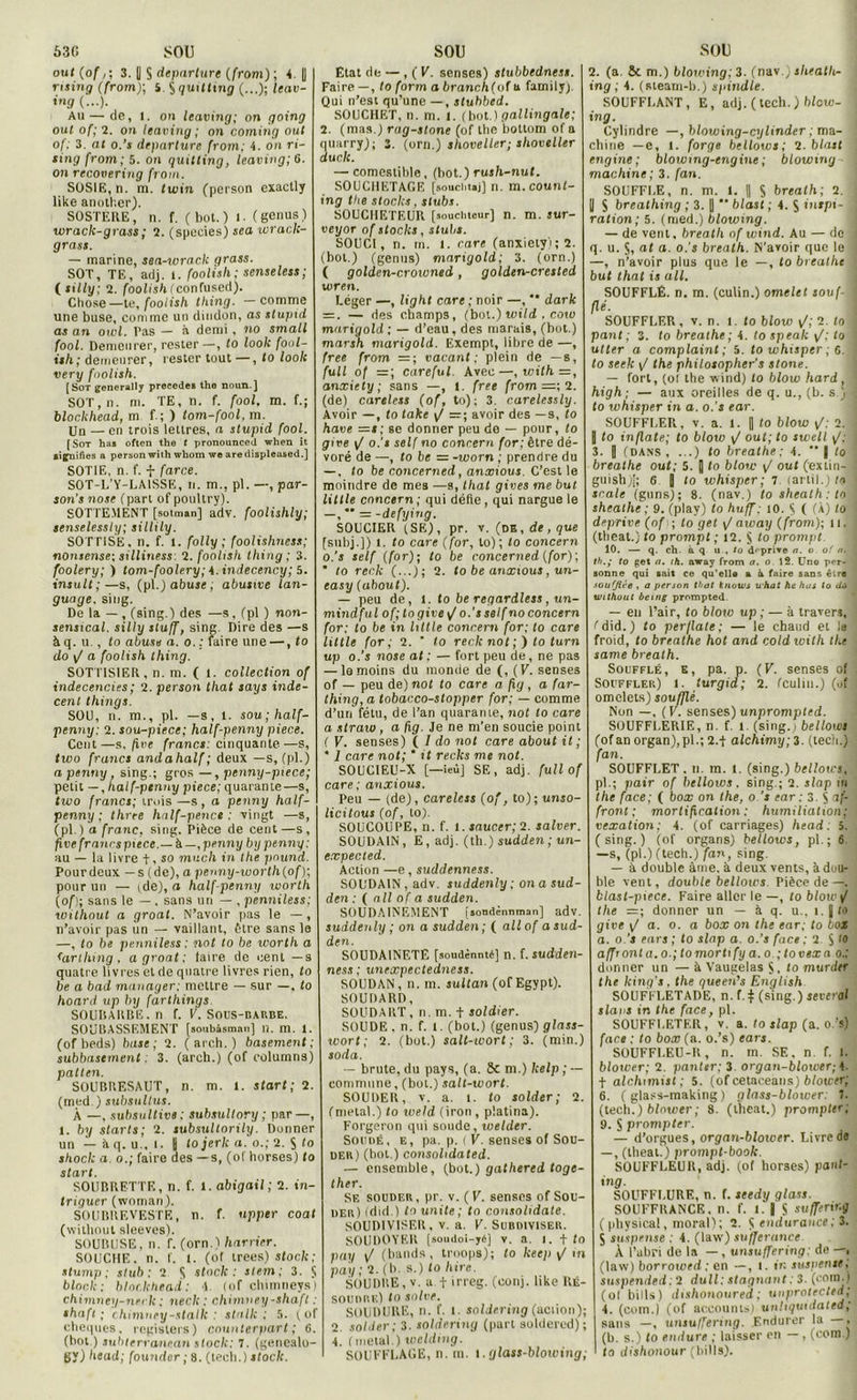 out (of,; 3. I § departure ( from); 4. fl rising (from); S. $ quitting (...); leav- ing (...). Au — de, 1. on leaving; on going out of; 2. on leaving; on coming out of; 3. al o.’s departure from; 4. on ri- sing from ; 5. on quitting, leaving; 6. on recovering from. SOSIE, n. ni. twin (person exactly like another). SOSTERE, n. f. (bol.) I. (genus) wrack-grass ; 2. (spccies) sea wraclt- grass. — marine, sea-wrack grass. SOT, TE, adj. i. foolish; senseless; ( silly ; 2. foolish (confused). Chose—lu, foolish thing. — comme une buse, comme un dindon, as stupid as an owl. Pas — à demi , no small fool. Demeurer, rester—, to look foul- ith; demeurer, rester tout —, to look very foolish. (Sot generally preeedei tho noun.] SOT, n. m. TE, n. f. fool. m. f.; blockhead, m f.; ) tom-fool,m. Un — en trois lettres, a stupid fool. [Sot has often the f pronounced when it signifies a person with whom we are displeased.] SOTIE, n. f. f farce. SOT-L’Y-LAISSE, ii. m., pl. —, par- son's nose (part of poultry). SOTTEMENT [sotman] adv. foolishly; senselessly; sillily. SOTTISE, n. f. t. folly ; foolishness; nonsense; silliness: 2. foolish thing; 3. foolery; ) lom-foolery; 4. indecency; 5. insult;—s, (pl.) abuse, abusive lan- guage. sing. De la — , (sing. ) des —s, (pl ) non- sensical. silly stuff, sing Dire des —s à q. u., to abuse a. o. ; (aire une —, to do y/ a foolish thing. SOTTISIER , n. m. ( 1. collection of indecencies; 2. person that says indé- cent things. SOU, n. m., pl. —s, 1. sou ; half- penny: 2. sou-piece; half-penny piece. Cent—s, fine francs: cinquante—s, two francs andahalf ; deux — s, (pl.) a penny, sing.; gros — , penny-piece; petit —, half-penny piece; quarante—s, two francs; trois —s, a penny half- penny ; three half-penct : ■vingt —s, (pl. ) a franc, sing. Pièce de cent —s, five francs piece.— à —, penny by penny: au — la livre t, so much in the paund. Pour deux — s (de), o penny-worth(of); pour un — (de), a half-penny ivorth (of); sans le — , sans un — , penniless; without a groal. N’avoir pas le —, n’avoir pas un — vaillant, être sans le —, to be penniless; not to be ivorth a <arthing , a groat ; faire de cent —s quatre livres et de quatre livres rien, to be a bad manager: mettre — sur —, to hoard up by farthings SOUBARBE. n f. E. Sous-barbe. SOUBASSEMENT [soubâsman] n. m. 1. (of beds) base; 2. ( arch. ) basement; subbasement : 3. (arch.) (of eolumns) patten. SOUBRESAUT, n. m. l. start; 2. (med. ) subsultus. À —, subsultive : suhsullory ; par—, l. by slarts; 2. subsultorily. Donner un — à q. u., l. | tojerk a. o.; 2. S to shock a o.; faire des — s, (of horses) to start. SOUBRETTE, n. f. 1. abigail ; 2. in- triguer (woman). SOUBREVESTE, n. f. upper coat (without sleeves). SOUBUSE, n. r. (orn.) harrier. SOUCHE, n. f. t. (of trees) stock; stump : stub; 2 S stock: stem; 3. $ bloclc; blockhead; 4. (of chimneys) chimney-net k : neck ; chimney -shaft : shaft ; chimney-stalk : stalk ; 5. ( of chèques, rcgislers) cnunterpart; 6. (bot.) suhterra-nean stock: 7. (genealo- gy) head; foundcr ; 8. (tecli.) ifocfc. Etat de — , ( E. senses) stubbedness. Faire —, to form a branr.htotu familjq Qui n’est qu’une — , stubbed. SOUCHET, n. m. t. (bot.) gallingale; 2. (mas.) rag-stone (of the boltom of a quarry); î. (urn.) slioveller; shoveller duck. — comestible, (bot.) rush-nul. SOUCHETAGE [souchtij] n. m.counf- ing the stocks , stubs. SOUC1IETEUR [soucineur] n. m. sur- veyor of stocks, stubs. SOUCI, n. m. I. rare (anxiety'i; 2. (bot.) (genus) mamgold; 3. (orn.) ( golden-crowned, golden-crested wren. Léger —, light care ; noir —, ** dark = . — des champs, (bot.) wild . cow marigold ; — d’eau, des marais, (but.) marsh marigold. Exempt, libre de —, free from =; vacant; plein de —s, full of =; careful. Avec—, with = , anxiety ; sans —, t. free from =; 2. (de) careless (of, to); 3. carelessly. Avoir —, to take y/ =; avoir des —s, (o hâve —s ; se donner peu de — pour, to give y/ o.’s self no concern for; être dé- voré de —, to be = -worn ; prendre du —, to be concerned, anxious. C’est le moindre de mes —s, that gives me but Utile cnncern ; qui défie, qui nargue le —,  — -defying. SOUCIER (SE), pr. v. (de , de, que [subj.]) t. to care (for, to); to concern o.'s self (for); to be concerned (for); ’ to reck (...); 2. to be anxious, un- easy (about). — peu de, 1. to be regardless, un- mindful of; to give y/ o.'s self no concern for: to be in little conrern for; to care little for; 2. ’ to reck not ;) to turn up o.’s nose at ; — fort peu de , ne pas — la moins du monde de (, (E. senses of — peu de) not to care a fig, a far- thing, a tobacco-stopper for; — comme d’un fétu, de l’an quarante, not to care a straw, a fig. Je ne m’en soucie point ( E. senses) ( 1 do not care about it ; * 1 care not;  it recks me not. SOUCIEU-X [—leù] SE, adj. full of care; anxious. Peu — (de), careless (of, to); unso- licitous (of, to). SOUCOUPE, n. f. i. saucer; 2. salver. SOUDAIN, E, adj. (th.) sudden ; un- expected. Action —e, suddenness. SOUDAIN , adv. suddenly ; on a sud- den : ( ail of a sudden. SOUDAINEMENT [sondènnman] adv. suddenly ; on a sudden ; ( allof a sud- den. SOUDAINETE [soudcnnté] n. f. sudden- ness; unexpectedness. SOUDAN, n. m. sultan (ofEgypt). SOUDARD, SOUDART, n. m. t soldier. SOUDE , n. f. l. (bot.) (genus) glass- ivort ; 2. (bot.) salt-wort; 3. (min.) soda. — brute, du pays, (a. 8C m.) kelp ; — commune, (bot.) salt-wort. SOUDER, v. a. i. to solder; 2. (métal.) to weld (iron , platina). Forgeron qui soude, welder. Soudé, e, pa. p. ( E. senses of Sou- der) (bot.) Consolidated. — ensemble, (bot.) gatliered toge- ther. Se souder, pr. v. (E. senses of Sou- der) (dul.) ta unité ; to consolidate. SOUDIVISER, v. a. E. Subdiviser. SOUDOYER [soudoi-yé] v. a. i. t to pay \J (banda, troops); to keep i/ m pay ; 2. (b. s.) to hire. SOUDRE, v. a t irreg. (conj. like Ré- soudre) to suive. SOUDURE, n. f. 1. soldering (action); 2. solder; 3. soldering (part soldered) ; 4. (métal.) tvelding. SOUFFLAGE, n. m. t.glass-blowing; 2. (a & m.) blowing;3. (nav.) slieath- ing ; 4. (sleatn-b.) sgindle. SOUFFLANT, E, adj. (tech. ) blcw- ing. Cylindre —, blowing-cylinder ; ma- chine — e, 1. forge bellows; 2. blast engine; blowing-engine ; blowmg machine; 3. fan. SOUFFLE, n. m. 1. || S breath; 2. | S breathing ; 3. || ** blast ; 4. S inspi- ration; 5. (med.) blowmg. — de vent, breath of wind. Au — de ; q. u. S, at a. o.'s breath. N’avoir que le —, n’avoir plus que le —, to breathe but that is ail. SOUFFLÉ, n. m. (culin.) omelet souf- flé. SOUFFLER, v. n. l. to blow (/,' 2- to \ pant ; 3. to breathe; 4. to speak \J; to utter a complaint ; 5. to whisper ; 6. to seek y/ the philosopher’s stone. — fort, (of the wind) to blow hard , high; — aux oreilles de q. u., (b. s ) i to whisper in a. o.'s ear. SOUFFLER, v. a. 1. fl to blow y/: 2. i fl to inflate; to blow y/ out; to swell y/; 3. fl (dans, ...) to breathe: 4. ** | to breathe out; 5. fl to blow y/ out (extin- guish)j; 6 fl to whisper; 7. (arlil.) to scale (guns); 8. (nav.) tosheath.ln sheathe ; 9. (play) to hujf; 10. S ( (À) to deprive (of ;; to get y/away (from); u, , (theat.) to prompt ; 12. S to prompt 10. — q. ch. à q « , to d- prive a. o of n. ; th.; to get a. th. away from a. o 12. Une per- j sonne qui sait ce qu'elle a à faire sans être soufflée , a person that knows u hat he has to do without being prompted. — en l’air, (o bloto up ; — à travers, fdid.) to per/late; — le chaud et la froid, to breathe hot and cold with tU same breath. Soufflé, e, pa. p. (E. senses of Souffler) l. turgid; 2. (culin .) (of omelets) souffle. Non —, (E. senses) unprompted. SOUFFLERIE, n. f. l. (sing.; bellows (bfanorgan),pl.;2.+ alchimy; 3. (tecli.) fan. SOUFFLET, u. m. 1. (sing.) bellows, pl.; pair of bellows. sing.; 2. slap m the face; ( box on the, o.'s ear ; 3. S af- front ; mortification: humiliation; vexation; 4. (of carriages) head: 5. (sing.) (of organs) bellows, pl.; 6 —s, (pl.) (tech.) fan, sing. — à double âme. à deux vents, à dou- ble vent, double bellows Pièce de—, blast-piecc. Faire aller le —, to blow / the =; donner un — à q. u., i.flio give yta. o. a box on the ear; to Los а. o.'s ears ; to slap a. o.’s face ; 2 S 10 affronta, o.; lomortify a.o.;tovexa o.; donner un — à Vaugelas $, to murder the king’s. the queen’s English. SOUFFLETADE, n. f(sing.) several slans in the face, pl. SOUFFLETER, v. a. to slap (a. o.’s) face ; to box (a. o.’s) ears. SOUFFLEU-R, n. m. SE, n. f. 1. blower; 2. panter: 3 organ-blower; 4. f alchimist ; 5. (of cetaeeans) blower; б. ( glass-making ) glass-blower: 7. (tech.) blower; 8. (theat.) prompter; 9. § prompter. — d’orgues, organ-blower. Livre de —, (theat.) prompt-book. SOUFFLEUR, adj. (of horses) panl- ing. SOUFFLURE, n. f. seedy glass. SOUFFRANCE, n. f. 1. fl S sufferir.g ( pliysical, moral) ; 2. $ endurance; 3. S suspense : 4. (law) suflerance. À l’abri de la — , unsuffering: de —, (law) borrowed ; en —, l. in suspense; suspended ; 2 dull; stagnant ; 3. (coni.j (ol bills) dishanoured ; unprolected; 4. (coin.) (of accounis) unliquidated; sans —, unsuffering. .Endurer la —, (b. s.) to endure ; laisser en —, (coni ) fa dishonour (bills).