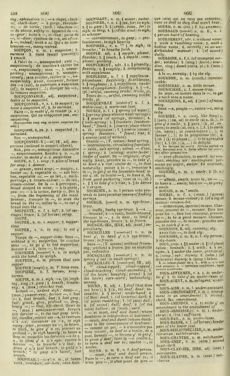 ing, exhaustion — ; — à clapet, clack- = ; clack-door; — 6 gorge , throtlle- = ; — de sortie, (tccli.) eduction =; — de sûreté, safety = . Appareil de —s, — -gear; boite à —, =-box: porte de —, = -door; système de —s, set of—s. À —, valvtd; with a =. Qui a de nom- breuses —s, many-valved. SOUPÇON, n. m. i. suspicion; 2. surmise- 3. taste (small quantity); ) smack. À l’abri du —, unsuspected ; avec — , suspiciously ; de manière il exciter les — s, suspiciously ; sans —, l.unsus- pecting ; unsuspicious; 2. unsuspi- ciously ; sans éveiller, exciter le -,un- susptcledly. Avoir, concevoir, former des —s (sur), to entertain a suspicion (of); to suspect (■■■); dissiper les —s, to removc suspicion. SOUPÇONNABLE, adj. suspicions ; liable to be suspected. SOUPÇONNER , V. a. 1. to suspect; to bave a suspicion of; 2. to surmise. Faire —, to make y/, to render (a. o.) suspicions. Qui ne soupçonne pas, un- suspecting. [Sol)rçONK«A conj. no|J. orintor. requires tlie •ubj ] Soupçonné, e, pa. p. 1. suspected ; 2. surmised. Non —, unsuspected. SOUPÇONNEU-X [—eù] SE , adj. sus- picious (inclined to suspect others). Non , peu —, unsuspicious. Caractère —, suspiciousness. Rendre q. u. —, to render, to make \/ a. o. suspicions SOUPE, n. f. î. soup ;2.slice ofbread for soup ; 3. dtnner. — grasse , méat soup; — maigre, 1. butter 2. vegetable =. — aux her- bes, vegetable —; — au lait, î. milli- porridge ; 2. cream-colour; — de lait, cream-colour. De la — à perroquet, bread steeped in ivine ; — à la purée, pea- =; — à la tortue, turtle =. Dès la —, from the beginning of the nieal. Dresser, tremper la —, to soak the bread in the =; tailler la —, to eut <J bread into the —, SOUPENTE, n. f. t. loft ; 2. (of car- nages) b race; 3. (of horses) strap. SOUPE, SOUPER, n. m. l. supper; 2. supper- time. SOUPER, v. 'n. to sup ; to sat \J supper. Temps de —, supper-time. Sans —, without a =; supperless. Se coucher sans —, to go y/ to bed supperless; donner à — à, faire —, lo sup. SOUPESER (»oup«6) v. a. to weigh with the ha-nd; to weigh. SOUPEUR, n. m. penon that eats supper. SOUP1ED [loupié] n. m. V. Sous-pikd. SOUPIÈRE, n. f. tureen; soup- tureen. SOUPIR, n. m. l. sigh;—s, (p\.)stgh- ing, sing.; 2. gasp ; 3. breath ; breath- ing ; 4. (mus,) crotchet-rest. Ardent—, ardent sigh; demi—, (mus.) quaver-rest ; dernier —, l. last — 2. last breath; last ; 3. last gasp; last; grand, gros, profond —, deep, heavy =; — vital, life-throb. Quart de —, (mus.) semiquaver-rest. Jusqu’à son dernier —, to the last gasp. Arrê- ter, étouffer, retenir ses —s, to restram o.’s —t; consumer en —s, to sigh away ; jeter , pousser un —, lo heure, to fetch, to give yt a =; pousser un profond —, to sigh heavily ; to heure a deep = ; recueillir les derniers —s de q. u , to close y/ a. o.’s eyes : rendre le dernier —, to breathe o.’s last ; to draiu y/ o.’s last breath ; to y ield o.’s breath; * to gasp o.’s latest, last breath. SOUPIRAIL (-ra-j’] n. m., pl. Soupi- raux, ventiduct ; air-hole ; vent-hole. SOUPIRANT, n. m. ( wooer; suitor. SOUPIRER, v. n. i. y (de, for) to sigh; 2. I to yasp ; 3. S (apkes , pour , for) to sigh; to long; 4. S (of the wind) to sigh; to whisper — convulsivement, lo gasp; — pro- fondément, to sigh heavily. SOUPIRER, v. a. ** S to sigh; to breathe ; ‘ to breathe forth. SOUPLE adj. t. | supple; pliant; flexible; 2. y touch; 3. S supple; com- pilant ; yielding. SOUPLEMENT , adv. +1.1 plianlly ; flexibly ; 2. | toughly; 3. compliantly; with suppleness. SOUPLESSE, n. f l. 1 suppleness; pliantness ; flexibility ; flexibleness; 2. | toughness ; 3. S suppleness; readi- ness o f compliance : factlity : t S —s, (pl.) arlful, cunning tricks : tncks, pl. Tours de —, arlful, cunning tricks; tricks, pl. SOUQUENILLE [soukni-y’j n. f. I. stable-coat ; 2. worn-out coat. SOURCE, n. f. i. 1 spnng (of water); 2. [ spring (place whence water springs); 3. j source (of springs, streams) ; 4. 1 well-spnng ; 5. || fountain ; fountain- head;' fount ; 6. $ source (place where a. th. originales) ; 7. S source (cause); spring: fountain; * fount; nse; 8. S source (text of writers). Grande —, ( V. senses) head spring ; — intermittente, circulating fountain; — salée, sait spring ; saline. — d’eau, 1. spring; 2. (mining) water-feeder ; feeder of water. De — originale, origi- nally. Avoir, prendre sa —, to take \J, to hâve o.’s l ise ; couler de —, lo flow naturally ; puiser à la—.remontera la —, to get \J at the (ountain-head; te- nir q. ch. de bonne — S, to hâve a. th. from good authority ; tirer sa —, (th.) 1. || $ to take \J o.’s rise; 2. S 1° dérivé 0. ’s origin. SOURCIER, n. m. i person who pré- tends to hâvepeculiarmeansof finding springs. SOURCIL [sourd] n. m. eye-brow ; brow. — touffu, bushy eye-brow. A —s ..., ... -broived ; à —s épais, beetle-browed. Froncer le —, l. to knit, to bend y/ the eye-brows , brows ; 2. to frown. SOURCIL-IER, 1ERE, adj. (anat.) su- perciliary. SOURCILLER [sourci-yé] v. n. to knit y/, to bend y/ o.'s eye-brows, brows ; to frown. Sans —, ( V. senses) toithout frown- ing ; without a frown. Qui ne sourcille pas, inflexible. SOURCILLER [ sourci-yé ] V. n. to spring y/ oui (in small springs). SOURC1LLEU-X [sourci-ycù] SE, adj. 1. ** cloud-topped ; cloud-capped ; cloud-touching ; cloud-ascendmg ; 2. (of the brow) haughty; proud : 3. (of the brow) care-worn ; melancholy ; un easy. SOURD, E, adj. i. 1 dea((that does not hear); 2. S (À, to) deaf; dead : in- sensible; 3. S secret; underhand; 4. (of flics) dead; 5. (of lanterns) dorfe; 6. (of noise) rumbling ; 7. (of pain) dull ; 8. (of sound) dull; deaf; 9. (of the voice) hollow ; 10. (math.) surd. et muet, deaf and dumb (where dumbness is independent of dealness); muet, deaf and dumb (where dumb- ness is the conséquence of deafness). — comme un pot. — à n’entendre pas Dieu tonner , as deaf as a brelle , as a post. Devenir —, to become y/, to get yf, to qrow y/ deaf; faire la c oreille à, to turn a deaf ear to; rendre -,(o ^SOllRD. n. m. E, n f. deaf person. __muet, deaf and dumb person. Ftaire le , to turn a deaf ear to; il n’est pire — , il n’est point de pire — que celui qui ne veut pa» entendre, none so deaf as they that won’t hear. SOURD, n. m. (ent.) V. Salamandre. SOURDAUD [sourdô] n. m. E, n. L ( person hard uf hearing. SOURDEMENT, adv. l. without noise; 2 with a rumbling noise; 3. with a hollow voice ; 4. secretly ; in an un- derhanded manner; 5. (of sound) dully. SOURDINE, n. f. l. (of trumpets) sor- det ; sordine ; 2. (sing.) (horol.) sour- dine, sing.; dumb parts, pl.; 3. (mus.) mute. À la —, secretly ; ( by the si y. SOURDON, n. m. (conch.) (species) cockle. SOURICEAU, n. m. littlc mouse. SOURICIERE, r.. f. mouse-lrap. Se jeter, se mettre dans la —, lo gst o.’s neclc into a noose. S0URIQU01S, E, adj. +(jest.) ofmice; micy. Gent —e, peuple —, nation —e, micy tribe. SOURIRE, v. n. (conj. like Rire) i. y (pers.) (de, at) to smile (at a. th.); to give y/ a smile ; 2. y (pers.) (À , at, on . upon) to smile (at, on a. o.); 3. ^to smile (on, upon); to countenance (...); to favour (...); to be propihous (to) ; 4. s (th. ) (À) loplease (...); tobeagreeable (to); 5. Ç (th.) (À, ...) to delight. 3. La fortune lui sourit. fortune smiled on him , faroured him. 4. Cette affaire lui sourit, this affair pleased hirn. — avec affectation, to smirk. Air sou- riant, smiling air; smilingness : per- sonne qui sourit, smile r. En souriant, smilingly. SOURIRE, n. m. l. smile; 2. (b. s.) smirk. — affecté, smirk. Avoir le , un — ..., to hâve a ... smile; faire un —, to give\f a smile SOURIS, n. m. ' smile. SOURIS, n. f. l. (mam.) (gémis) mouse; 2. mouse-colour ; 3. (of a leg of mutton) venison-bit. — domestique, (species)mouse. Chas- seur, preneur de —, mouser. Etre bon pour les — , être bon chasseur, preneur de — , to be a good mouser. Chasser, prendre des —, to mouse; prendre une —, to catch yta—, SOURNOIS, E, adj. cunning; sly. Avoir l’air—, to look sly. SOURNOIS, n. m. E, n. f. sly person; ) sly-boots. SOUS, prep. l. J Ç under ; 2 y (of place) below : benealh ; 3. S with; 4. S 0,1 •' upon; 5. S under the cover, pretext of : 8. (comp.) sub ; deputy: 7. (adm.) (of directors) deputy; 8- (geog.) below. 3. — lobon plaisir do q. u., with u. o.’s xvill and pleasurc. 4. — certaines conditions, upon certain conditions. SOUS-AFFERMER, v. a. 1. to under- let y/,- 2. lo take y/ an under-lease of. SOUS-AGENT, n. m.subagent;u:ider- agent SOUS-AIDE, n. m. f. under-ossislant. SOUS-AMENDEMENT, n. m. t.amcnd- ment lo an amendment ; 2. second, third. &c. amendment. SOUS-AMENDER. v. a. to make y/ an amendment to the amendment of SOU S-ARBRISSEAU, n. m. i. undtr- shrub; 2. (bot.) suffrutex. SOUS-BAIL, n. m. under-lease. SOUS-BARRE, n f. (of boises) hmder part of the lower jaw. SOUS-BIBLlOTHECAIRE,n. m. undtr- tibrarian; sublibrarian. SOUS-CHANTRE, n. m. subehanter. SOUS-CHEF, n. m. (adm.) second head-rlerk. . SOUS-CLAV-1ER, 1ERE, adj. (anat.) subclavian. , SOUS-CLAVIF.R, n. m. (anat.) JUO- rlavius.