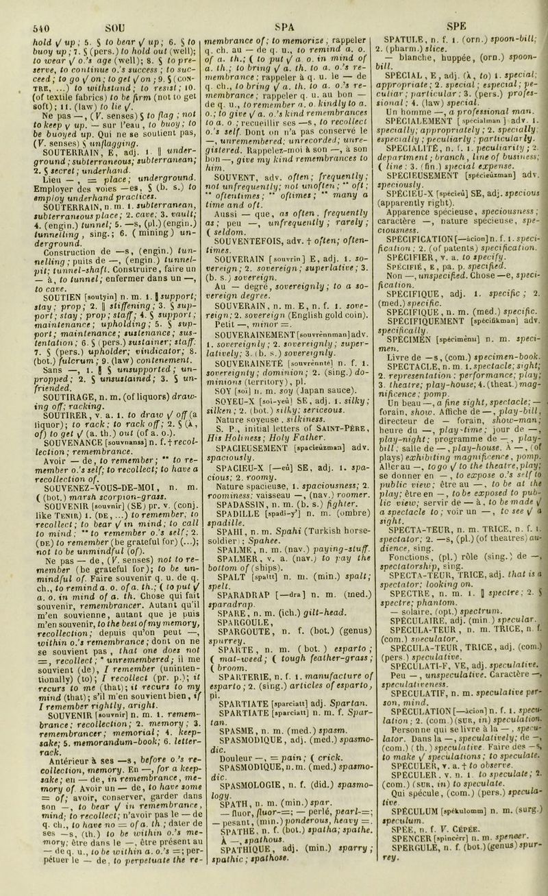 hold y/ up ; 5. S to bear y/ up ; 6. S to buny up ; 7. S (pers.) lo hold out (we11 ); to wear <J o.’s agi (well); 8. S lo PTe~ serve, to continue o.’s success ; lo suc- ceed ; to go y/ on; to gel y/ on ; 9 S (con- tre, ...) to withstnnd ; to Testai ; 10. (of textile fabrics) to be firm (not to gel soft) ; 11. (law) to lie y/. Ne pas —, ( V. senses) S to flag ; not to keep y up. — sur l’eau , to buoy ; to be buoyed up. Qui ne se soutient pas, (V• sensés) $ unflagging. SOUTERRAIN, E, adj. i II under- ground ; subterraneous; eubterranoan; 2. 5 secret ; underhand. Lieu—, = place; underground. Employer des voies —es, S (b. s.) to employ underhand practices. SOUTERRAIN, n. m. I. subterranean, subterraneous place ; 2. cave; 3. vnuit; 4. (engin.) tunnel; 5. —s, (pl.) (engin.) tunnetling , sing. ; 6. (mining) un- derground. Construction de —s, (engin.) tun- nelling; puits de —, (engin.) tunnel- pit; tunnel-shaft. Construire, faire un — ’à, lo tunnel; enfermer dans un —, to cave. SOUTIEN [soutyin] n. m. I. ] support; stav; prop; 2. |j stiffening ; 3. S sup- port; stay ; prop; staff;*. $ support; maintenance; upholding ; 5. S sup- port; maintenance ; suslenance ; sus- tentation; 6. S ( pers.) sustainer; staff: 7. S (pers.) upholder; vindicator; 8. (bot.) fulcrum ; 9. (law) contenemenl. Sans —, t. | S unsupported ; un- propped; 2. S unsuslamed ; 3. S un- friended. SOUTIRAGE, n. m. (of liquors) draw- ing off; racking. SOUTIRER, V. a. l. to draw y/ off (a liquor); to rack; to racle off; 2. S (À, of) lo get y/ (a. th.) oui (of a. o.). SOUVENANCE [souvnanss] n. f. frecol- lection ; remembrance. Avoir — de, to remember; ” to re- member o.'s self; to recollect; to hâve a recollection of. SOUVENEZ-VOUS-DE-MOI, n. m. ( (bot.) marsh scorpion-grass. SOUVENIR [souvnir] (SE; pr. v. (conj. like Tenir) l. (de, ...) to remember, to recollect; to bear y/ tn mind; to call to mind: “ to remember o.’s tell; 2. (de) to remember (be grateful for) (...); noi to be unmindful (of). Ne pas — de, ( V. senses) not to re- member (be grateful for); to be un- mindful of. Faire souvenir q. u. de q. ch., to remind a o. of a. th.; (ta put y/ a. o. in mind of a. th. Chose qui fait souvenir, remembrancer. Autant qu'il m’en souvienne, autant que je puis m’en souvenir, lo the besl of my memory, recollection; depuis qu’on peut —, within o.'s remembrance; dont on ne se souvient pas , that one does not = , recollect ; * unremembered; il me souvient (de), I remember (uninten- tionally) (to); I recollect (pr. p.); ti recurs'to me (that); «I recuri to my mind (that) ; s’il m'en souvient bien, if l remember rightly, aright. SOUVENIR [»ouvnir] n. m. t. remem- brance; recollection; 2. memory ; 3. remembrancer ; memorial; 4. keep- sake; 5. memorandum-book; 6. Icttcr- rack. Antérieur à ses —s, before o s re- collection, memory. En —, for a keep- salce; en — de, tn remembrance, me- mory of Avoir un — de, lo hâve some = of; avoir, conserver, garder dans son —, to bear y! in remembrance, mind; to recollect; n’avoir pas le — de q. ch., lo hâve no = of a. th ; dater de ses —s, (th.) lo be ivilhin o.’s me- mory; être dans le —, être présent au — de q. u., to be within a. o.’s =; per- pétuer le — de, lo perpeluate the re- membranes of; to mémorisé , rappeler q. ch. au — de q. u., lo remind a. o. of a. th.; ( to put yla o. in mind of a. th.; to brmg y/ a. th. to a. o.’s re- membrance ; rappeler à q. u. le — de q. ch., lo bring y/ a. th. lo a. o.’s re- membrance ; rappeler q. u. au bon — de q. u., to remember a. o kinily to a. o.; to give y/ a. o.’s kind remembrances to a. o ; recueillir ses —s, lo recollect 0. 's self. Dont on n’a pas conservé le —, unremembered; unrecorded; unre- jistered. Rappcles-moi à son —, à son oon—, give my kind remembrances to him. SOUVENT, adv. oflen ; frequently; not unfrequently; not unoften ; “ oft ; “ oftentimes ;  oflimes ;  many a time and oft. Aussi — que, as often. frequently as ; peu —, unfrequently ; rarely ; ( seldom. SOUVENTEFOIS, adv. + often; often- times. SOUVERAIN [souvrin] E, adj. 1. jo- veretgn; 2. sovereign ; superlative ; 3. (b. s.) sovereign. Au — degré, sovcreignly ; to a so- vereign degree. SOUVERAIN, n. m. E, n. f. I. sove- reign; 2. sovereign (English gold coin). Petit —, minor —. SOUVERAINEMENT [souvrènnman] adv. 1. sovereignly ; 2. snvereignly ; super- latively; 3. (b. s.) sovereignly. SOUVERAINETÉ [souvr^ntél n. f. t. sovereignly ; dominion ; 2. (sing.) do- minions (territory), pl. SOY [soi) n. m. soy (.lapan sauce). SOYEU-X [soî-yeù) SE, adj. i. silky ; silken; 2. (bot.) silky; sericeous. Nature soyeuse . silkiness. S. P , initial letters of Saint-Père, Hit Holiness; Holy Falher. SPACIEUSEMENT [spacieùiman] adv. spaciously. SPACIEU-X [—eû] SE, adj. 1. spa- cious; 2. roomy. Nature spacieuse, i. spaciousness; 2. roominess: vaisseau —, (nav.) roomer. SPADASSIN, n. m. (b. s.) fighter. SPADILLE [spadi-y’j n. m. (ombre) spadille. SPAHI, n. m. Spahi (Turkish horse- soldieri ; Spahee. SPALMF,, n. m. (nav.) paying-sluff. SPALMER, v. a. (nav.j lo pay the bottom of (ships). SPALT [spaitt] n. m. (min.) spalt; spelt. SPARADRAP [—dra] n. m. (med.) sparadrap. SPARE, n. m. (ich.) gilt-head. SPARGOULE, SPARGOUTE, n. f. (bot.) (genus) spurrey. SPARTE, n. m. (bot.) esparto ; ( mat-weed; ( tough feather-grass ; ( broom. SPARTER1E, n. f. 1. manufacture of esparto ; 2. (sing.) articles of esparto, pi. SPARTIATE [sparciatt] adj. Spartan. SPARTIATE [aparciattj n. m. f. Spar- tan. SPASME, n. m. (med.) spasm. SPASMODIQUE, adj. (med.) spasmo- dic. Douleur —, = pain; ( crick. SPASMODIQUE, n.m. (med.) spasmo- dic. SPASMOLOGIE, n. f. (did.) spasmo- logy■ . . . SPATH, n. m. (min.)spnr. — fluor, fluor-=; — perlé, pearl-=; — pesant, (min.)ponderous, heavy =. SPATHE, n. f. (bol.) spatha; spathe. k —, spathous. SPATHIQUE, adj. (min.) sparry ; spathic ; spalhose. SPATULE, n. f. l. (orn.) spoon-bill; 2. (pharm.) slice. — blanche, huppée, (orn.) spoon- bill. SPECIAL, E, adj. (À, lo) 1- spécial; appropnate ; 2. spécial ; e spécial; pe- culiar ; particula/r : 3. (pers.) profes- sional ; 4. (law) spécial. Un homme —, a professional man. SPECIALEMENT [ spécial man ] adv. I. specially; ajipropnately ; 2. specially especially ; peculiarly : particularly. SPÉCIALITÉ, n. f. i. peculiarity ; 2. department ; branch, lineof business; I ( line: 3. (fin.) spécial expense. SPECIEUSEMENT [spÉcieùiman] adv. speciously. SPÉCIF.U-X [spécieù] SE, adj. specious (apparently rigbt). Apparence spécieuse, speciousness ; j caractère —, nature spécieuse, spe- j ciousness. SPECIFICATION [—àcion] n. f. i. spéci- fication: 2. (of patents) spécification. SPÉCIFIER, v. a. to specify. Spécifié, e, pa. p. specified. Non —, unspecif.ed. Chose —e, spéci- fication. SPECIFIQUE, adj. 1. spécifie; 2. (med.) spécifie. SPECIFIQUE , n. m. (med.) spécifie. SPÉCIFIQUEMENT [spéciakman] adv. specifically. SPÉCIMEN [spécîmènu] n. m. spéci- men. Livre de —s, (com.) specimen-book. SPECTACLE, n. m. 1 .spectacle; sight; 2. représentation : performance; play; 3. theatre; play-house; 4.(theat.)map- nificence ; pomp. Un beau —, a fine sight, spectacle: — forain, show. Affiche de —, play-bill, directeur de — forain, show-man; heure du —, play-time ; jour de —, play-night ; programme de — , play- bill ; saile de —, play-house. A —, (of plays) exhibiting magnificence, pomp. Aller au —, logo y/ lo the theatre,play; se donner en — , lo expose o.’s self to public view; être au —, lo be at the play; être en —, tobe exposed to pub- lic view; servir de — à., to be maie / a spectacle to ; voir un —, te see y/ a sight. SPECTA-TEUR, n. m. TRICE, n. f. i. spectator; 2. —s, (pl.) (of théâtres) au- dience, sing. Fonctions, (pl.) rôle (sing.) de —, spectatorship, sing. SPECTA-TEUR, TRICE, adj. that is a spectator; looking on. SPECTRE, n. m. t. J spectre: 2. S spectre; phantom. — solaire, (opt.) spectrum. SPÉCULAIRF,, adj. (min ) specular. SPECULA-TEUR , n. m. TRICE, n f. (com.) soeculator. SPECULA-TEUR, TRICE, adj. (com.) (pers.) spéculative. SPECULATI-F, VE, adj. spéculative. Peu — , unspeculative. Caractère —, speculatireness. SPECULATIF, n. m. spéculative per- son, mind. SPECULATION [—àcion] n. f. t. spécu- lation; 2. (com ) (sur, tn) spéculation. Personne qui se livre à la — , speru- lator. Dans la —, speculatively; de —, (com.) {th. ) spéculative Faire des —s, lo make y/ spéculations ; to speculate. SPÉCULER, v. a. f lo observe. SPECULER, v. n. l lo speculate; 2. (com.) (suit, tn) lo speculate. Qui spécule, (com.) (pers.) spécula- tive SPÉCULUM [spOtuiomm] n. m. (surg.) spéculum. SPËE, n. f. V. Cépée. SPENCER [spincèrr] n. m. spenoer. SPERGULE, n. f. (bot.)(genus) jpur- rey.