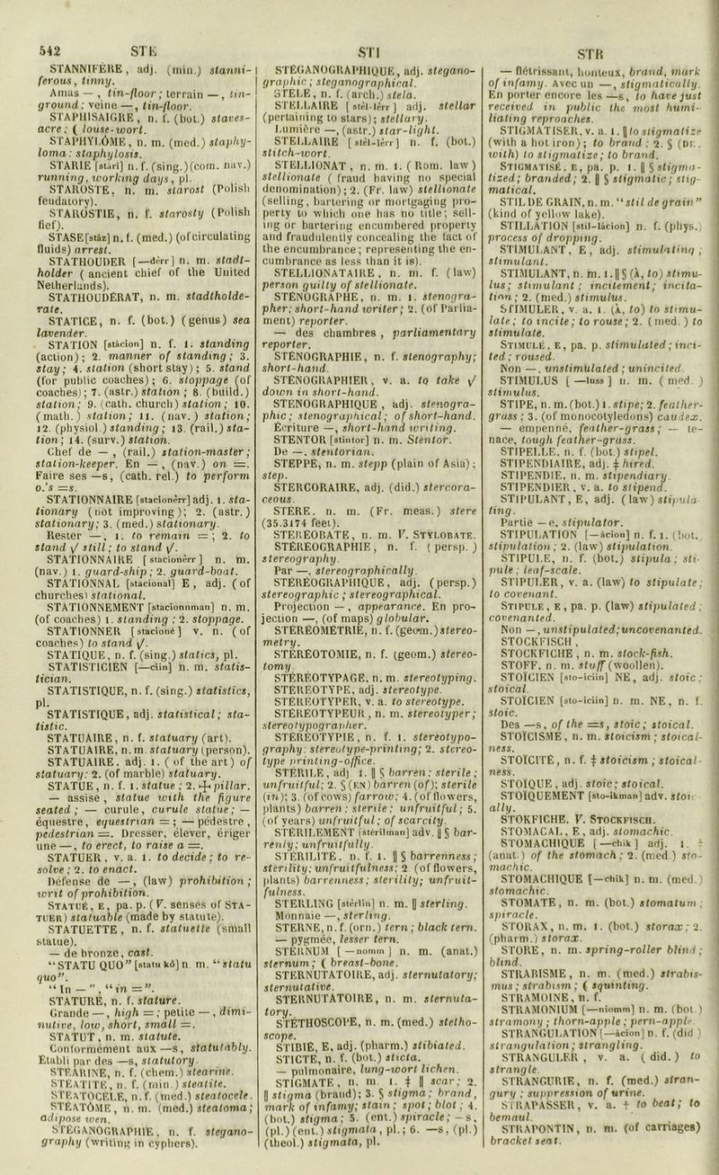 STANNIFÈRE, adj. (min.J stanni- ferous, Unny. Amas — , tin-floor ; terrain —, Im- ground ; veine — , tin-floor. STAPI1ISAIGRE , n. f. (bot.) staves- acre ; ( louse-wort. STAPHYLÔME, n. m. (med.) staphy- loma: staphylosis. STAR1E fsiàrî] n.f. (sing.) (corn, nav.) running, working days, pi. STAROSTE, h. ni. starosl (Polisli fendaiory). STAROSTIE, n. f. starosl y (Pulisli fief). STASE[siài) n. f. (med.) (ofcirculating fluids) arrest. STATHOUDER (—-dèrr] n. m. sladt- holder ( ancient cbief of the United Netherlands). STATHOUDÈRAT, n. m. stadtholde- rate. STATICE, n. f. (bot.) (genus) sea lavender. STATION [siâcion] n. f. l. standing (action); 2. manner of standing; 3. stay ; 4. station (short stay) ; 5. stand (for public eoaehes) ; 6. stoppage (of coaches); 7. (astr.) station ; 8 (build.) station; 9. (catb. church) station; 10. (math.) station; 11. (nav.) station; 12. (physiol.) standing ; 13. (rail.) sta- tion ; 14. (surv.) station. Chef de — , (rail.) station-master ; station-keeper. En — , (nav.) on =. Faire ses —s, (cath. rel.) to perform o.'s =s. STATIONNAIRE [stacionèrr] adj. 1. sta- tionary (not improving); 2. (astr.) stationary; 3. (med.) stationary. ResLer —, î. to remain = ; 2. to stand \J still ; to stand \J. STATIONNAIRE [stacionèrr] n. m. (nav.) 1. guard-ship ; 2. guard-boat. STATIONNAL [staciona!] E, adj. ( of churchesi stational. STATIONNEMENT [stacionnman] n. m. (of coaches) l. standing : 2. stoppage. STATIONNER [stacioné] v. n. ( of coaches) to stand . STATIQUE, n. f. (sing.) statics, pl. STATISTICIEN [—ciin] n. m. statis- tician. STATISTIQUE, n. f. (sing.) statistics, pl. STATISTIQUE, adj. statistical ; sta- tistic. STATUAIRE, n. f. statuary (art). STATUAIRE, n. in statuary (person). STATUAIRE, adj. 1. ( of the art) of statuary: 2. (of marble) statuary. STATUE, n. f. l. statue ; 2. ^ pillar. — assise , statue with the figure seated ; — curule, curule statue; — équestre, eguestnan — ; —pédestre, pedestrian =. Dresser, élever, ériger une —. to erect, to raise a =. STATUER, v. a. l. to décidé; to ré- solve ; 2. to enact. Défense de —, (law) prohibition ; writ of prohibition. Statué, e, pa. p. ( V. senses of Sta- tuer) statuable (made by statute). STATUETTE , n. f. statuette (smail statue). — de bronze, cast. “STATU QUO” [statu kô] n m. “statu quo”. “ In — ” , “ in = STATURE, n. f. stature. Grande —, high — ; petite —, dimi- nutive, low, short, small =. STATUT, n. m. statute. Conformément aux—s, statulably. Établi par des —s, statutory. STÉARINE, n. f. (client.) stéarine. STÊAT1TE, n. f. (min.) steatite. STGATOCELE, n.f. (med.) steatocele. STÊATÔME, n. m. (med.) steatoma ; adipose xuen. STÉGANOGRAPII1E, n. f. stegano- graphy (writing in cyphers). STÉGANOGRAPHIQUE, adj. stegano- graphic ; stegnnographir.at. STELE, n. f. (arch.) stela. STELLAIRE [atèl-lèrr] adj. stellar (pertaining to stars); slellary. Lumière —, (astr.) star-light. STELLAIRE [atèl-lèrr] n'. f. (bot.) stitch-wort. STELLIONAT , n. m. l.(Rom. law) slellionate ( fraud having no spécial dénomination) ; 2. (Fr. law) slellionate (selling, bartering or mortgaging pro- perty to which une lias no ntle; sell- ing or bartering encumbered property and fraudulenlly concealing the tact of the encumbrance; representing the en- cumhrance as less ilian it is). STELLIONAT A IRE , n. m. f. ( law) person guilty of slellionate. STÉNOGRAPHE, n. m. l. slenogra- pher; short-hand writer ; 2. (ofParlia- ment) reporter. — des chambres , parliamentary reporter. STENOGRAPHIE, n. f. stenography; short-hand. STÉNOGRAPHIER, v. a. Iq take ^ down in short-hand. STENOGRAPHIQUE , adj. sténogra- phie; sténographient ; of short-hand. Écriture —, short-hand writing. STENTOR [stintor] n. m. Stentor. De —. stentorian. STEPPE, n. m. stepp (plain of Asia) ; step. STERCORAIRE, adj. (did.) stercora- ceous. STÈRE, n. m. (Fr. meas.) stere (35.3174 feet). STEItÉOBATE, n. m. V. Stylobate. STÉRÉOGRAPHIE, n. f. ( persp. ) stereography. Par —. stereographically. STÉRÉOGRAPHIQUE, adj. (persp.) stereographic ; stereographical. Projection — , appearance. En pro- jection —, (of niaps) globular. STEREOMETRIE, n. f. (geo-m.) stereo- metry. STEREOTOMIE, n. f. (geom.) stereo- tomy STÉRÉOTYPAGE, n. m. slereotyping. STÉRÉOTYPE, adj. stéréotypé. STÉREOTYPF.R, v. a. to stéréotypé. STÉREOTYPEUIt, n. m. stereolyper; stéréo lypographer. STÉREOTYPIE, n. f. 1. stereotypo- graphy: slereotype-printmg; 2. stéréo- typé prinling-office. STÉRILE, adj. 1. || Ç barren : stérile; unfruitful; 2. S (un) barren (of); stérile (in); 3. (ofcows) farrow; 4. (of flowers, plants) barren: stérile: unfruitful ; 5. (of years) unfruitful; of scarcity. STÉRILEMENT [stérilman] adv. 1) § bar- reuly ; unfruilfùlly. STÉRILITÉ, n. f. 1. | S barrenness ; stirility; unfruitfulness; 2 (of flowers, (liants) barrenness ; sterility; unfruit- fulness. STERLING [Merlin] n. m. [| sterling. Monnaie —, sterling. STERNE, n.f. (orn.) tern ; blach te m. — pygmée, lesser tern. STERNUM [ — nomtn ] n. m. (anat.) sternum; ( breast-bone. STERNUTATOIRE, adj. sternutatory; sternutative. STERNUTATOIRE, n. m. sternuta- tory. STÉTHOSCOPE, n. m. (med.) stétho- scope. S'I'IBIÉ, E, adj. (pharm.) stibiated. ST1CTE, n. f. (bot.) sticta. — pulmonaire, lung-wort lichen. STIGMATE, n. m. l. i || scar; i. || stigma (brand); 3. S stigma: brand, mark of infamy; stain ; spot ; blot ; 4. (bot.) stigma; 5. (ent.) spiracle;-s, (pl.)(ent.) stigtnata, pl.; 6. —s, (pl.) (Iheol.) stigmata, pl. STR — flétrissant, honteux, brand, mark ' of infamy. Avec un —, stigmaticully. En porter encore les—s, to hâve just received in public the mosl humi- liating reproaches. STIGMATISER, v. a. l. ||Io sligmatize j (with a hot iron) ; to brand : 2. S (Dr . with) lo sligmatize ; to brand. Stigmatisé, e, pa. p. i.||$ sligmn- tized; branded; 2. || S sligmalic ; stig- matical. STILDE GRAIN, n. m. stil de grain ” j (kind of ycllow lake). STILLATION [atii-Ucion] n. f. (pliys. process of droppmg. STIMULANT, E, adj. slimulatinq ; I stimulant. STIMULANT, n. m. 1. || § (À, lo) stimu- j lus; stimulant ; ineilement; incita- tion; 2. (med.) stimulus. STIMULER, v. a. l. (À, to) lo stimu- lale ; to incite ; to rouse ; 1. (med.)lo stimulais. Stimulé, e, pa. p. stimulaled ; inci- ted. ; roused. Non —. unstimulated ; unincited STIMULUS [—luss] n. m. (med.) I stimulus. STIPE, n. m.(bot.) i.stipe; 2. feather- I gruss ; 3. (of monocotyledons) caudex. j — empenné, feather-grass ; — te- 1 nace, tough featner-grass. STIPELLE. n. f. (bot.) stipel. STIPENDIAIRE, adj. * hired. STIPENDIE, n. m. stipendiary STIPENDIER, v. a. to slipend. STIPULANT, E, adj. (law) stipula- ting. Partie — e, stipulator. STIPULATION [—âcion] n. f. 1. (bot. stipulation ; 2. (law) stipulation. STIPULE, n. f. (bot.) stipula; sti- pule; leaf-scale. STIPULER, v. a. (law) to stipulate; 1 to covenant. Stipulé, e, pa. p. (law) stipulated ; I covenanted. Non — ,unstipulated.;uncovenanted. STOCKFISCH , STOCK FICHE , n. m. stock-fish. STOFF. n. m. stuff (woollen). STOÏCIEN [sto-iciin] NE, adj. stoic: 3 stoical. STOÏCIEN [sto-iciin] n. m. NE, n. f. 1 stoic. Des —s, of the =s, stoic; stoical. STOÏCISME, n. m. stoict'sm ; stoical- 1 ness. ST0ÏC1TÊ, n. f. | stoicism ; stoical- 5 ness. STOÏQUE, adj. stoic; stoical. STOÏQUEMENT [sto-ikman] adv. stov ally. STOKFICHE. É. Stockfisch. STOMACAL , E , adj. stomachic STOMACHIQUE [—chik] adj. 1 è 1 (anat.) of the stomach : 2. (med.) sto- machic. STOMACHIQUE [—chik] n. m. (med.) 1 stomachic.. STOMATE, n. m. (bot.) stomatum ; spiracle. STORAX,n. m. l. (bot.) storax; 2. 1 (pharm.) storax. STORE, n. m. spring-roller blind ; | blind. STRABISME, n. m. (med.) strabis- : mus ; strabism ; ( squmting. STRAMOINE, n. f. STRAMONIUM [—niomm] n. m. (bot.) j stramony ; thorn-apple ; pern-applr STRANGULATION [—àcion] n. f. (did ) strangulation ; strangling. STRANGULF.R , v. a. ( did. ) to strangle. STRANCURIE, n. f. (med.) slran- gury ; suppression of urine. STIIAPASSER, v. a. + to beat; to bemaul. STRAPONTIN, n. m. (of carnages) bracket sea t.