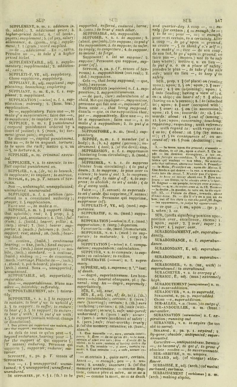 SUPPLÉMENT, n. ni. 1. addition (a. th. addcd); 2. additional prie»; 3. high»r-priced ticket; 4. ( of books , papers) supplément ; 5. (of paj, salary) allowance; ü. (geom., trig.) supplé- ment; 7. + (gram.) word supplied. — de additional... En —, extra. Prendre un —, to take <J a higher priced ticket. SUPPLÉMENTAIRE, adj. 1. supple- mentary ; supplémentai ; 2. addition- al ; extra. SUPPLETI-E, VE, adj. suppletory. Chose supplétive, suppletory. SUPPLIANT, E, adj. suppliant ; sup- plicahng; beseeching; imploring SUPPLIANT, n. m. E, n. f. l. sup- pliant; 2. supplicant. SUPPLICATION [—àcionj n. f. 1. sup- plication; entreaty ; 2. (Rom. hist.) supplication. De —, supplicatory. Faire une —, to make y/ a supplication ; faire des —s, to supplicate ; to implore ; to entreat. SUPPLICE, n. m. i. [ punishment ( corporal punishment ordered hy a court of justice); 2. § (pour, to) for- ment (great pain) ; anguish. Le dernier —, capital punishment. Etre au —, to be in anguish . torture; to be upon the racle; mettre q. u. au — S, to torture a. o. SUPPLICIÉ, n. ni. criminal execu- ted. SUPPLICIER, v. a. to execute: to in- flict capital punishment on. SUPPLIER, v. a. (de, to) to beseech ; to supplicate; to implore ; to entreat. Supplie, e, pa. p. V. senses of Sup- plier. Non —, unbesought; unsupplicated; unimplored ; unentreated. SUPPLIQUE, n. f. 1. pétition (pre- sented to a eonstituted authority); prayer; 2. § supplication. Faire une —, to make a =. SUPPORT, n. m. i. || support (thing thaï upholds); rest ; 2. J prop; 3. S support (aid, assistance); 4. (bot.) ful- crum; 5. (build.) bearer; pillât; 6. (carp.) strut; 7. (her.) bearer: sup- porter; 8. (mach.) fulcrum; 9. (tech.) support; rest; stand , 10. (tech.) bear- : mg-block. — continu, (build.) continuons bearing; — fixe, (lech.) fixed support: — libre, (lech.) loose support; — mo- bile, (tech.) standard. — à coulisse, (build.) shàing = ; — de coussinet, rnech.) carriage. Planche de—,(lech.) 1. stand; 2. pitrh-board; plaque de —, ' (lech.) stand. Sans —, unsupporled; unsustamed. SUPPORTABLE, adj. supportable; endurable. Etat —, supportableness. D’une ma- nière —, tolerably ; sufferably. SUPPORTABLEMENT, adv. ± tolera- bly. SUPPOPiTER, v. a. i. || to support; to sustain. to bear y/ up: to uphold y/; 2. S 'o support : to suffer; to endure ; to bear y/; 3. S lo support ; to endure ; to bear \/ with; ( lo put \J up with ; 4. S to support (sustain witbout change or dissolution). 1. Des piliers qui supportent une maison,piU lars that support, suslaina house. Au delà de tout ce qu’on peut — Ç, beyond endurance, bearing; pour — |j, for the support of. Qui supporte S, ( V. senses) enduring. Personne qui supporte S, supporter; endurer; sus- tainer. Supporté, e, pa. p. V. senses of Supporter. Non —, 1. U unsupporled; unsus- tamed; 2. S unsupporled ; unsuffered ; unendured. Se supporter, pr, v. S î. (th.l to be supported, su/fered, endured , borne ; 2. (ners.) to bear y/ each other. SUPPOSABLE, adj. supposable. SUPPOSER, v. a. i. to tuppose ; 2. (absol. que [sulij.j) to suppose ; to put yt the supposition; 3. to suppose; to infer; to imply; to conjecture ; 4. to suppose ; to invent ; to forge. Supposons! 1. let us supposeI 2. suppose.' Personne qui suppose, sup- poser (of). Supposé, e, pa. p. ( V. senses of Sup- poser) l. suppositilions (not real); 2. (did.) suppositive. Cela —, that being supposed; — que, (subj.) suppose. SUPPOSITION [•updiicion] n. f. 1. sup- position; 2. supposititiousness. — de part, (law) substitution of a child. Motqui implique—,suppositive; personne qui fait une —, sup/ioser (of). Dans cette — , that being supposed; dans la — que, in the supposition that ; par—, suppositively. Être une—, to be a supposition; faire une — , i. to malce y/ a supposition ; 2. to put yla supposition. SUPPOSITOIRE, n. m. (med.) sup- pository. SUPPÔT, n.m. l. t member (of a .body); 2. (b. s.) agent (person); in- strument: ( tooL; 3. (of the devil) imp. SUPPRESSION, n. f. l. suppression (hindering from circulating;, 2. (med.) suppression. SUPPRIMER, v. a. i. to suppress (hinder from circulating); (to put y/ down; 2. to suppress ; to pass over in silence ; lo leave y/ oui : 3. lo suppress; lo cul y/ off; to take y/ off ; 4. to sup- press ; to abolisli; to set y/ aside ; ( to do y/ away with. Faire — , ( V. senses) to supersede : to sel \/aside. Qui supprime, (V. senses) suppressive. Personne qui supprime, suppressor (of). SUPPURATI-F, VE, adj. (med.) sup- purative. SUPPURATIF, n. m. (med.) suppu- rative. SUPPURATION [—àcionj n. f. 1. (med.) suppuration ; 2. (surg.) digestion. Favoriserla — de, (med.) tomaturate. SUPPURER, v. n. l. (med.) to sup- purate ; to maturate; 2. (surg.) to digest. SUPPUTATION [—àcionj n. f. compu- tation; supputation ; calculation. SUPPUTER, v. a. to compute ; to sup- pute ; to calculate ; to reclcon SUPREMATIE [■—macij n. f. supre- macy. SUPRÊME, adj. 1.suprême; 2.',”last; of death. — degré, superlativeness. Les hon- neurs—s, funeral obsequies, p|. ; fa- nerai, sing Au — degré, suprêmely ; superlatively. SÛR, E, adj. jour. SÛR, E, adj. (de, of; de, to) 1. (th.) sure (indubitable); certain; 2 (ners.) sure (knowing); certain; 3. (th.) sure iunfailing); certain; 4. (th.)safe (vvitb- out danger); secure;5. safe; uninjured; unharmed ; 6. (pers.) safe; secure ; 7. (pers. ) secure (confident of safety) ’• 8. (pers.) safe; trust-worthy : trus'ty ; 9. (of the memory) retentive; îo. (hunt.) stanch. 1. Une nouvelle -—e , sure , certain intelli- gence. 2. Être — de ce qu’on dit, to be sure, certain of whot ont; sors ,* être - d’avoir dit la vérité , to be sure . certain of having spoken the truth. 3. Un remède —, n sure, certain ra- rnedv. 4. Une retraite —e, a safe, secure re- treat. — et certain ) , quite sure, certain. Assez—, = enough; peu — , 1. un- sure; 2. unsafe; insecure ; 3. (of the memory) unretentive ; — comme Bap- tiste, comme père et mère, as = as a gun ; — comme la mort, as= as death and quarler-day. À coup —, = ; ju- rely ; for certain ; ( = enough ; be — ; ( to be pour —, r= ; =■ enough; pour ci certain, to a certainty. Aller à coup — , to go y/ upon = ground ; se croire — , § to thinky/ oi's self =; ( to make y/ = ; être — de son coup , de son lait, to go y/ upon = ground; ne taire pas—, (impers.) not to be safe (anywhere); mettre q. u. en lieu — , to put y/ o. o. in a place of safety ; prendre le plus — , to take y/ the safe side; tenir en lieu —, to keep y/ in safety. SUR, prep. l || (of place) on (resting upon); upon; 2. $ on; upon; 3. || over ; above ; 4. || on (ailjoining) ; upon; 5. Il into (leading; having a view of); e. «n t a ship); on board of ; 7. || about (having on o.’s person); 8. || to (attached to); upon; 9. || over (occupied with); 10 S orer; u. § on (in succession); upon; 12. S on; towards: to; 13. S to- utards; about; it § ouf offamong); 15. S on ; upon; concerning ; touching: regarding ; respecting ; with referencc to : ivith regard to : with respect to : ( as to ; ( about ; 16. S by (by means ol); 17. § in conséquence of ; on ac- count of ; 18. § from (deducting); oui of- L — la terro, upon the ground ; s’asseoir — une chaise, to lit on , upon a chair. 2. Un im pôt — les denrées étrangères, a lux on, upon for,ugn commodities. 3. Les globes cé * lestes qui roulent — nos têtes , the eelestin orbs that roltover, above ottr heads. à. Francfor* — le Mein . Franhfort on . upon thr Maine. S Une fenên e qui donne — la rue. a wmdow thif looks into the Street. 7. N’avoir pas d’argent — soi. to houe un money about une. 9. Être tou jours — ses livres, lo be nlways over o.’s bool:- 10. Régner — un peuple, to reign over a peoph . veille: — q. u . to wutch over a. o. 12. Tonrnet la droite , la gauche, to turn on. to the righ, lefi 13. — l’heure du dîner, towards. about dinner-time. là. —dix il n’yen a pas un de bon. out of ten there is not one good.,16. Juget les apparences , to jodge by appearances. — ce que ..., 1. on, upon ... (pr. p ; 2. when ; 3. as. SUR, (prefix signifying position upon. position over, excellence, excess) i || upon; super; 2. || over; super; 3 § super: 4. § super: over. SURABONDAMMENT, adv. superabua- danlly. SURABONDANCE, n. f. superabun- dance. SURABONDANT, E, adj. superabun- dant. SURABONDANT, n. m. superabun- danr.e. SURABONDER, v. n. (de, with) to superabound : to overabound. SURACHETER, v. a. to overpay y/. SURAIGU, Ê, adj. (mus.) extremely high. SUIIAJOUTEMENT [surajoutman] n. m. (did.) superaddition. SURAJOUTER , v. a. to superadd. Surajouté, e, pa. p. superadded. Chose —e, superaddition. SUR-ALLER, v. n.(hunt.) (0 outgo y/ SUR-ANDOU1LLER, n. m. (hunt. i sur-antler. SURANNATION [suranàcion] n. f. ex- piration; running out. SURANNER, v. n. to expire (béton old to serve). Suranné, e. pa. p. 1. expired; 2. by-gone ; obsolète ; antiquated ; super- annuated. Caractère —, antiquatedness. Devenir —, to become y/, to gel y/, to grow y/ obsolète: rendre — , to superannuate SUR-ARBITRE, n. m. umpirg. SURAIID, adj. (of vinegar) eider- flower. SURBAISSE, E, adj. (arch.) (ofvaults) surbased ; surbaise. SURBAISSEMENT [ surbèstnan ] n m (arch.) making cliptic.