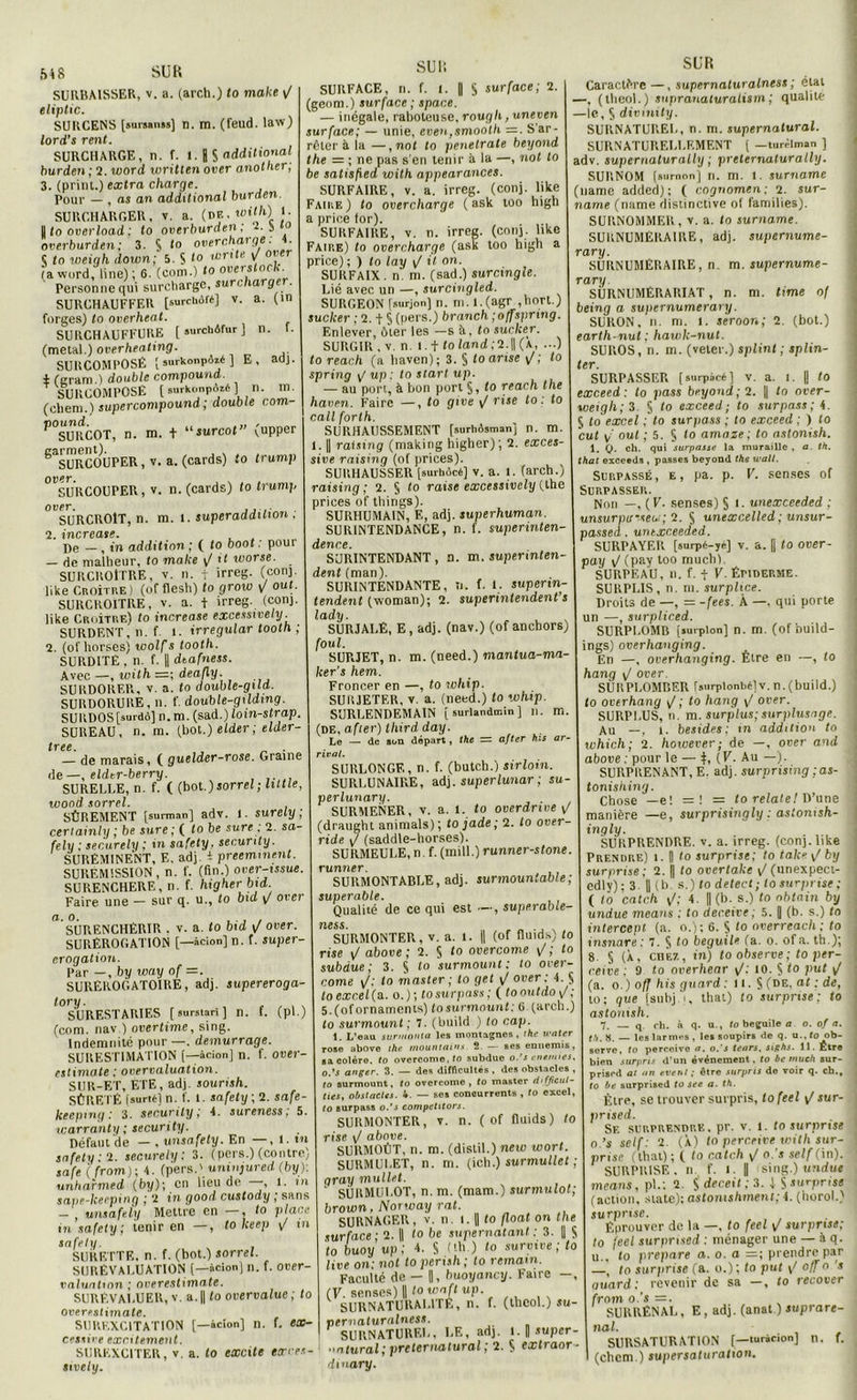 sur. SUR SURBAISSER, v. a. (arch.) to make F eliptic. SURCENS [inuiui] n. m. (feud. law) lord’s rent. SURCHARGE, n. f. 1. H S additional burden ; 2. word written over another; 3. (print.) extra charge. pour — , as an additional burden. SURCHARGER, v. a. (de. with)I I. Il (o overload : to overburden: 2. i to overburden : 3. S to overcharge: 4. Ç to weigh down; 5. S to wnte F ov r fa word, line) ; 8. (corn.) 0Mr*,“^L Personne qui surcharge, surcharger. SURCHAUFFER [mrcbdtt] v. a. (in forges) to overheat. SURCHAUFFURE [ surchéfur, n. L (métal.) overheating. SURCOMPOSÉ [ surkonpôzé ] E, adj. + (gram.l double compound. SURCOMPOSE [surkonpozé] n. m. (oheni.) supercompound ; double com- V SURCOT, n. m. + “surcot” (upper carment). , SURCOUPER, v. a. (cards) to trump over. SURCOUPER, v. n. (cards) to trump over. , SURCROIT, n. m. 1. superaddition . I.increase. ^ in addition ; ( to boot : poui — de malheur, to make F il worse. SURCROtTRE, v. n. t irreg. (conj like Croître) (of flesh) to grow F oui. SURCROITRE, v. a. t irreg. (conj. like Croître) to increase excessively. SURDENT, n. f 1. irregular tooth ; 2. (ofhorses) wolfs tooth. SURDITÉ , n. f. || dtafness. Avec—, with =; deafly. SURDORER, v. a. to double-gild. SURDORURE, n. f. double-gilding. SURDOS[surdo] n. m. (sad.) loin-strap. SUREAU, n. m. (bot.) elder ; elder- tree. . — de marais, ( guelder-rose. Graine de—, eldtr-berry. SURELLE, n. f. ( (bot.)sorrel; little, wood sorrel. SÛREMENT [surman] adv. J. surely ; certainly ; be sure ; ( lobe sure : 2. sa- felu : ser.urely : in safety, secunty. SURÉMINENT, F,. adj. i prééminent. SUREMISSION, n. f. (fin.) over-tssue. SURENCHERE, n. f. higher bid. Faire une — sur q. u., to bid F over  surenchérir . v. a. to bid F over. SURÉROGATION [—àcion] n. f. super- crogation. Par —, by way of =. SURÉROGATOIRE, adj. supereroga- SURF.STAUIES [ surstari ] n. f. (pl.) (com. nav.) overtime, sing. Indemnité pour —. demurrage. SURESTIMATION [—àcion] n. f. over- eslimate : over valuation. SUR-ET, ETE, adj. sourish. SÛRETÉ (surié) n. f. 1. safety ; 2. safe- keepmg : 3. securily ; 4. sureness ; 5. xcarranty ; security■ Défaut'de — , unsafely. En —, 1. tu safety : 2. securely : 3. (pers.) (contre) safe ( from); 4. (pers.' umnjured (by): unharmed (by); en lieu de -, l. in sape-keeping ; 2 in good custody ; sans - , unsafely Mettre en —, to place in safety ; tenir en —, to lceep \/ in safelu. SURETTE, n. f. (bot.) sorrel. SURÉVACUATION (—àcion) n. f. o»er- valuatinn ; overestimate. SURÉVACUER, V. a.Il to overvalue; to overestimate. SUREXCITATION [—àcion] n. f. ex- cessive excitemenl. SUREXCITER, v. a. to excite exces- sively. SURFACE, n. f. t. || S surface; 2. (geom.) surface ; space. — inégale, raboteuse, rough, uneven surface; — unie, even,smooth = . S ar- rêter à la —,not to peuetrate beyond the = ; ne pas s'en tenir à la —, not to be satisfied with appearances. SURFAIRE, v. a. irreg. (conj. like Faike ) to overcharge ( ask too high a price for). SURFAIRE, v. n. irreg. (conj. like Faire) to overcharge (ask too high a price) ; ) to lay \J il on. SURFAIX, n. m. (sad.) surcingle. Lié avec un —, surcingled. SURGEON [surjon] n. m. l.(agr ,hort.) sucker ; 2. + § (pers.) branch ; offspring. Enlever, ôter les —s à, to sucker. SURGIR, v. n. i. f to Iand;2.|| (À, ...) to reach (a baven) ; 3. § to anse F; to spring ÿ up : to slart up. — au port, à bon port $, to reach the haven. Faire —, to give F rise to : to call forth. SURHAUSSEMENT [surhêsman] n. m. 1. || raising (making higher); 2. exces- sive raising (of prices). SURHAUSSER [surhdcé] v. a. l. (arch.) raising ; 2. S to rat se excessively (the prices of things). SURHUMAIN, F., adj. superhuman. SURINTENDANCE, n. f. superinten- d6TlC6. SURINTENDANT, n. m. superinten- dent (man). SURINTENDANTE, n. f. 1. supenn- tendent (woman); 2. superintendent’s lady. SURJAI.É, E, adj. (nav.) (of anchors) foui. SURJET, n. m. (need.) mantua-ma- ker's hem. Froncer en —, to whip. SURJETER, v. a. (need.) to whip. SURLENDEMAIN [ surlandmin ] n. m. (de, after) third day. Le —■ de son départ, the — after his ar- rival. SURLONGF., n. f. (butch.) sirloin. SURLUNAIRE, adj. superlunar ; su- perlunary. SURMENER, v. a. 1. to Overdrive F (draught animais) ; to jade ; 2. to over- ride F (saddle-horses). SURMEULE, n. f. (mil!.) runner-stone. runner. SURMONTABLE, adj. surmounlable; superable. Qualité de ce qui est —, superable- ness. SURMONTER, v. a. t. || (or fiuid.s) to rise \J above ; 2. § to overcome \J ; to subdue; 3. § to surmount ; to over- come F-' to master; to get \/ over: 4. § ta excel (a. o.); to surpass; ( tooutdo F: 5.(ofornaments) tosurmount; 6 (arch.) to surmount ; 7. (build ) to cap. t. L’eau surmonta les montagnes, the u'ater rose above ih? mountai'is. 2 — ses ennemis, sa colère, to overcome, to subdue o.’s enemtes, o.*s anger. 3. — des difficultés , des obstacles , to surmount, to overcome, to master dtfficul- tiesy obstacles. 4. — ses concurrents , to excel, to surpass o.’s competitors. SURMONTER, v. n. ( of fluids) to rise \/ above. SURMOÛT, n. m. (distil.) new wort. SURMULET, n. m. (ich.) surmullet ; gray mullet. ‘ SURMULOT, n. m. (mam.) surmulot; brown, Norway rat. SURNAGER, v. n. l. || to float on the surface ; 2. || to be supernatant : 3. || S to buoy up ; 4- § Oh.) to survive ; to live on; not to perish; to remain. Faculté de — ||, buoyancy. Faire -, (V. senses) || totoop up. SURNATURAL1TE, n. f. (tlicol.) su- nerv aturalness. SURNATUREL, LE, adj. l. 1 super - nntural; preternatural ; 2. S extraor- dinary. Caractère —, supernaluralness ; étal —, (tlieol.) supranaluratism ; qualité —le, S divmity. SURNATUREL, n. m. supernatural. SURNATURELLF.MENT [ —turélman ] adv. supernaturally ; prelernaturally. SURNOM (surnon] n. m. 1. surname (name added) ; ( cogrtomen: 2. sur- name (name distinctive of families). SURNOMMER, v. a. to surname. SURNUMÉRAIRE, adj. supernume- rary. SURNUMÉRAIRE, n. m. supernume- rary. SÙRNUMÉRARIAT, n. m. time of being a supernumerary. SURON, n. m. 1. seroon; 2. (bot.) earth-nut ; hawk-nut. SUROS, n. m. (veler.) sptint ; splin- ter. SURPASSER [surpàcé] v. a. i. || to exceed: to pass beyond; 2. || to over- xueigh; 3. § to exceed; to surpass; 4. 5 to excel ; to surpass ; to exceed ; ) to eut v' out ; 5. § to amaze; to astonish. 1. Q. ch. qui surpasse la muraille , a. th. that exceeds , passes beyond the wall. Slt.passé, e, pa. p. V. senses of Surpasser. Non —, (F. senses) § i. unexceeded ; unsurpirseu; 2. S unexcelled ; unsur- passed. unexceeded. SURPAYER [surpé-yé] v. a. |'| to over- pay v/ (pay too much) SURPEAU, il. f. + V. ÉPIDERME. SURPLIS, n. ni. surphee. Droits de —, = -fees. À —, qui porte un —, surpliced. SURPLOMB [surpion] n. m. (of build- ings) overhanging. En —, overhanging. Être en —, to hang \J over. SURPLOMBER rsurplonbélv. n.(build.) to overhang ^ ; to hang \/ over. SURPLUS, n. m. surplus; surplusage. Au —, 1. besides : m addition to which; 2. however; de —, over and above : pour le — t, (F. Au —). SURPRENANT, E. adj. surprising :as- tonishing. Chose —e! =! = to relate/D’une manière —e, surprisingly : aslonish- ingly. SURPRENDRE, v. a. irreg. (conj. like Prendre) i. || to surprise; to take v/ by surprise ; 2. || to overtakc \f (unexpeci- edly) ; 3. || (b s.) to detect; tosurprise; ( to catch sJ; 4. || (b. s.) to abtnin by undue means : to deceive ; 5. Q (b. s.) to intercept (a. o.); 6. § to overreach; to insnare : 7. S to beguile (a. o. ofa. th.); 8. § (À, chez , in) to observe ; to per- ceive ; 9 to overhear \/: 10. S to put ^ (a. o.) off his gnard : II. S (de, at ; de, to; que [subj.i, that) to surprise; fo astonish. 7. — q. ch. à q. n., la beguile a o. of a. th. 8. — les larmes , les soupirs de q. u., fo ob- serve, to perçoive a. o.’s tears. siRhs. 11. Etre bien surpris d’un événement, to be much sur- prised a! un evenl ; être surpris de voir q. ch., to be surprised to see a. th. Être, se trouver surpris, tofeel sur- prised. Sf. surprendre, pr. v. i. tosurprise o.’s self: 2. (X) to perceive with sur- prise (thaï) ; ( to catch \/ o.'s self (in). SURPRISE, n f. i. || sing.) undue means, pl.; 2. $ deceit ; 3. J $ surprise (action, state): astonishmeni; i. (horol.) surprise. Éprouver de la —, to feel F surprise: i feel surprised : ménager une — à q. to u.. fo préparé a. o. a =; prendre par l to surprise (a. o.); to put F °tï11 * auard: revenir de sa —, to recover from o.’s =. SURRÉNAL, E, adj. (anal.) supraré- nal. SURSATURATION [—turécion] n. f. (chcm.) supersaturation.