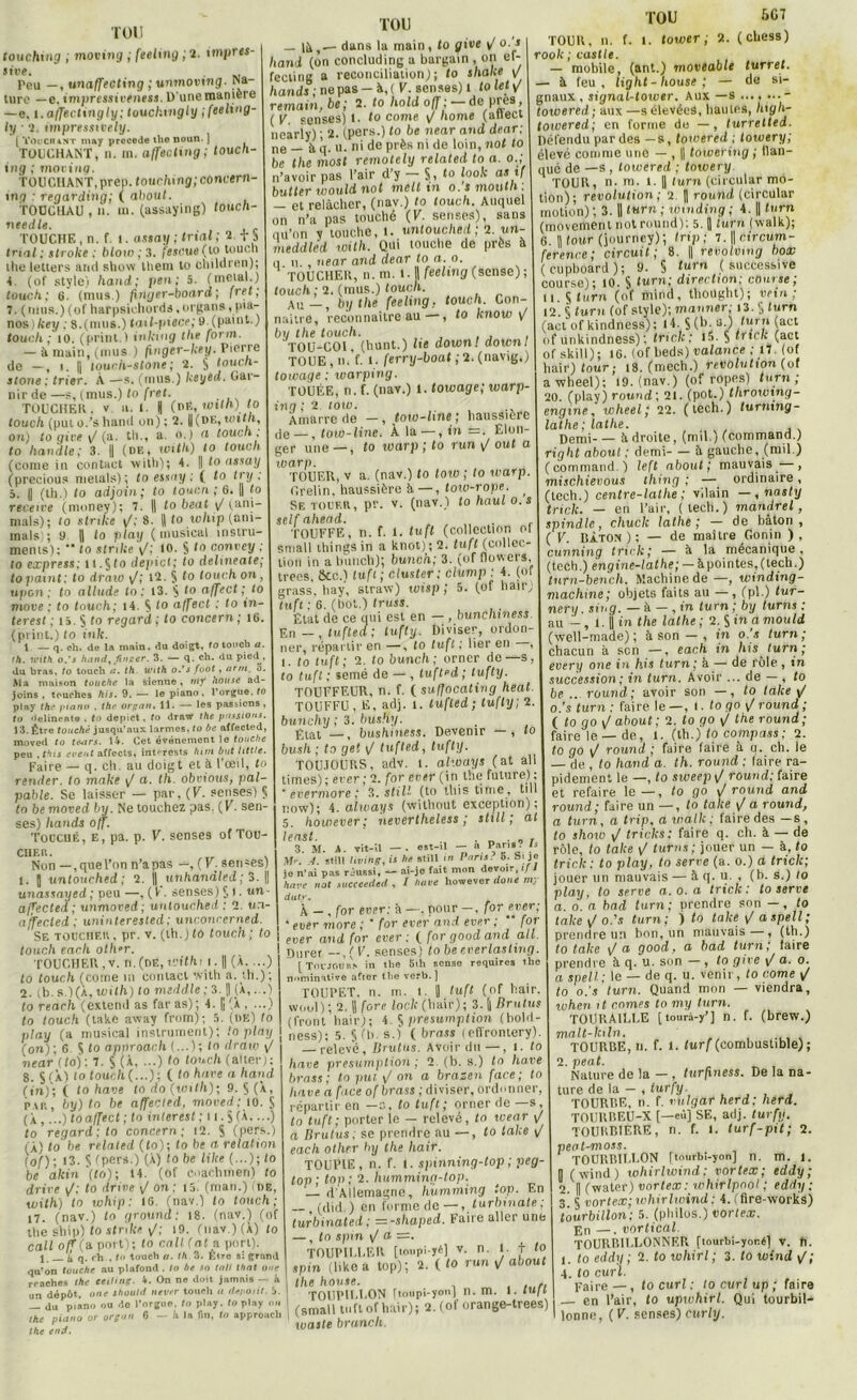 touahing ; moving ; feehng ; 2. ioppres- sive. Peu unaffeeting ; unmovtng Na- ture — e. impressiveness. D'une manière —e. t.affectingly; touchmgly jfeeling- ly ■ î. tmpressiVely. [Touch*NT ma)’ procédé the noun. j TOUCHANT, n. m. affectxng; touch- ing ; moving. TOUCHANT, prep. tourhing; concern- ing : regarding; ( about. TOUCHAU , u. m. (assaying) toucn- n eedle. TOUCHE, n. f. t. astay ; trial ; 2. f S triai : stroke : bloio ; 3. ftscue (to toucli ihe letters and show them to chiHTren); •4. (of style) hand; pen; 5. f métal.) touch; 6. (mus.) fiiiger-board ; fret; 7. (mus.) (of harpsicliords .organs, P'a- nos )key : 8.(mus.) tatl-piece; 9 (paint.) touch ; îo. (print.) inking the forin. — à main, (inus ) fi.nger-key. Pierre de —, i. |j tourh-stone; 2. S toucti- stone: trier. À —s. (mus.) keyed. Gar- nir de—s, (mus.) fo fret. . TOUCHER, v u. 1. K (nF., with) to touch (puto.’shand on); 2. |J(de,wsth, on) to gire \f (a. th., a. n.) a touch to liandle; 3. || (de, ivith) to touch (corne in contact with); 4. Il to assay (precious mêlais); to essny : ( to try : 5. || (th.) to adjoin; to toucn ; 6. || fo receive (money); 7. || to beat \J (Rni- mals) ; to strike \f: 8. || to wlup (ani- mais ; 9 || to play (musical instru- ments): “ to strike y/; 10. § to convey : to express; it.§fo depict; to delineate; to pamt: to draio y/; 12. § to touch on, upen; to allude to : 13. $ to affect ; to move : to touch; 14. S to affect : to in- terest ; 15. S to regard ; to concern ; 16. (print.) to ink. 1 — q. eh. de la main, du doigt, 10 touch a. th. urith O.'s hand, fin/ter. 3. — q. ch. du pied, du bras, to touch a. th. unth o.’s foot , arm, o. Ma maison touche la sienne, nty hou se ad- joins , tenehes his. 9. — le piano, l’orgue, to play the fiions . the orpnn. 11. — les passions , fo delineate . fo depict, to draw the passions. 13. Être touché jusqu’aux larmes, to lie affected, moved to tears. H. Cet événement le touche peu , t'us enent affects, interests hwl but little. Faire — q. ch. au doigt et à l’œil, to render. to make \J a. th. obvious, pal- pable. Se laisser — par, (V. senses) $ to be moved by. Ne touchez pas, (V. sen- ses) liands off. Touché, e, pa. p. V. senses of Tou- cher. Non — ,quel’on n’apas —, (F. senses) 1. 5 untouched ; 2. j| unhandled ; 3. || unassayed ; peu —, ( V ■ senses) $ i. un- afected; unmored ; untouched : 2. un- it ffecled ; uninterested; unconcerned. Se toucher, pr. v. (th.)to touch; to touch each othw. TOUCHER,v. n.(DE,wt'l/ti i• Il (À....) to touch (corne m contact with a. th.); 2. (b. s.)(a, wilh) to meddle; 3.JI (a, ...) to reach (exlend as far as); 4. || (À , ...) to touch (take away from); 3. (de) to play (a musical instrument); lo play (on); 6 S lo apnroach (...); lo draw y/ near (to): 7. S (À. •••) ,0 fonc/t (alter); 8. S f À) lo touch (...) ; ( lo hâve a hand (in); ( lo hâve to do (with); 9. S (À, par, by) to be affected, moved: îo. S (À,...) to affect; to interest ; 11. J (À....) to regard; to concern; 12. S (pers.) (À) to be relaled (lo); lo be a relation (of); 13. S (pers.) (À) to be lilte (...);!o be alcin (to); 14. (of cnachmeri) lo drive y/; to drive y/ on; 15.' (rrian.) (de, with) to whip: 16. (nav.) lo touch; 17. (nav.) lo grounâ: 18. (nav.) (of the ship) lo strike \/; 19. (uav.) (X) lo call off (a port); lo call. (at a port). 1 f q. rh-, fo touch a. th. 3. Être si grand qn’on touche au plafond . fo be sn mil thaï nue reaches the eetling. 4. On ne doit jamais — à i un dépôt, une should nevrr touch « deposit. 5. — du piano ou de l’orgue, to play, foplay an the piano or orgnn 6 — à la fin, fo apprbuch | the end. TOU — là dans la main , to give y/ o.'s hand (on concluding a bargain , on ef- fccling a réconciliation); to shake y! hands ; ne pas — à, ( F. sensas) 1 tolet y/ remain, be; 2. lo hold off; - deprès, (F. senses) 1. to corne y! home (atlect nearly) ; 2. (pers.) to be near and dear: ne — à q. n. ni de près ni de loin, not to be the inost remotely related lo a. o.; n’avoir pas l’air d’y Si look as if butter would not melt in o.'smouth : — et relâcher, (nav.) to touch. Auquel on n’a pas touché (F. senses), sans qu’on v louche, 1. untouched; 2. un meddled with. Qui touche de près à q. n. near and dear lo a. o. TOUCHER, n.m. i. j| feeling (sense) ; touch ; 2. (mus.) touch. An-, by the feeling. touch. Con- naître, reconnaître au—, to know y by the touch. TOU-COI, (hunt.) lie down! down! TOUE, n. f. l. ferry-boat ; 2. (navig.) towage ; warping. TOUÉE, n. f. (nav.) 1. towage; toorp- 171012.1010. Amarre de —, tow-line ; hatissiere de — , tow-line. X la —, in =. Elon- ger une—, to warp ; lo run y! oui a warp. TOUER, v a. (nav.) lo loto ; to warp. Grelin, haussière à —, tow-rope. ( Se tourr, pr. v. (nav.) lo haul o.s self ahead. r TOUFFE, n. f. 1. tufl (collection of small ihingsin a knot); 2. ^(«(collec- tion in abunch); bunch; 3. (of flowers, trees, Ôte.) tuft ; cluster; clump : 4. (of grass. hay, straw) toi'sp ; 5. (of hair) tuft ; 6. (bot.) truss. État de ce qui est en — , bunchmess. En —, tufted; lufty. Diviser, ordon- ner, répartir en —-, lo tuft ; lier en , i. to tuft; 2. lo bunch; orner de—s, lo tuft ; semé de — , tufted ; tufty. TOUFFEUR, n. f. ( suffocating heat. TOUFFU, E, adj. 1. tufted; tufty; 2. bunchy ; 3. busHy. Élat —, bushiness. Devenir — , lo busli ; to gel y/ tufted, tufty. TOUJOURS, adv. I. always (at ali times); ever; 2. for ever (in the future) : ' evermore ; 3. still (to thistime . toi ïïow); 4. alwciys (without excep»tion), 5. however; iievertheless j still j ut least. . _ . , r 3. M. A. vit-il — . est-il -- n. . M'-. A. still hving, is h* still in Inns. 5. je je n’ai pas réussi, — ai-je fait mon devoir, if hâve not succeeded , I hâve however doue my dutr. A-, for ever: à —, pour —, for ever; * ever more ; ' for ever and ever ; ” (or ever and for ever: ( for goodand ail. j)lirer —,(F. senses) tobeeverlasting. [TovjobkV in the 5ih sense requires the nominative aller the verb. ] TOUPET, n. m. I. i tuft (of hair. woul) ; 2. || fore loch (hair) ; 3. | Brutus (front hair); 4. § presumption (bold- ness); 5. § Ch. s.) ( brass (effrontery). — relevé , Brutus. Avoir du—, l. lo hâve presumption ; 2. (b. s.) lo hâve brass; to put \/ on a brazen face; to hâve a face of brass ; diviser, ordonner, répartir en -s, lo tuft; orner de —s, lo tuft; porter le — relevé, lo wear y/ a Brutus; se prendre au —, to la/ce y/ each othrr hy the hair. TOUPIE, n. f. t. spinning-top ; peg- lop; top; 2. humming-top. d'Allemagne, humming top. En (tlid. ) en forme de —, t urbinate ; turbinated; =-shaped. Faire aller une —, t n spin <J a TOUPILUER [toupi-yô] v. n. 1. t to spin (lilte a top); 2. ( to run y/ about the house. , TOUPH.f.ON ftoupi-yon) n. m. 1. tu/i (small tuft of hair) ; 2. (of orange-trees) waste brunch. TOU 5G7 TOUR, n. f. i. tower ; 2. (chess) rook;castle. — mobile, (ant.) moveable turret. — à feu, light-house; — de si- gnaux , signal-totver. Aux —s ..., ... towered; aux —s élevées, liâmes, htgli- totuered; en forme de — , turretted. Défendu par des —s, towered; towery; élevé comme une — , || lowering ; ilan- qué de —s , towered ; towery TOUR, n. m. i. || turn (circular mo- tion); révolution ; 2 || round (circular motion); 3. || turn; wmding; 4. || turn (movcmenl not round): 5. || turn (walk); 6. || lotir (journey); trip; g.\\circum- ference; circuit; 8. || revolmng box ( cupboard ); 9. S *“rn (successive course); 10. S turn; direction; course; u. $ Iurn (of mirul, thoüght); vein; 12. S turn (of style); manner; 13. S turn (act of kindness); 14. S (h. o.) turn (act of unkindness) : tri ch ; 15. S trick (act ofskill); 16. (of beds) valance ; 17. (of hair) tour; 18. (nrjech.) révolution (of awheel); 19. (nav.) (of ropes) turn ; 20. (play) round; 21. (pot.) throwtng- engine, wheel ; 22. (tech.) turntng- lathe;lathe. Demi à droite, (mil.) (command.) right about ; demi à gauche, (mil.) (command.) left about; mauvais ■ , mischievous thing ; — ordinaire, (tech.) centre-lathe ; vilain —,nasty trick. — en l’air, (tech.) mandrel, spindlc, chuclc lathe ; — de bâton, ( F. I1ÀT0N ) ; — de maître Gonin ) , cunning trick; — à la mécanique, (tech.) engine-lathe; — à pointes, (tech.) tutn-bench. Machine de —, winding- machine; objets faits au — , (pi.) tur- nery. sing. — à — , in turn ; by turns .* au - , l. il in the lathe ; 2. S in a mould (■well-made) ; à son — , in o.'s turn ; chacun à sen —, each in his turn ; every one in his turn; à — de rôle , in succession; in turn. Avoir ... de — , fo be ... round ; avoir son —, to take yf o.’s turn : faire le —, t. to go y/ round ; ( to go \J about ; 2. lo go y/ the round ; faire le —de, i. (Ih.) to compass ; 2. to go / round ; faire faire à q. ch. le — de , lo hand a. th. round : faire ra- pidement le —, to sweepi/ round; faire et refaire le —, to go y/ round and round; faire un —, lo take y/ a round, a turn , a trip, a walk ; faire des —s , to shoiu y/ tricks; faire q. ch. à — de rôle, lo take y/ turns; jouer un — à, to triclc: to play, to serve (a. o.) a trick; jouer un mauvais — à q. u. , (b. s.) to play, to sprve a. o. a trick: to serve a. o. a b ad turn; prendre son — , to take y/o.’s turn; j to take y/ aspell; prendre un bon, un mauvais , (th.) lo take y/ a good, a bad turn, faire prendre à q. u. son — , lo give y/ a. o. a spell : le — de q. u. venir, to corne y/ lo o.’s turn. Quand mon — viendra, when il cornes to my turn. T0URA1ULE [tourà-y’] n. f. (brew.) matt-kiln. TOURBE, n. f. l. turf (combustible) ; 2. peat. Nature de la — , turfiness. De la na- ture de la - , iurfy. TOURBE, n. f. vulgar herd: herd. TOURBEU-X [—eù] SE, adj. turfxj. TOUBBIERE, n. f. t. turf-pit; 2. peat-moss. TOURBIUUON f tmirbî-yonj n. m. 1. n (wind) xohirlwind : vortex; eddy ; 2. || (water) vortex: Whirlpool ; eddy ; 3 5 vortex; whirlwind : 4. ( fire-works) tourbillon: 5. (philos.) vortex. En —, vertical T0UHB1UL0NNER [tourbi-yoné] v. h. i. to eddy; 2. lo whirl; 3. to wind t/ ; 4. to curi. Faire —, to curl : to curl up ; faire en l’air, lo upwhirl. Qui tourbil- lonne, ( F. senses) curly.