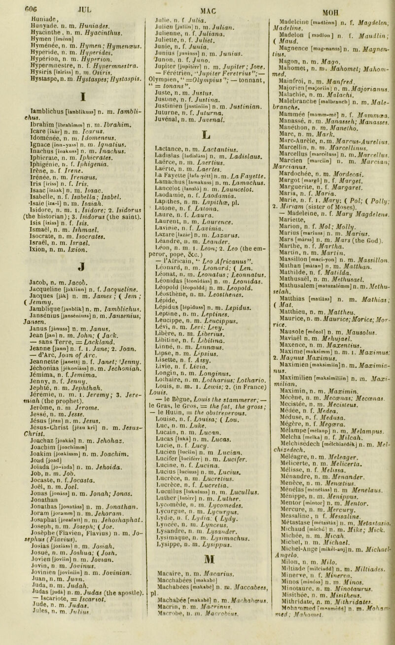 fiOG JUL Huniaüe, Hunyade. n. m. Huniades. Hyacinthe, n. m. Hyacinthus. Hymen [imènn] Hvménée, n. m. Hymen; Hymenœus. Hyperide, n. m. Hyperides. Hypérion, n m. Hyperion. Hypermnestre, n. f. Hynermnestra. Hysiris [iiiriss] n. m. Osiris. Hystaspe, n. m, Hystaspes; Ijyslaspis. I lamblichus [ianbHku9.1l n. ra. lambli- chus. Ibrahim [ibrahimm] n. rn. Ibrahim. Icare (ikàr] n. m. I car ns. Idoménéc, 11. m. Idomeneus. Ignace [inn-yass] n. m. lqnatius. Inaehus [inakusa] n. m. Inaehus. Iphieraie, n. ni. Iphicrates. Iphigénie, n. f. Iphigenia. Irène, n. f Irene. Irénée, n. m. Irenœus. Iris [irisa] n. f. Iris. Isaac [iaaak] n. m. Iiaac. Isabelle, n. f. Isabe.lla ; Isabel. •Isaïe [iia-i] n. ni. Isaiali. Isidore, n. ni. 1. Isidore: 2. hidnrus (the historian); 3. Isidorus (the saint). Isis [iziss] n. f. Isis. Ismaël, n. m. Ishmael. Isocrate, n. ni. Isocrates. Israël, n. m. Israël. Ixion, n. m. lxion. .1 Jacob, n. m. Jacob. Jacqueline [jakiinn] n. (.Jacqueline. Jacques [jàk] n. m. James ; ( Jem ; ( Jemmy. Janiblique[janbiik] n. m. lamblichus. Jansénius [janséniuas] n. m. Jansenius, Jansen. Janus [jànuss] n. m. Janus. Jean [jan] n. m. John; ( Jaclc. — sans Terre, — Laclcland. Jeanne [jann] n. f. 1. Jane; 2. Joan. — d’Arc, Joan of Arc. Jeannette [janett] n. f. Janet; ’Jenny. Jéchonias jjékoniàss] n. m. Jechoniah. Jémima, n. l.Jemima. Jenny, n. f. Jenny. Jephlé, n. m. Jephthah. Jérémie, n. m. 1. Jeremy ; 3. Jere- sniali (the prophet). Jerôme, n. rn Jerome. Jessé, n. m. Jesse. Jésus [jfzu] n. m. Jésus. Jésus-Christ [j6zu kri] n. m.Jesus- Christ. Joachaz [joakàz] n. m. Jehohaz. Joachim [joacliimm] Joakim [joakimm] n. m. Joachim. Joad [joad] Joiada [jo-iada] n. m. Jehoida. Job, n. m. Job. Jocaste, n. (.Jocasta. Joël, n. m. Joël. Jouas [jonàss] n. m. Jonah; Jonas. Jonathan Jonathas [jonatàss] n. m. Jonathan. Joram [joramm] n. m. Jehoram. Jusapliat [jozafait] n. ni. Jehoshaphat.. Joseph, n. m. Joseph; (Joe. Josèphe(Flavien, Flavius) n. m. Jo- sephus (Flavius). Josias [joziàss] n. m. Josiah. Josuê, n. m. Joshua; ( Josh. Jovien [joviin] n. m. Jovtan. Jovin, n m. Jooinus. Jovinien [joviniin] n. m. Jovinian. Juan, n.m. Juan. Juda, n. ni. Judah. Judas (juda) n. m. Judas (the apostle). — Iscariote, = Iscamot. Jude, n. m. Judas. Jules, n. m. Julius MAC Julie, n. f Julia. Julien [juliinjn. m. Julian. Julienne, n. f. Juliana. Juliette, n. f. Juliet. Junie, n. f. Junia. Junius [juniuss] n. ni. .lunius. lunon, n. f. Juno. Jupiter (jtipiièrr] n. m. Jupiter ; Jnve. — Férétrien, ■‘■Jupiter Feretrius”; — Olympien, “ =Olympius— tonnant, “ = tonans”. Juste, n. m. Justus. Justine, n. f. Justina. Justinien [justiniin] n. m. Justinian. Juturne, n. f. Julurna. Juvénal, n. m. Juvenal. L Lactance, n. m. Lactantius. Ladislas [ladisiàss] n. m. Ladislaus. Laéroe, n. m. Lnertius. Laërte, n. m. Laertes. La Fayette [lafa-yrtt] n. m. La Fayette. Lamachus [lamakuss] n. m. Lamachus. Lancelot [lansio] n. m. Launcelot. Laodainie, n. Laodamia. Lap.thes, n. m. Lapithœ, pl. ' Latone, n. f. Latona. Laure, n. f. Laura. Laurent, n. m. Laurence. Lavinie, n. f. Lavinia. Lazare[lazâr] n. m. Lazarus. Léandre, n.m. Leander. Léon, n. m. 1. Leon; 2. Léo (the em- peror, pope, ôte.) — l’Africain, *• Léo Africanus”. Léonard, n. m. Leonard; ( Len. Léonat, n. m. Leonatus ; Leonnatus. Léonidas [iconidàss] n. m. Leonidas. Léopold (léopoiddj n. m. Léopold. Léosthène, n. ni. Leosthenes. Lépide, Lépidus [lépiduss] n. m. Lepidus. Leptine, n. m. Leptines. Leucippe, 11. m. Leucippus. Lévi, n. m. Levi: Levy. Libère, n. m. Libertus. Libitine, n. f. Libitma. Linné, n. m. Lmnœus. Lipse, n. ni. Lipsius. Lisette, n f. Livie, n. f. Livia. Longin, n. m. Longinus. Lothaire, n. m. Lotharius: Lothario. Louis, n. m. 1. Lewis; 2. (in France) Louis. — le Bègue, Louis the stammerer; — le Gras, le Gros, = the fat, the gross; — le Hutin, — the obstreperous. Louise, n. f. Louisa; ( Lou. Lue, n. m. Luke. Lucain, n. ni. Lucan. Lucas [lukà] n. m. Lucas. Lucie, n. f Lucy. Lucien (luciiu] n. m Lucian. Lucifer [lucifèrr] n. m. Lucifer. Lucine. n. f. Lucina. Lucius (luciuss] n. m. Lucius. Lucrèce, n. ni. Lucretius. Lucrèce, n. f. Lucretia. Lucullus [lukuluss] n. m. Lucullus. Luther[lutOrr] n. ni. Luther. Lycomède, n. m. Lycomedes. Lycurgue, n. m. Lycurgus. Lydie, 11. f. Lydia; ( Lydy. Lyucée, n. ni. Lynceus. Lysandre, n. m.'Lysander. Lysimaque, n. m. Lysnnachus. Lysippe, n. ni. Lysippus. M Macaire, n.m. Macarius. Macchabées [makabs] Machabées [makabé] n. ni. Maccabees. pl. Machabée [makabé] n.m. Machahceus. Macrin, n. m. Marrinus. Maerobe, 11. 111. Macrobius. MOH Madeleine [madlènn] n. f. Magdelen, Madeline. Madelon [madiun] n f. Maudlin; ( Maud. Magnence [mag-nanss] n. m. Magnen- tius. Magon, n. m. Magn. Alahomet, n. ni. Mahomet; Mahom- med. Mainfroi, n. m. Manfred. Majoricri [majoriin | n. m. Majonanus. Malachie, n. m. Mulachi. Malebranche [malbranch] n. m. Maie- branche. Mamrnée fmamm-mi4] n. f. Mammcea. Manassé. n. ni. Manasseh; Manasses. Manélhon, n. m. Manetho. Marc, n. m. Mark. Marc-Aurèle, n.m.Marcus-Aurelius. Marcellin, n. m. Marcellinns. Marcellus [marcèlusa] n. m. Mnrrellus. Marcien [maiciin] n. m. Marcian; Marcianus. Mardochée, n. m. Mordecai. Margot [margd] n. f. Marget. Marguerite, n. f. Margaret. Maria, n. f. Maria. Marie, n. f. 1. Mary, ( Pol; ( Polly: 2. Miriam (sister of Moses). — Madeleine, n. f. Mary Magdelene. Mariette, Marion, n. f. Mol; Molly. Marius [mariusa] n. m. Marins. Mars [màrss] n. m. Mars (the God). Marthe, n. f. Martha. Martin, n. m. Martin. Massillon [maci-yon] n. m. Massillon Mathan (màtan] n. m. Matthan. Mathilde, n. f. Matilda. Mathusaël, n. m. Methusael. Mathusalem [matuzalèmm] n.m. Methu- selah. Matthias [matins] n. m. Mathias ( Mat. Matthieu, n. m. Mattheu. Maurice, n. m. Maurice;Morice; Mot- rice. Mausole [môzoï] n. m. Mausolus. Maviaël n.m. Mehujael. Maxence, n.m. Maxentius. Maxime[maksimm] n. m. i. Maximus: 2. Maynus Maximus. Maximien [maksimiinjn. m. Maximia- nus. Maximilien [maksimiliin] n. m. Maxi- milian. Maximin, n. m. Maximin. Mécène, n. m. Mecœnas; Mecœnas Mecislée, n.m. Mecisteus. Médée, n f. Medea. Méduse, n. f. Médusa. Mégère, n. f. Megœra. Mélampe[mélanp] n. m. Melampus. Melcha (melka) il. f. Milcah. Melchisédech [mèlchizédèkj n. ni. Mel- chizedech. Méléagre, n.m. Meleager. Melicerte, n. ni. Melicerta. Mélisse, n. f. Meltssa. Ménandre, n. m. Menander. Menèee, n. m. Menœtius. Ménélas[ménélà9a) n. m Menelaus. Ménippe, n. m. Menipnus. Mentor [minior] n. m. Mentor. Mercure, n. m. Mercury. Messaline, n f. Messaline. Métastase [mrtastàz] n. m. Metastasio. Michaud [miclul) n. ni. Mike; Midi. : Michée, n. m. Micah. Michel, n. m. Michael. Michel-Ange [mikèi-anj]n. m. Michael- A ngelo. Milon, n. m. Mtlo. Miltiade [miiciadd] n. ni. Miltiades. j Minerve, 11 f. Minerva. Minos (mindssj n. m. Minos. Minotaure. n. m. Minotaurus. Misithéc, n. m. Misitheus. Mithridate, n. m. Mithridates. Mohammed rmiamrdd] n. m. Mohar'- med ; Mahomet