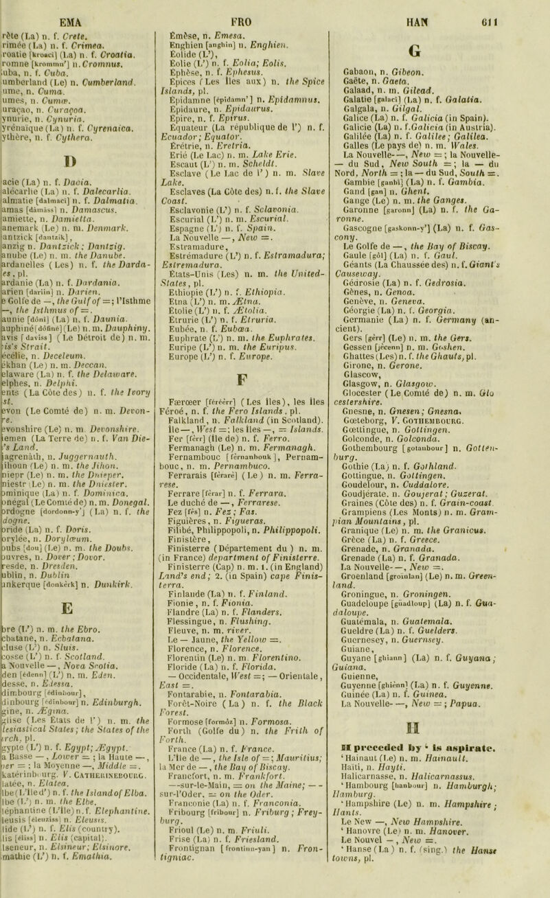 EMA rète (La) n. f. Crete. rimée (La) n. f. Crimea. roatie [kroaci] (l.a) n. f. Croatia. romne [krommn’] n. Cromnus. ’.uba, n. f. Cuba. umberland (Le) n. Cumberland. urne, n. Cuma. urnes, n. Cuma?. uraçao, n. Curaçoa. jynurie, n. Cynuria. yrénaïque(La) n. f. Cyrenaica. ythère, n. f. Cythera. D acie (La) n. f. Dama. ialécarlie (La) n. f. üalecarlia. almatie [daimaci] n. f. Dalmatia. amas (dàmàss) n. Damascus. amieite, n. Damietta. anemark (Le) n. ni. Denmark. anizick [damzik], anzign. Dantzick ; Dantzig. anube (Le) n. m. the Danube. ardanelles (Les) n. f. the Darda- is , pl. ardanie (La) n. f. Dardania. arien [dariin] n. Darien. e Goll'e de —, the Gulf of — ; l’Isthme I—, the lstlimus cf — . aunie [dont] (La) n. f. Daunia. iupbinê(dofiné](Le) n. m. Dauphiny. avis fdaviss] (Le Détroit de) n. m. is’s Strait. écélie, n. Deceleum. jkban (Le) n. m. Deccan. slaware (La) n. f. the Delaware. elphes, n. Delphi. 2nts (La Côte des) n. f. the Ioory si. evon (Le Comté de) n. m. Devon- -e. ivonsbire (Le) n. m Devonshire. emen (La Terre de) n. f. l'an Die- ’s Land. agrenàili, n. Juggernauth. ihoun (Le) n. m. the Jihon. niepr (Le) n. m. the Dnieper. niestr (Le) n. m. the Dniester. jminique (La) n. f. Domimca. onégal(LeComiéde) n.m. Donegal. jrdogne [dordonn-y’j (La) n. f. the dogne. 5ride (La) n. f. Dons. orylée, n. Dorylæum. jubs [dou] (Le) n. m. the Doubs. luvres, n. Dover ; Dovor. resde, n. Dresden. ublin, n. Dublin inkerque [donkèrk] n. Dunlcirk. E bre (I/) n. m. the Ebro. bbatane, n. Ecbatana. ■luse (L:) n. Sluis. sosse (L’) n. f. Scotland. a Nouvelle —, Nova Srolia. den (édenn) (L’) n. m. Eden. desse, n. ËJessa. dimbourg [édinbour], dinbourg f édinbour] n. Edinburgh. gine, n. Ægina. glise (Les États de 1’) n. m. the lesiastical States; the Siales of the irch. pl. gypte (L’) n. f. Egypt; Ægypt. a Basse —, Lower — ; la Haute —, ter = ; la Moyenne —, Middle =. katérinbi urg. V. Catheiiinebobug. lalée, n. Elatea. Ibe(L’lled’) n. f. the 1 stand of Elba. lire (1/) n. m. the Elbe. léphantine (L’lle)n.f. Elephantine. leusis [éleuzissj n. Eleusis. lide (I.’) n. f. Elis (country). llis [eliss] n. Elis (capital), lseneur, n. Elsineur; Elsinore. mathie (L’) n. f. Emathia. FRO Êmèse, n. Emesa. F.nghien [anghin] n. Enghien. Ëolide (L’), Éolie (L’) n. f. Eolia; Eolis. Ephèse, n. f. Ephesus. Epices (Les lies aux) n. the Spice Islande, pl. Epidanine [épidamn’] n. Epldamnus. Epidaure, n. Epidaurus. Épire, n. f. Epirus. Equateur (La république de 1’) n. f. Ecuador; Equator. Êrétrie, n. Ere tria. Erié (Le Lac) n. m. Lake Erie. Escaut (L’) n. m. Scheldt. Esclave (Le Lac de l') n. m. Slave Lake. Esclaves (La Cûte des) n. f. the Slave Coast. Esclavonie (L’) n. f. Sclavonia. Escurial (L’) n. m. Escurial. Espagne (L’j n. V. Spain. La Nouvelle —, New =. Estramadure, Estrémadure (L’) n. f. Estramadura; Estrernadura. États-Unis (Les) n. m. the United- States, pl. Ethiopie (L’) n. f. Ethiopia. Etna (L’) n. m. Ætna. Étolie(L’) n. f. Ætolia. Étrurie (L’) n. f. Etruria. Eubée, n. f. Eubœa. Euphrate (L’) n. m. the Euplirates. Euripe (L’)n. m. the Euripus. Europe (L’) n. f. Europe. F Færœer [féréèrr] (Les lies), les Iles Féroé, n. f. the Fcro Islande . pl. Falkland , n. Falkland (in Scotland). Ile —, West les Iles —, Islands. Fer [fèrr] (ile de) n. f. Ferro. Fermanagh (Le) n. ni. Fermanagh. Fernambouc [ fèrnanhouk ], Pernam- bouc, n. m. Pernambuco. Ferrarais [férarè] (Le) n. m. Ferra- rese. Ferrare [fèrar] n. f. Ferrara. Le duché de —, Ferrarese. Fez [fès] n. Fez ; Fas. Figuières, n. Figueras. Filibé, Philippopoli, n. Philippopoli. Finistère, Finisterre (Département du) n. ni. (in France) department of Finisterre. Finisterre (Cap) n. m. 1. (in England) Lnnd’s end ; 2. (in Spain) cape Finis- terra. Finlande (La) n. f. Finlarul. Fionie , n. f. Fionia. Flandre (La) n. f. Flanders. Flessingue, n. Flushing. Fleuve, n. m. river. Le — Jaune, the Yellow =. Florence, n. Florence. Florentin (Le) n. m Florentino. Floride (La) n. f. Florida. — Occidentale, West =; — Orientale, East =. Fontarabie, n. Fontarabia. Forêt-Noire (La) n. f. the Black For est. Formose rfornuiz] n. Formosa. Forth (Goll'e du) n. the Frith of Forlh. France (La) n. f. France. L’tle de —, the Isle of = ; Mauritius; la Mer de —, the Uay of Biscay. Francfort, n. m. Frankfort. —sur-le-Main, ^ on the Maine; sur-l’Oder. — on the Oder. Franeonie (La) n. f. Franconia. Fribourg [fribour] n. Friburg ; Frey- burg. Frioul (Le) n. m. Friuli. Frise (La) n. f. Friesland. Fronlignan [frontiun-yan] n. Fron- tigniac. HAN Cil G Gabaon, n. Gibeon. Gaëte, n. Gaeta. Galaad, n. m. Gilead. Galatie [galocî] (La) n. f. Galatia. Galgala, n. Gilgal. Galice (La) n. f. Galicia (in Spain). Galicie (La) n. (.Galicia (in Austria). Galilée (La) n. f. Galilee ; Galilea. Galles (Le pays de) n. m. Wales. La Nouvelle—, Neiv = ; la Nouvelle- — du Sud, New South =; la — du Nord, North = ; la — du Sud, South =. Gambie [ganbî] (La) n. f. Gambia. Gand [gan] n. Ghent. Gange (Le) n. m. the Ganges. Garonne [garonnj (La) n. f. the Ga- ronne. Gascogne [gaskonn-y’J (La) n. f. Gas- cony. Le Golfe de —, the Bay of Biscay. Gaule fgol] (La) n. f. Gaul. Géants (La Chaussée des) n. f. Giant s Causeway. Gédrosie (La) n. f. Gedrosia. Gènes, n. Genoa. Genève, n. Geneva. Géorgie (La) n. f. Georgia. Germanie (La) n. f. Germany (an- cient). Gers [gèrr] (Le) n. m. the Gers. Gessen [jècenn] n. m. Goshen. Ghattes(Les)n. f. the Ghau/s, pl. Girone, n. Gerone. Glascow, Glasgow, n. Glasgow. Glocester (Le Comté de) n. m. Glo cestershire. Gnesne, n. Gnesen; Gnesna, Gœteborg, V. Cotiiembourg. Gœttingue, n. Goltingen. Golconde, n. Golconda. Golhembourg [goianbour] n. Gatten- burg. Gothie (La; n. f. Gothland. Gottingue, n. Goltingen. Goudelour, n. Cuddalore. Goudjérate. n. Goujerat ; Guzerat. Graines (Côte des) n. f. Grain-coast Grampiens (Les Monts) n. m. Gram- pian Mountains, pl. Granique (Le) n. m. the Granicus. Grèce (La) n. f. Greece. Grenade, n. Granada. Grenade (La) n. f. Granada. La Nouvelle—, New =. Groenland [groïnlan] (Le) n. m. Green- land. Groningue, n. Groningen. Guadeloupe [güadioup] (La) n. f. Gua- daloupe. Guatemala, n. Guatemala. Gueldre (La) n. f. Guelders. Guernesey, n. Guernsey. Guiane, Guyane [ghiann] (La) n. f. Guyana; Guiana. Guienne, Guyenne [ghiènn] (La) n. f. Guyenne. Guinée (La) n. f. Guinea. La Nouvelle , New — ; Papua. Il SI prcccded ity L is aspii-ate. ‘Hainaut (Le) n. m. Damault. Haïti, n. Hayti. llalicarnasse, n. Halicarnassus. ‘ Hambourg [iianbour] n. llamburgh; Ilamburg. • Humpshire (Le) n. m. Hampsliire ■ liants. Le New —, New Hnmpshire. ' Hanovre (Le.» n. m. Hanover. Le Nouvel — , New =. •Hanse(La) n. f. (sing.) the Hanse towns, pl.