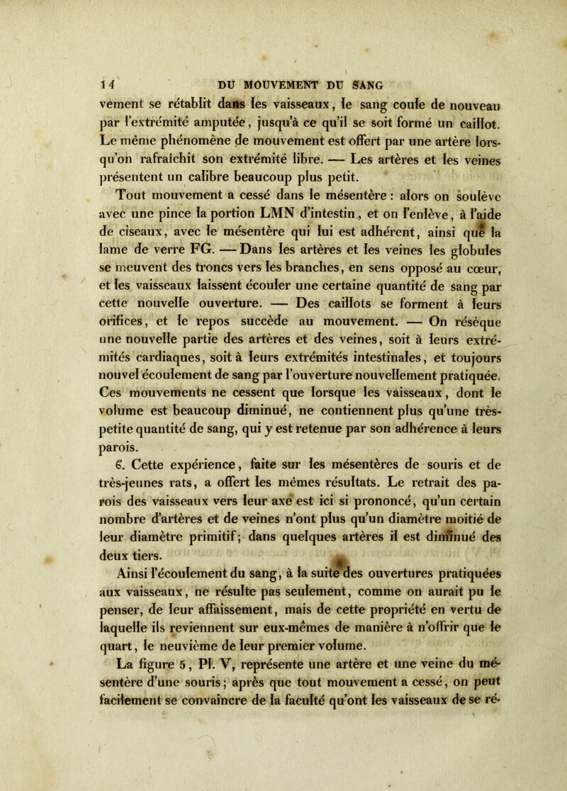 vement se rétablit dans les vaisseaux, le sang coule de nouveau par l’extrémité amputée, jusqua ce qu’il se soit formé un caillot. Le même phénomène de mouvement est offert par une artère lors- qu’on rafraîchit son extrémité libre. — Les artères et les veines présentent un calibre beaucoup plus petit. Tout mouvement a cessé dans le mésentère : alors on soulève avec une pince la portion LMN d’intestin , et on l’enlève, à l’aide de ciseaux, avec le mésentère qui lui est adhérent, ainsi qui la lame de verre FG. — Dans les artères et les veines les globules se meuvent des troncs vers les branches, en sens opposé au cœur, et les vaisseaux laissent écouler une certaine quantité de sang par cette nouvelle ouverture. — Des caillots se forment à leurs orifices, et le repos succède au mouvement. — On résèque une nouvelle partie des artères et des veines, soit à leurs extré- mités cardiaques, soit à leurs extrémités intestinales, et toujours nouvel écoulement de sang par l’ouverture nouvellement pratiquée. Ces mouvements ne cessent que lorsque les vaisseaux, dont le volume est beaucoup diminué, ne contiennent plus qu’une très- petite quantité de sang, qui y est retenue par son adhérence à leurs parois. g. Cette expérience, faite sur les mésentères de souris et de très-jeunes rats, a offert les mêmes résultats. Le retrait des pa- rois des vaisseaux vers leur axe est ici si prononcé, qu’un certain nombre d’artères et de veines n’ont plus qu’un diamètre moitié de leur diamètre primitif ; dans quelques artères il est diminué des deux tiers. Ainsi l’écoulement du sang, à la suite des ouvertures pratiquées aux vaisseaux, ne résulte pas seulement, comme on aurait pu le penser, de leur affaissement, mais de cette propriété en vertu de laquelle ils reviennent sur eux-mêmes de manière à n’offrir que le quart, le neuvième de leur premier volume. La figure 5, PI. V, représente une artère et une veine du mé- sentère d’une souris ; après que tout mouvement a cessé, on peut facilement se convaincre de la faculté qu’ont les vaisseaux de se ré-