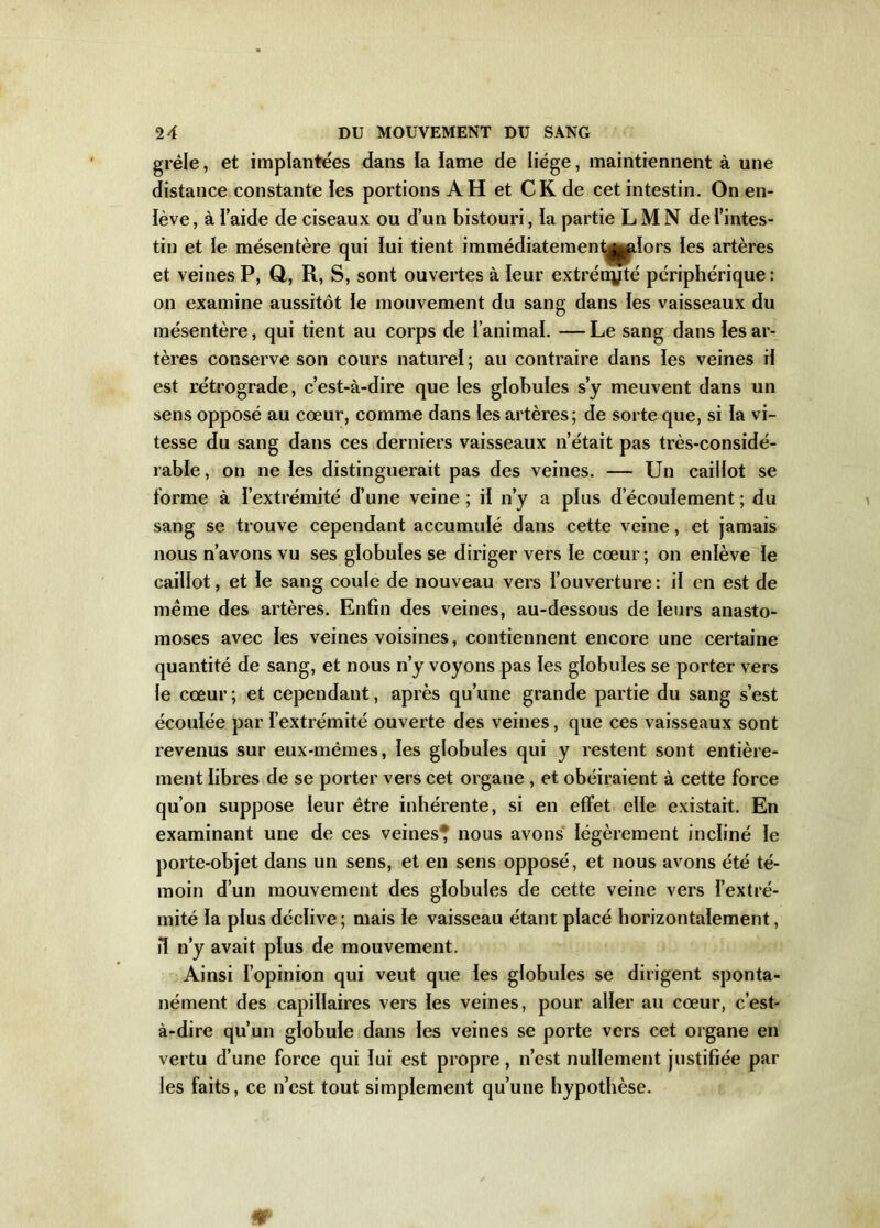 grêle, et implantées dans la lame de liège, maintiennent à une distance constante les portions AH et CK de cet intestin. On en- lève , à l’aide de ciseaux ou d’un bistouri, la partie L M N de l’intes- tin et le mésentère qui lui tient immédiatement||jglors les artères et veines P, O, R, S, sont ouvertes à leur extrényté périphérique : on examine aussitôt le mouvement du sang dans les vaisseaux du mésentère, qui tient au corps de l’animal. —Le sang dans les ar- tères conserve son cours naturel; au contraire dans les veines il est rétrograde, c’est-à-dire que les globules s’y meuvent dans un sens opposé au cœur, comme dans les artères; de sorte que, si la vi- tesse du sang dans ces derniers vaisseaux n’était pas très-considé- rable , on ne les distinguerait pas des veines. — Un caillot se forme à l’extrémité d’une veine ; il n’y a plus d’écoulement ; du sang se trouve cependant accumulé dans cette veine, et jamais nous n’avons vu ses globules se diriger vers le cœur ; on enlève le caillot, et le sang coule de nouveau vers l’ouverture: il en est de même des artères. Enfin des veines, au-dessous de leurs anasto- moses avec les veines voisines, contiennent encore une certaine quantité de sang, et nous n’y voyons pas les globules se porter vers le cœur ; et cependant, après qu’une grande partie du sang s’est écoulée par l’extrémité ouverte des veines, que ces vaisseaux sont revenus sur eux-mêmes, les globules qui y restent sont entière- ment libres de se porter vers cet organe , et obéiraient à cette force qu’on suppose leur être inhérente, si en effet elle existait. En examinant une de ces veines* nous avons légèrement incliné le porte-objet dans un sens, et en sens opposé, et nous avons été té- moin d’un mouvement des globules de cette veine vers l’extré- mité la plus déclive; mais le vaisseau étant placé horizontalement, il n’y avait plus de mouvement. Ainsi l’opinion qui veut que les globules se dirigent sponta- nément des capillaires vers les veines, pour aller au cœur, c’est- à-dire qu’un globule dans les veines se porte vers cet organe en vertu d’une force qui lui est propre, n’est nullement justifiée par les faits, ce n’est tout simplement qu’une hypothèse.