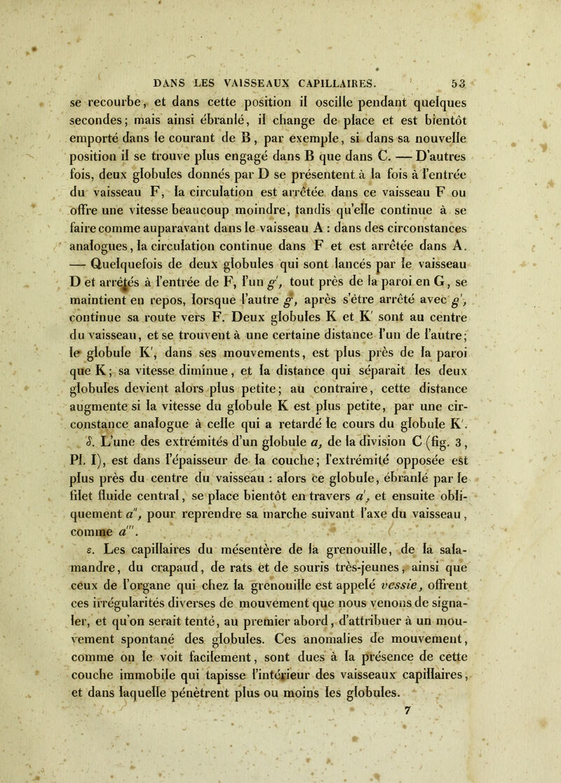 se recourbe, et dans cette position il oscille pendant quelques secondes; mais ainsi ébranlé, il change de place et est bientôt emporté dans le courant de B, par exemple, si dans sa nouvelle position il se trouve plus engagé dans B que dans C. — D’autres fois, deux globules donnés par D se présentent à la fois à l’entrée du vaisseau F, la circulation est arretée dans ce vaisseau F ou offre une vitesse beaucoup moindre, tandis quelle continue à se faire comme auparavant dans le vaisseau A : dans des circonstances analogues, la circulation continue dans F et est arretée dans A. — Quelquefois de deux globules qui sont lancés par le vaisseau D et arrêtés à l’entrée de F, l’un g, tout près de la paroi en G, se maintient en repos, lorsque l’autre g, après s’ëtre arrêté avec g, continue sa route vers F. Deux globules K et K' sont au centre du vaisseau, et se trouvent à une certaine distance l’un de l’autre; le globule K', dans ses mouvements, est plus près de la paroi que K ; sa vitesse diminue, et la distance qui séparait les deux globules devient alors plus petite; au contraire, cette distance augmente si la vitesse du globule K est plus petite, par une cir- constance analogue à celle qui a retardé le cours du globule K'. S. L’une des extrémités d’un globule a, de la division C (fig. 3 , Pi. I), est dans l’épaisseur de la couche; l’extrémité opposée est plus près du centre du vaisseau : alors ce globule, ébranlé par le filet fluide central, se place bientôt en travers d, et ensuite obli- quement d, pour reprendre sa marche suivant l’axe du vaisseau , comme d. s. Les capillaires du mésentère de la grenouille, de la sala- mandre, du crapaud, de rats et de souris très-jeunes, ainsi que ceux de l’organe qui chez la grenouille est appelé vessie, offrent ces irrégularités diverses de mouvement que nous venons de signa- ler, et qu’on serait tenté, au premier abord, d’attribuer à un mou- vement spontané des globules. Ces anomalies de mouvement, comme on le voit facilement, sont dues à la présence de cette couche immobile qui tapisse l’intérieur des vaisseaux capillaires, et dans laquelle pénètrent plus ou moins les globules. 7