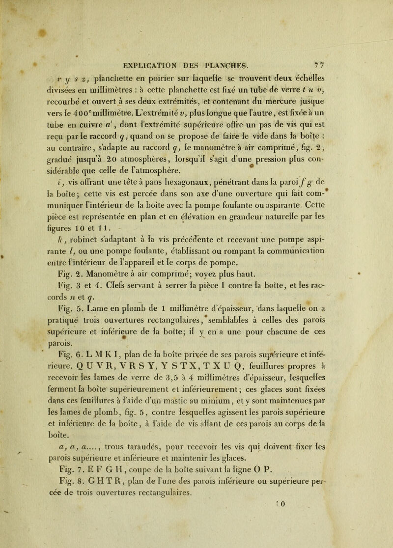 r y s z, planchette en poirier sur laquelle se trouvent deux échelles divisées en millimètres : à cette planchette est fixé un tube de verre t u v, recourbé et ouvert à ses deux extrémités, et contenant du mercure jusque vers le 400e millimètre. L’extrémité v, plus longue que l’autre, est fixée à un tube en cuivre à, dont l’extrémité supérieure offre un pas de vis qui est reçu par le raccord q, quand on se propose de faire le vide dans la boîte : au contraire, s’adapte au raccord q, le manomètre à air comprimé, fig. 2, gradué jusqu’à 20 atmosphères, lorsqu’il s’agit d’une pression plus con- sidérable que celle de l’atmosphère. i, vis offrant une tête à pans hexagonaux, pénétrant dans la paroi f g de la boîte; cette vis est percée dans son axe d’une ouverture qui fait com-* muniquer l’intérieur de la boîte avec la pompe foulante ou aspirante. Cette pièce est représentée en plan et en élévation en grandeur naturelle par les figures 10 et 11. k, robinet s’adaptant à la vis précédente et recevant une pompe aspi- rante l, ou une pompe foulante, établissant ou rompant la communication entre l’intérieur de l’appareil et le corps de pompe. Fig. 2, Manomètre à air comprimé; voyez plus haut. Fig. 3 et 4. Clefs servant à serrer la pièce I contre la boîte, et les rac- cords n et q. Fig. 5. Lame en plomb de 1 millimètre d’épaisseur, dans laquelle on a pratiqué trois ouvertures rectangulaires,'semblables à celles des parois supérieure et inférieure de la boîte; il y en a une pour chacune de ces parois. Fig. 6. L M K I, plan de la boîte privée de ses parois supérieure et infé- rieure. QU VR, VRS Y, Y S T X, T X U Q, feuillures propres à recevoir les lames de verre de 3,5 à 4 millimètres d’épaisseur, lesquelles ferment la boîte supérieurement et inférieurement; ces glaces sont fixées dans ces feuillures à l’aide d’un mastic au minium, et y sont maintenues par les lames de plomb, fig. 5 , contre lesquelles agissent les parois supérieure et inférieure de la boîte, à l’aide de vis allant de ces parois au corps delà boîte. a, a, a...., trous taraudés, pour recevoir les vis qui doivent fixer les parois supérieure et inférieure et maintenir les glaces. Fig. 7. E F GH, coupe de la boîte suivant la ligne O P. Fig. 8. G H T R , plan de l’une des parois inférieure ou supérieure per- cée de trois ouvertures rectangulaires.
