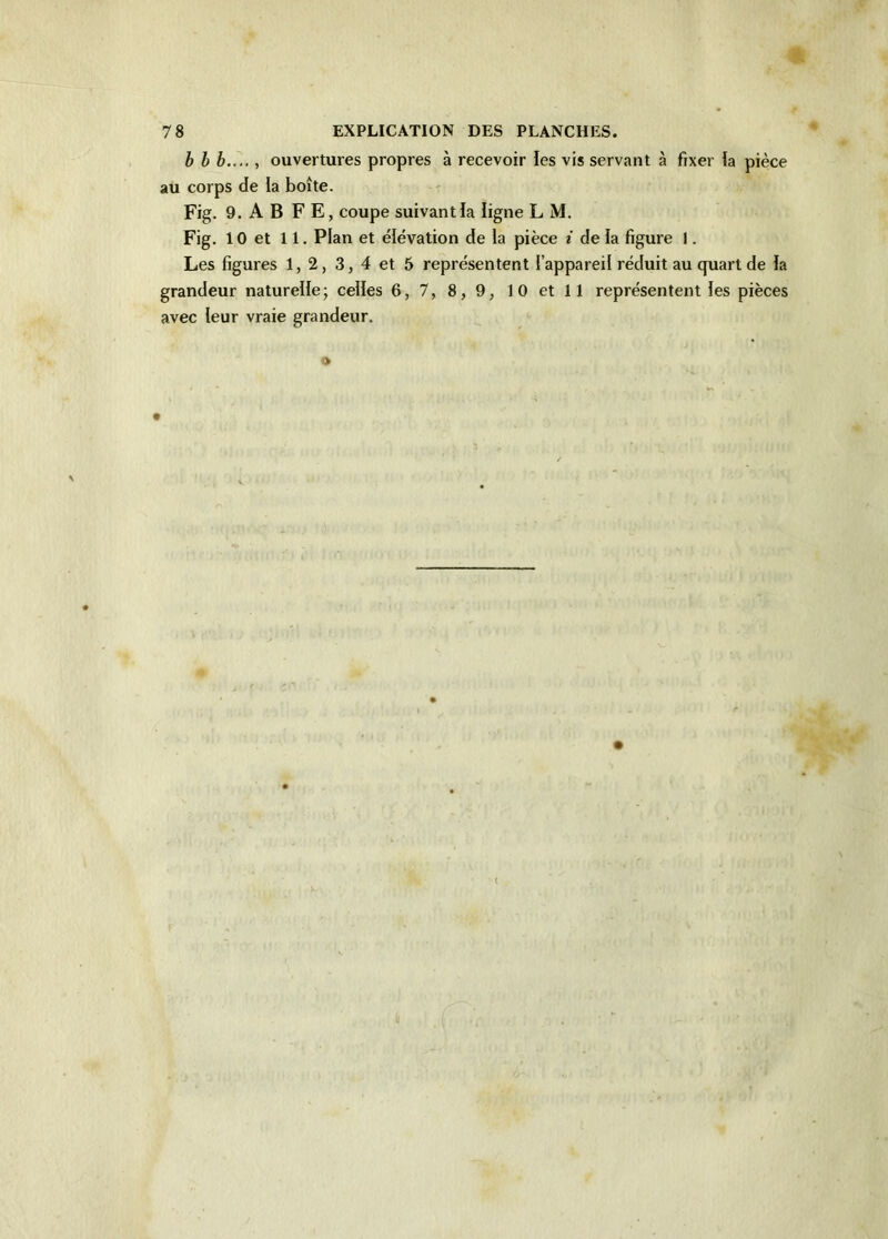 b b b.... , ouvertures propres à recevoir les vis servant à fixer la pièce au corps de la boîte. Fig. 9. A B F E, coupe suivant la ligne L M. Fig. 10 et 11. Plan et élévation de la pièce i de la figure 1. Les figures 1, 2, 3, 4 et 5 représentent l’appareil réduit au quart de la grandeur naturelle; celles 6, 7, 8, 9, 1 0 et 11 représentent les pièces avec leur vraie grandeur.