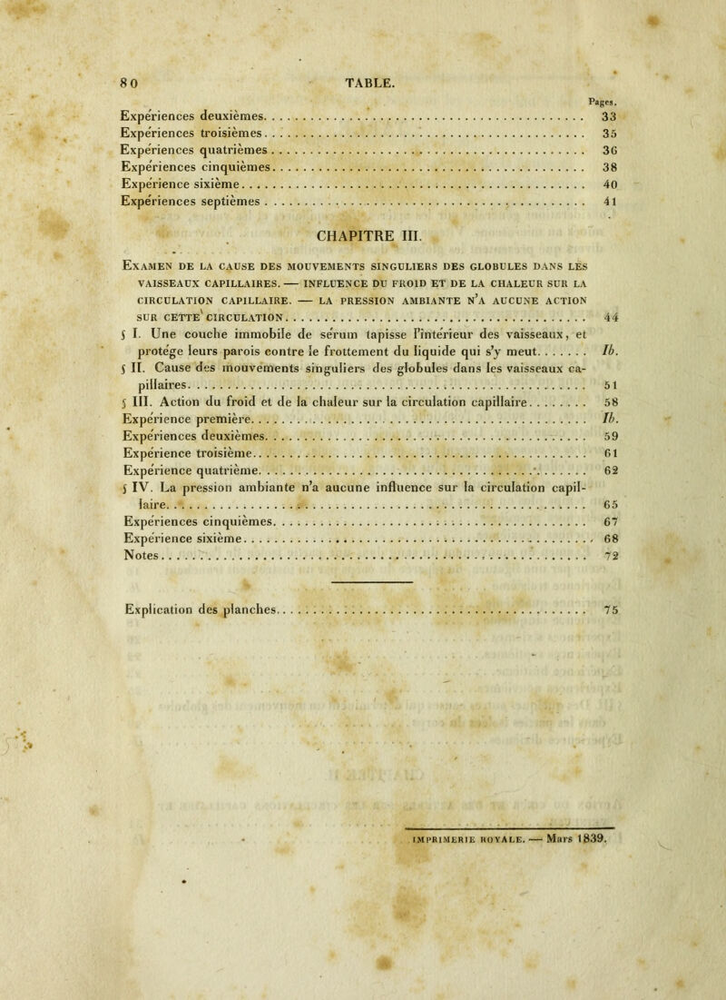 Pages. Expériences deuxièmes 33 Expériences troisièmes 35 Expériences quatrièmes 36 Expériences cinquièmes 38 Expérience sixième 40 Expériences septièmes 41 CHAPITRE III. Examen de la cause des mouvements singuliers des globules dans les VAISSEAUX CAPILLAIRES. INFLUENCE DU FROID ET DE LA CHALEUR SUR LA CIRCULATION CAPILLAIRE. LA PRESSION AMBIANTE N*A AUCUNE ACTION SUR CETTE'CIRCULATION 44 S I. Une couche immobile de sérum tapisse l’intérieur des vaisseaux, et protège leurs parois contre le frottement du liquide qui s’y meut Ib. S II. Cause des mouvements singuliers des globules dans les vaisseaux ca- pillaires 51 $ III. Action du froid et de la chaleur sur la circulation capillaire 58 Expérience première Ib. Expériences deuxièmes 59 Expérience troisième 61 Expérience quatrième 62 J IV. La pression ambiante n’a aucune influence sur la circulation capil- laire. . ~ 65 Expériences cinquièmes 67 Expérience sixième 68 Notes 72 Explication des planches 75 imprimerie royale. — Mars 1839.