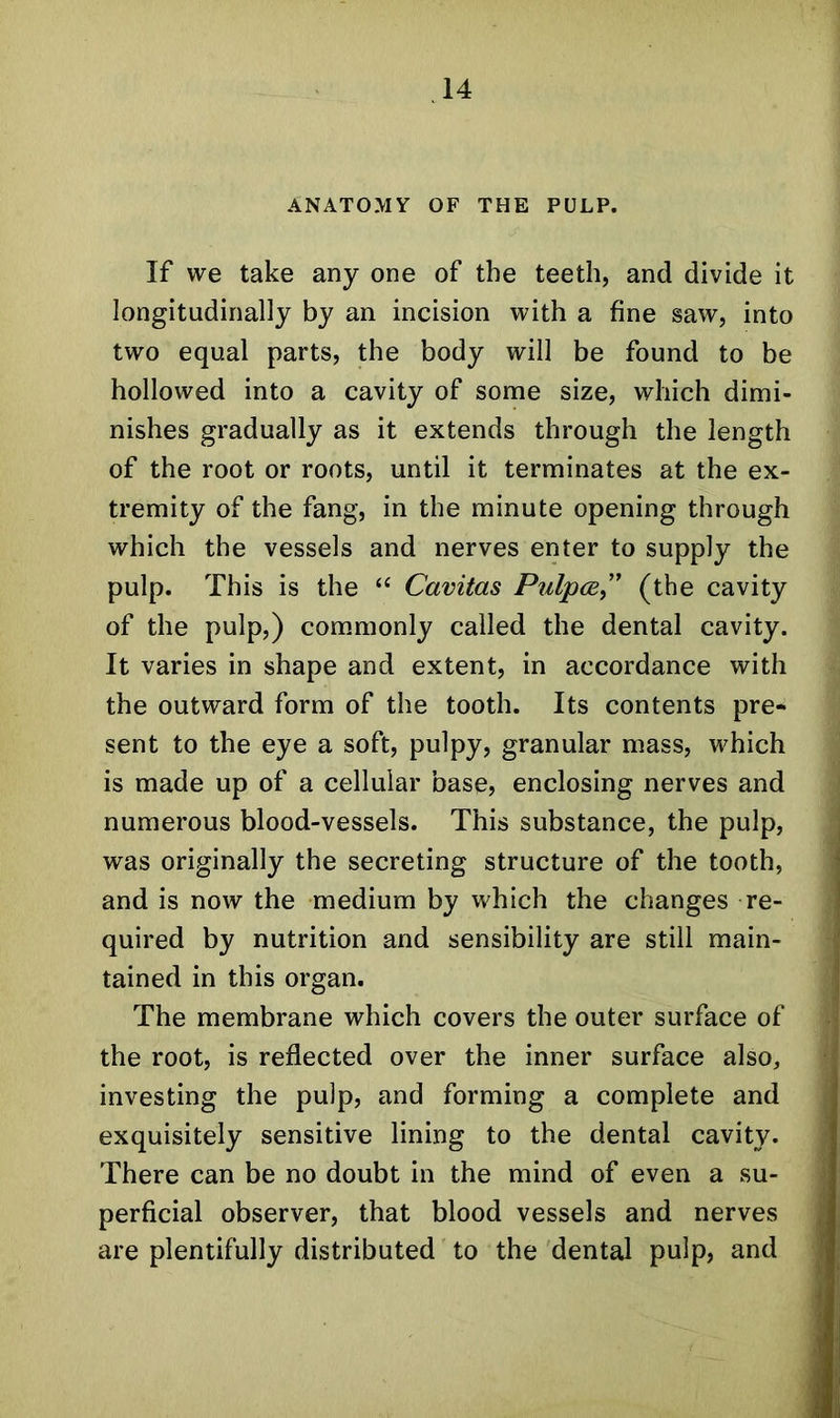 ANATOMY OF THE PULP. If we take any one of the teeth, and divide it longitudinally by an incision with a fine saw, into two equal parts, the body will be found to be hollowed into a cavity of some size, which dimi- nishes gradually as it extends through the length of the root or roots, until it terminates at the ex- tremity of the fang, in the minute opening through which the vessels and nerves enter to supply the pulp. This is the “ Cavitas Pulpce,” (the cavity of the pulp,) commonly called the dental cavity. It varies in shape and extent, in accordance with the outward form of the tooth. Its contents pre- sent to the eye a soft, pulpy, granular mass, which is made up of a cellular base, enclosing nerves and numerous blood-vessels. This substance, the pulp, was originally the secreting structure of the tooth, and is now the medium by which the changes re- quired by nutrition and sensibility are still main- tained in this organ. The membrane which covers the outer surface of the root, is reflected over the inner surface also, investing the pulp, and forming a complete and exquisitely sensitive lining to the dental cavity. There can be no doubt in the mind of even a su- perficial observer, that blood vessels and nerves are plentifully distributed to the dental pulp, and