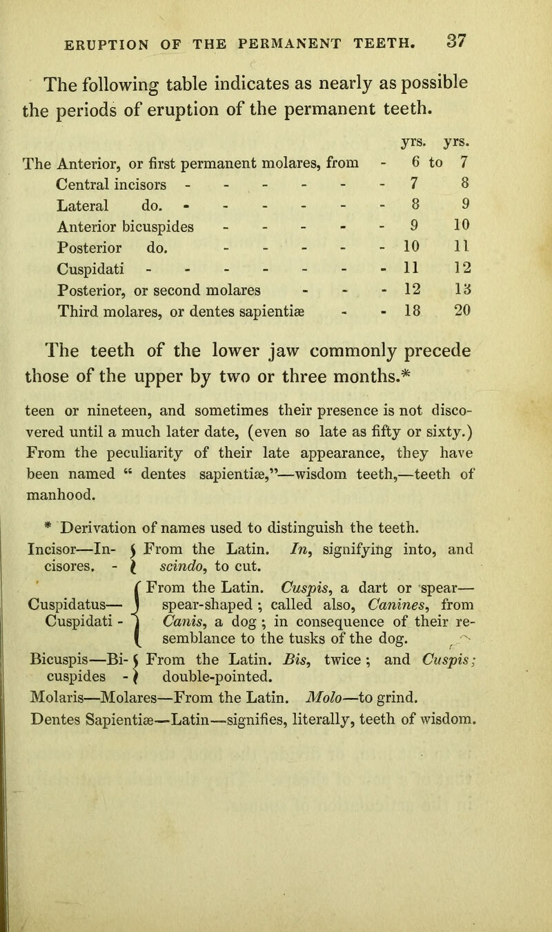 The following table indicates as nearly as possible the periods of eruption of the permanent teeth. The Anterior, or first permanent molares, from Central incisors - Lateral do. Anterior bicuspides - Posterior do. - Cuspidati Posterior, or second molares Third molares, or dentes sapientise yrs. yrs. 6 to 7 - 7 8 - 8 9 - 9 10 - 10 11 - 11 12 - 12 18 - 18 20 The teeth of the lower jaw commonly precede those of the upper by two or three months.* teen or nineteen, and sometimes their presence is not disco- vered until a much later date, (even so late as fifty or sixty.) From the peculiarity of their late appearance, they have been named “ dentes sapientise,”—wisdom teeth,—teeth of manhood. * Derivation of names used to distinguish the teeth. Incisor—In- $ From the Latin. In, signifying into, and cisores. - \ scindo, to cut. ( From the Latin. Cuspis, a dart or spear— Cuspidatus— J spear-shaped ; called also, Canines, from Cuspidati - j Cams, a dog; in consequence of their re- ( semblance to the tusks of the dog. f ' Bicuspis—Bi- $ From the Latin. Bis, twice; and Cuspis; cuspides - \ double-pointed. Molaris—Molares—From the Latin. Molo—to grind. Dentes Sapientise—Latin—-signifies, literally, teeth of wisdom.