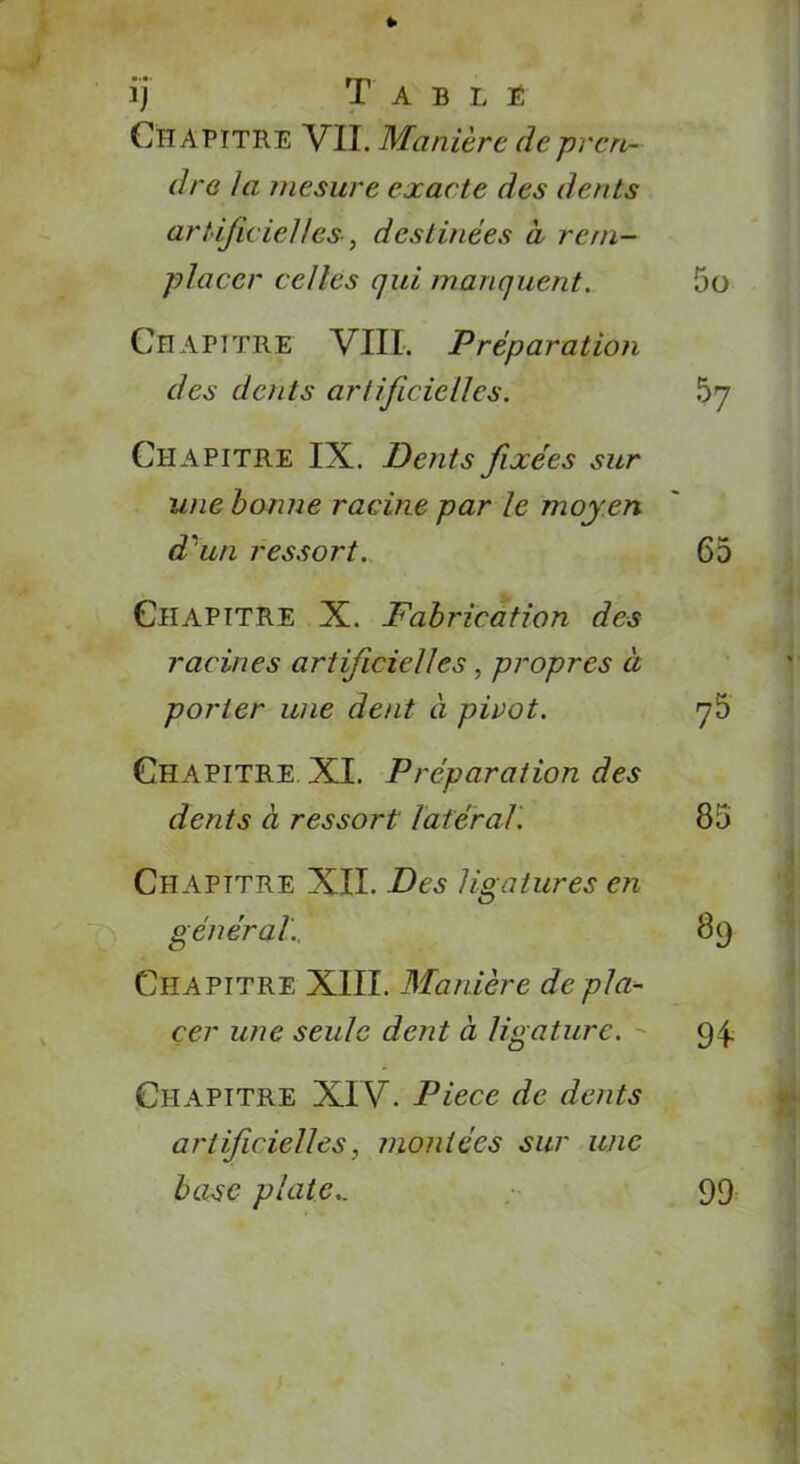 ij Tablé Chapitre VII. Manière dep ren- dre la mesure exacte des dents artificielles-, destinées à rem- placer celles qui manquent. 5o Chapitre VIII. Préparation des dents artificielles. 57 Chapitre IX. Dents fixées sur une bonne racine par le moyen d'un ressort. 65 Chapitre X. Fabrication des racines artificielles, propres à porter une dent à pivot. 75 Chapitre XI. Préparation des dents à ressort latéral. 85 Chapitre XII. Des ligatures en général.. 89 Chapitre XIII. Manière de pla- cer une seule dent à ligature. 94. Chapitre XIV. Piece de dents artificielles, montées sur une base plate.. 99