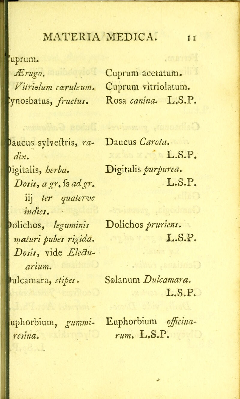 .uprum. JErugo. Vitrielum cccrule uni. !ynosbatus, fructus• )aucus sylveftris, ra- dix. )igitalis, herba. Dos is, a gr% fs adgr. iij ter quater ve I indies. )olichos, leguminis maturi pubes rigida. Do sis, vide Eleftu- arium. lulcamara, stipes. uphorbium, gummi- resina. Cuprum acetatum. Cuprum vitriolatum. Rosa canina. L.S.P. Daucus Carota. L.S.P. Digitalis purpurea. L.S.P. Dolichos pruriens. L.S.P. Solanum Dulcamara, L.S.P. Euphorbium officina- rum. L.S.P.