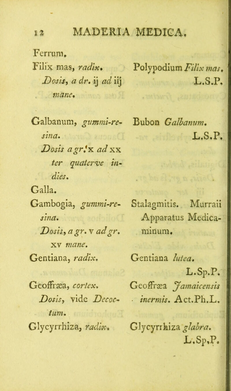 Ferrum, Filix mas, radix. Dosis, a dr. ij ad iij mane, Galbanum, gummi-re- sina, Dosis agrfx ad xx /ter quaterve in- dies, Galla. Gambogia, gummi-re- sina, Dosis, a gr, v adgr, XV Gentiana, r<2<&c. GeofFraea, cortex, Dosis, vide Decoc- tum, Glycyrrhiza, m&e. Polypodium /V//* /wa/# L.S.P. Bubon Galbanum. L.S.P. Stalagmitis. Murraii Apparatus Medica- minum. Gentiana /ato. L.Sp.P. GeofFraea Jamaicensis ■ inermis, Act.Ph.L. Glycyrrkiza glabra.