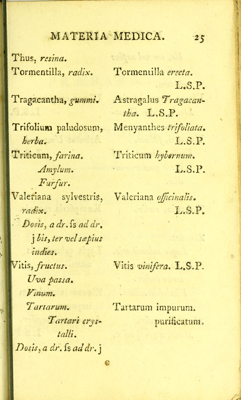 I Thus, resina, Tormentilla, radix, Tragacantha, gumini. Trifolium paludosum, herla. Triticum, farina. Amylum. Furfur, Valeriana sylvestris, | radix. Desis: a clr, fs ad dr% Ij 3/f, ter <!><?/ sapius in dies, I Vitis, fructus. Uva passa. Vinum, ,(t Fartarum, Fartari crys- talli, Dosis, <3 dr, fs rfr. j Tormentilla erecta, L.S.P. Astragalus F ravae an- tha, L.S.P. Menyanthes trifaliata, L.S.P. Triticum hyhernum, L.S.P. Valeriana officinalis• L.S.P. Vitis vinifera, L.S.P. Tartarum impurum. purificatum. e